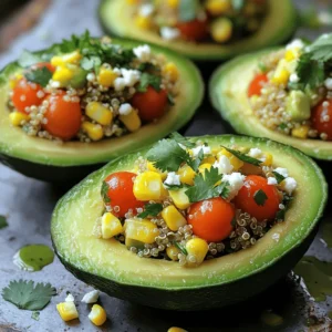 - 2 ripe avocados, halved and pitted - 1 cup quinoa, rinsed - 2 cups vegetable broth or water - 1 cup cherry tomatoes, diced - 1 small red onion, finely chopped - 1 cup canned black beans, rinsed and drained - 1 cup corn kernels (fresh or frozen) - 1/4 cup fresh cilantro, chopped - Juice of 2 limes - 1 teaspoon garlic powder - Salt and pepper to taste - Optional: Crumbled feta cheese for topping Using high-quality ingredients makes a big difference. Fresh avocados give the best taste. Rinse the quinoa well to remove bitterness. You can swap quinoa for rice if needed. If you're vegan, skip the feta cheese or use a plant-based option. To start, you need to boil the broth or water. Pour 2 cups of vegetable broth or water into a medium saucepan. Bring it to a boil over medium heat. Once boiling, add 1 cup of rinsed quinoa. Cover the pot and reduce the heat to low. Let it simmer for 15 minutes. The liquid should absorb completely. Fluff the quinoa with a fork and set it aside to cool. For perfect quinoa, rinse it well before cooking. This helps remove the saponins, which can taste bitter. Make sure to keep an eye on the pot. If it runs dry, the quinoa may burn. Next, it’s time to mix the filling. In a large mixing bowl, add the cooled quinoa. Then, add 1 cup of diced cherry tomatoes, 1 small finely chopped red onion, 1 cup of rinsed and drained black beans, and 1 cup of corn kernels. Don’t forget to add 1/4 cup of chopped fresh cilantro. Now, to evenly distribute the lime juice, squeeze the juice of 2 limes over the mixture. Sprinkle in 1 teaspoon of garlic powder, along with salt and pepper to taste. Use a spoon to mix everything well. This ensures each bite is packed with flavor. Now, let’s stuff the avocados. First, halve the 2 ripe avocados and remove the pit. If you want, scoop out a little flesh to make space for the filling. Be careful not to break the skin. Spoon the quinoa mixture generously into each avocado half. Pack it well so it stays in place. If you like, sprinkle crumbled feta cheese on top for added flavor. Your avocados are now ready to serve! To make your cilantro lime quinoa stuffed avocado pop, try these seasoning tips: - Add a pinch of cumin for warmth. - Swap lime juice for lemon juice for a different zing. - Mix in jalapeños for a spicy kick. Balancing flavors is key. You can do this by: - Adding diced bell peppers for sweetness. - Using more fresh herbs like parsley or basil. - Including a drizzle of olive oil to round out the taste. A beautiful plate makes your dish even more inviting. Here are some plating tips: - Use a colorful plate to contrast the green avocado. - Arrange the stuffed halves neatly, with the filling visible. - Serve with a lime wedge on the side for a fresh touch. For garnishing ideas, consider: - Sprinkling extra cilantro on top. - Adding a few cherry tomato halves for color. - Crumbling feta over the filling for a nice finish. Using the right tools makes cooking easier. Here are some must-haves: - A medium saucepan for cooking quinoa. - A good knife for cutting avocados. A sharp knife helps you slice cleanly. - A mixing bowl for combining ingredients. A good knife is vital. It helps you safely and easily cut through the avocado’s skin. Plus, it lets you scoop out the flesh without damage. {{image_2}} You can easily switch up the protein in your Cilantro Lime Quinoa Stuffed Avocado. If you don't want to use black beans, try these options: - Chickpeas: They add a nice texture and protein boost. - Grilled chicken: This adds a savory flavor and makes it heartier. - Shrimp: Lightly grilled shrimp will add a touch of elegance to the dish. These proteins mix well with the quinoa and enhance the taste. You can customize based on your mood or what you have at home. If you want a vegetarian or vegan twist, there are simple ideas to try. Use dairy-free cheese options like cashew cheese or nutritional yeast for a cheesy flavor without dairy. Want a heartier dish? Add more veggies! Here are some great choices: - Bell peppers: These add crunch and color. - Zucchini: Grated zucchini blends well in the mix. - Spinach: Adding fresh spinach boosts nutrients and flavor. These changes keep it fresh and fun while making it suitable for everyone. You can take your stuffed avocado to new places with different herbs and spices. For a Mexican flair, add cumin or chili powder. If you crave an Italian vibe, try basil or oregano. Here are a few ideas to infuse global cuisine: - Curry powder: This gives a warm, unique flavor. - Fresh dill: A great way to add a bright, fresh taste. - Sriracha: For a spicy kick, drizzle some Sriracha on top. These flavors will surprise your taste buds and keep every bite exciting! To store leftover stuffed avocados, first, cover them with plastic wrap. This helps keep them fresh. Place them in the fridge. Eat them within one day for the best taste. If you have leftover quinoa, store it in an airtight container. Place it in the fridge for up to three days. To keep ingredients fresh, store avocados at room temperature until ripe. Once ripe, use them right away or place them in the fridge. To reheat quinoa without losing texture, add a splash of water. Place it in a microwave-safe bowl and cover it with a damp paper towel. Microwave for one minute, then fluff it with a fork. You can also reheat it on the stove. Just warm it on low heat, stirring often. For serving leftovers, you can add fresh lime juice or extra cilantro. This gives the dish a bright taste. You can also mix in diced veggies for added crunch. To keep avocados fresh, use these tips: - Lemon or lime juice: Squeeze some juice on cut avocado. This slows browning. - Olive oil: Brush the flesh with olive oil for a barrier against air. - Plastic wrap: Wrap the avocado tightly to limit exposure to air. - Onion method: Store avocado with a slice of onion in a sealed container. Yes, you can make the quinoa filling in advance. Here are some tips: - Store in the fridge: Keep the mixture in a sealed container. It stays fresh for up to three days. - Mix just before serving: This keeps the flavors sharp and vibrant. Add lime juice right before you fill the avocados. You can enjoy stuffed avocados in many ways: - Side salad: Pair with a simple green salad for a light meal. - Tortilla chips: Serve with chips for a crunchy side. - Salsa: Add some fresh salsa or pico de gallo for extra flavor. - Grains: Serve over a bed of brown rice or quinoa for a heartier dish. For the complete recipe of Cilantro Lime Quinoa Stuffed Avocado, click [here](#). In this blog post, we explored how to make cilantro lime quinoa stuffed avocados. We covered key ingredients, preparation steps, and helpful tips to make this dish a hit. You can enhance flavors and adapt recipes to fit your taste. Make sure to follow storage advice to keep your avocados fresh. Eating well can be simple and fun. Enjoy your cooking journey and try new flavor twists!