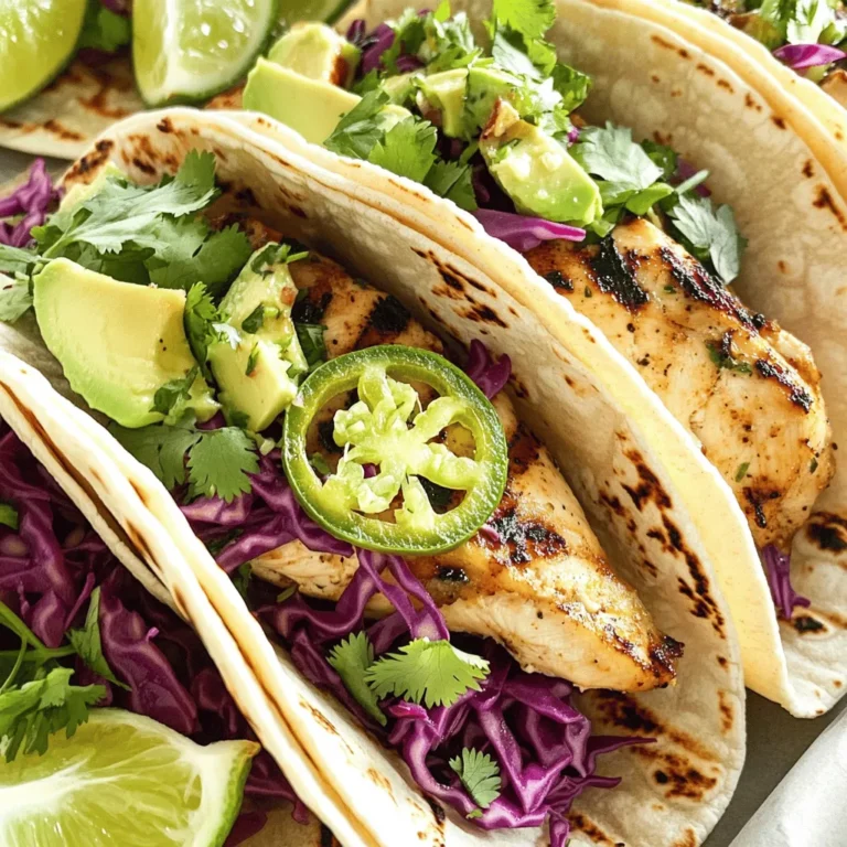 - 1 lb boneless, skinless chicken thighs - 2 fresh jalapeños, finely chopped - 3 cloves garlic, minced The key to these tacos is the chicken. I use tender chicken thighs for their flavor and juiciness. The jalapeños add a nice kick. You can adjust how spicy your tacos get based on how many jalapeños you use. The garlic gives a warm, savory touch. - Juice and zest of 2 limes - 2 tablespoons olive oil - Ground cumin and smoked paprika For the marinade, I combine lime juice and zest for brightness. The olive oil keeps the chicken moist. Cumin adds earthiness, while smoked paprika brings a hint of smoke. This blend makes the chicken delicious and full of flavor. - Corn or flour tortillas (8 small) - Shredded red cabbage - Sliced avocado and fresh cilantro When it comes to assembly, I recommend using small tortillas. They are easy to hold and eat. Shredded red cabbage adds crunch and color. Sliced avocado brings creaminess, and fresh cilantro offers a burst of freshness. This combo creates a perfect balance of flavors and textures. To start, we need to make a zesty marinade for our chicken. Grab a bowl and combine these ingredients: - 2 fresh jalapeños, finely chopped - 3 cloves garlic, minced - Juice of 2 limes - Zest of 1 lime - 2 tablespoons olive oil - 1 teaspoon ground cumin - 1 teaspoon smoked paprika - Salt and pepper to taste Mix them well. The jalapeños give a nice kick, while the lime adds brightness. Next, take your 1 pound of boneless, skinless chicken thighs. Coat the chicken thoroughly with the marinade. Cover the bowl and place it in the fridge for at least 30 minutes. If you have time, let it sit for up to 2 hours for more flavor. Now it’s time to grill! Preheat your grill or grill pan over medium-high heat. I always make sure it’s hot before adding the chicken. This helps to get those lovely grill marks. Once it’s hot, place the marinated chicken on the grill. Grill each side for about 5 to 7 minutes. You’ll know it’s done when the chicken is no longer pink in the center and has beautiful grill marks. After grilling, remove the chicken and let it rest for a few minutes. This helps keep it juicy. Then, slice the chicken into thin strips. Let’s put it all together! Warm your tortillas by placing them on the grill for about 30 seconds on each side until they are soft and pliable. Now, take each tortilla and add a few strips of grilled chicken. Top with shredded red cabbage, sliced avocado, and fresh cilantro. For extra flavor, serve the tacos with lime wedges on the side. Squeeze some lime juice on top for a bright finish. Enjoy your fresh and zesty jalapeño lime grilled chicken tacos! To get those nice grill marks, preheat your grill to medium-high heat. This helps sear the chicken well. Place the chicken on the grill and don’t move it for 5-7 minutes. This gives it time to form those beautiful lines. Flip it carefully, and let it cook on the other side. For even cooking, make sure your chicken is of similar thickness. If you have thick parts, pound them down a bit. This helps everything cook at the same rate. For the best taste, marinate your chicken for at least 30 minutes. If you can wait up to 2 hours, do it! The longer it sits, the more flavor it absorbs. You can customize the marinade by adding other spices. Try chipotle powder for added heat or honey for sweetness. Mix and match to find your favorite taste. These tacos shine with fresh sides. Try serving with a simple salad or black beans. You can also add some corn on the side for a sweet crunch. For drinks, a light beer or a refreshing limeade pairs well. You can also serve sparkling water with lime for a zesty touch. Enjoy your meal with friends for a fun taco night! {{image_2}} You can swap out chicken thighs for other meats like beef or pork. Each meat brings its own flavor. For a lighter choice, try shrimp or fish. Just make sure to adjust the cooking time based on the protein you use. If you prefer a vegetarian option, use plant-based proteins. Tofu or tempeh work well and soak up all the flavors. You can also use black beans or lentils for a hearty filling. To change the flavor, add spices or herbs to the marinade. Try cilantro, oregano, or even a bit of chili powder for extra kick. You can also mix in some honey for sweetness. For toppings, think outside the box. Instead of cabbage, use diced tomatoes or mango salsa. Pickled onions or jalapeños add a nice zing. A drizzle of spicy crema can take your tacos to another level. You have many options for tortillas. Use corn for a classic taste or flour for a softer bite. You can even try whole wheat for a healthier twist. If you need gluten-free tortillas, there are many brands available. Look for ones made from corn or chickpeas. They can hold all the tasty fillings and keep your tacos intact. To keep grilled chicken fresh, place it in an airtight container. Make sure to cool it first. Store the chicken in the fridge for up to four days. When reheating, use a skillet over medium heat. Add a splash of water to keep it moist. Heat until warmed through, about 5 minutes. For unused tortillas, wrap them in foil or plastic wrap. Store them in the fridge to keep them fresh. To keep tortillas soft, warm them in a skillet for a few seconds per side. You can also cover them with a damp paper towel while microwaving. To freeze marinated chicken, place it in a freezer bag. Remove as much air as possible before sealing. Freeze the chicken for up to three months. When ready to use, thaw it overnight in the fridge. Grill it as usual when it’s fully thawed. Yes, you can use chicken breasts. Chicken thighs have more fat, making them juicier. They also add a richer flavor. Chicken breasts cook faster and can be drier if overcooked. If you choose breasts, watch them closely on the grill. Cook them for about 4-6 minutes on each side. This way, they stay moist and tasty. These tacos pack a mild to medium heat. The fresh jalapeños give them a nice kick. If you prefer less heat, remove the seeds from the jalapeños. You can also use just one jalapeño instead of two. For more heat, keep the seeds or add hot sauce. Adjust the spice level to fit your taste. If you want a change from cabbage, try these tasty options: - Shredded lettuce for a crunchy texture - Diced tomatoes for freshness - Sliced radishes for a peppery bite - Chopped green onions for a mild onion flavor You can also serve a side salad with avocado and lime dressing. These alternatives will keep your tacos fresh and fun! In this post, I covered how to make delicious grilled chicken tacos. We explored the key ingredients, including chicken thighs, fresh jalapeños, and a tasty marinade. I provided step-by-step instructions for marinating and grilling the chicken, and I shared tips for taco assembly. Remember, you can switch proteins or tortillas to fit your taste. Enjoy experimenting with your favorite flavors! Keep your tacos fresh by storing leftovers properly. Now, grab your grill and get cooking!