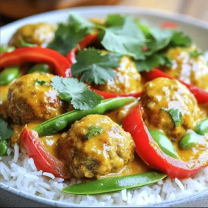 - 1 lb ground chicken or turkey - 1/2 cup breadcrumbs - 1/4 cup fresh cilantro, chopped - 1 tablespoon fish sauce These main ingredients create the base of our meatballs. I prefer ground chicken for a lighter taste, but ground turkey works too. Breadcrumbs help bind the meatballs and keep them moist. Fresh cilantro adds a bright flavor. Fish sauce gives a savory kick that ties everything together. - 2 teaspoons grated ginger - 2 cloves garlic, minced - 1 tablespoon red curry paste Adding ginger and garlic amps up the flavor. Grated ginger gives warmth, while minced garlic brings depth. Red curry paste adds heat and spice. It’s a key ingredient in this dish. A little goes a long way in creating that authentic Thai taste. - 1 can (13.5 oz) coconut milk - 1 cup chicken broth - 1 red bell pepper, sliced - 1 cup sugar snap peas - 2 tablespoons lime juice Coconut milk forms the creamy base of the sauce. It blends well with chicken broth for a rich flavor. Red bell pepper adds sweetness and color, while sugar snap peas add crunch. A splash of lime juice brightens everything up. This mix creates a tasty sauce that pairs perfectly with the meatballs. - In a large bowl, combine: - 1 lb ground chicken or turkey - 1/2 cup breadcrumbs - 1/4 cup fresh cilantro, chopped - 1 tablespoon fish sauce - 2 teaspoons grated ginger - 2 cloves garlic, minced - Salt and pepper to taste Mix these ingredients until they blend well. This mixture will give your meatballs great flavor. - Now, form the mixture into meatballs about 1 inch in size. Place them on a baking sheet. This helps keep them from sticking together. - In a large skillet or wok, pour in: - 1 can (13.5 oz) coconut milk - 1 cup chicken broth Set the heat to medium. Stir in 1 tablespoon of red curry paste until it mixes well with the liquids. This will create a rich sauce. - Once the sauce simmers, gently add the meatballs to the skillet. Cover and cook them for about 10-12 minutes. Turn the meatballs occasionally. This helps them cook evenly and stay juicy. - After the meatballs are cooked, add: - 1 red bell pepper, sliced - 1 cup sugar snap peas Cook for an additional 3-5 minutes. This makes the vegetables tender but still crisp. - Stir in 2 tablespoons of lime juice. Taste and adjust with salt and pepper if needed. This adds a bright, fresh flavor to your dish. Now, serve the meatballs and curry sauce over cooked jasmine rice. Enjoy the delightful mix of flavors! To ensure your meatballs hold together, use the right mix of ground meat and breadcrumbs. Ground chicken or turkey works best. The breadcrumbs help bind the meat. Without them, your meatballs might fall apart. Cook the meatballs for about 10-12 minutes in the sauce. They should be firm and no longer pink inside. Turn them gently while cooking for even heat. You can check doneness with a meat thermometer. Aim for 165°F. Balancing spices is key. Start with red curry paste for heat. Add fish sauce for depth. Taste as you go. If the flavors seem off, adjust them. Add a bit more lime juice for brightness or sugar for sweetness. Want it spicier? Add more red curry paste or a pinch of chili flakes. For less heat, use less paste. You can also remove seeds from bell peppers. This helps tone down the spice. For the best pairing, serve these meatballs over jasmine rice. Its soft texture soaks up the sauce well. You can also use brown rice for a healthier option. Garnish with fresh cilantro for a pop of color. A squeeze of lime adds freshness. You can even add chopped peanuts for crunch. Enjoy your meal! {{image_2}} If you want to switch up the meat, try using ground pork or beef. These options bring their own flavors. For a lighter touch, you can choose ground turkey. It still works well and keeps the dish tasty. For those who prefer plant-based meals, you have great options too. Use lentils or chickpeas as a base for meatballs. You can also use store-bought vegan meat substitutes. These choices keep the dish hearty and satisfying. Want to change the flavor? You can add different curry pastes. Green or yellow curry paste will give a new twist. Each paste brings its own spice and depth. You can also try adding a dash of curry powder for extra warmth. Explore unique vegetables too. Try adding zucchini, carrots, or eggplant. These veggies soak up the sauce well and add color. You can even throw in some spinach for extra greens. It will make the dish even more colorful and healthy. You can embrace Thai-inspired twists by adding fresh herbs like basil or mint. These herbs boost the aroma and flavor. You might also consider adding a touch of tamarind for a bit of tang. If you want to get creative, think of fusion ideas. You could serve the meatballs with tortillas for a taco night. Another idea is to pair them with pasta, creating a Thai-Italian fusion. This makes the dish fun and unexpected! To keep your Thai Coconut Curry Meatballs fresh, store them in a sealed container. This helps keep out air and moisture. The meatballs will taste best if you eat them within three days. If you want to save them longer, freezing is a great option. In the fridge, the meatballs last about three days. After that, they may lose flavor and texture. Always check for any off smells or changes in color before eating. This ensures your dish remains safe and enjoyable. To freeze meatballs and sauce, let them cool first. Then, place them in freezer bags or containers. Make sure to remove as much air as possible. This helps prevent freezer burn. You can freeze both meatballs and sauce together or separately. When ready to enjoy frozen meatballs, thaw them overnight in the fridge. Reheat them in a skillet over medium heat. Add a splash of chicken broth or coconut milk to keep them moist. Heat until warmed through, about 10 minutes. For busy weeknights, make meatballs ahead of time. You can prepare them on the weekend and store them in the fridge. Portion them into meals for easy cooking during the week. Divide meatballs into single servings. This way, you can grab one from the fridge whenever you need a quick meal. Pair them with rice or veggies for a balanced dish. Yes, you can use other meats. Ground beef or pork works well too. For a lighter option, try ground turkey. If you prefer a meatless dish, plant-based meat substitutes are great. Just ensure they have enough flavor to match the spices in the recipe. Check the meatballs for an internal temperature of 165°F. You can also cut one open to check if it’s no longer pink inside. If the juices run clear, they are ready. Cooking time is about 10-12 minutes in the sauce. Keep an eye on them to avoid overcooking. Serve these meatballs over jasmine rice for a classic pairing. You can also try rice noodles for a fun twist. Fresh veggies like broccoli or a simple green salad brighten up the meal. A side of naan or crusty bread soaks up the tasty sauce too. You now have all the steps to make tasty Thai Coconut Curry Meatballs. We started with key ingredients, from ground chicken to fresh spices. Next, I shared instructions to create flavorful meatballs. Then, I gave tips for perfecting your dish and unique variations. Try these recipes for quick meals or special occasions. The flavors will impress everyone at your table. Enjoy the cooking process and have fun creating your own version!
