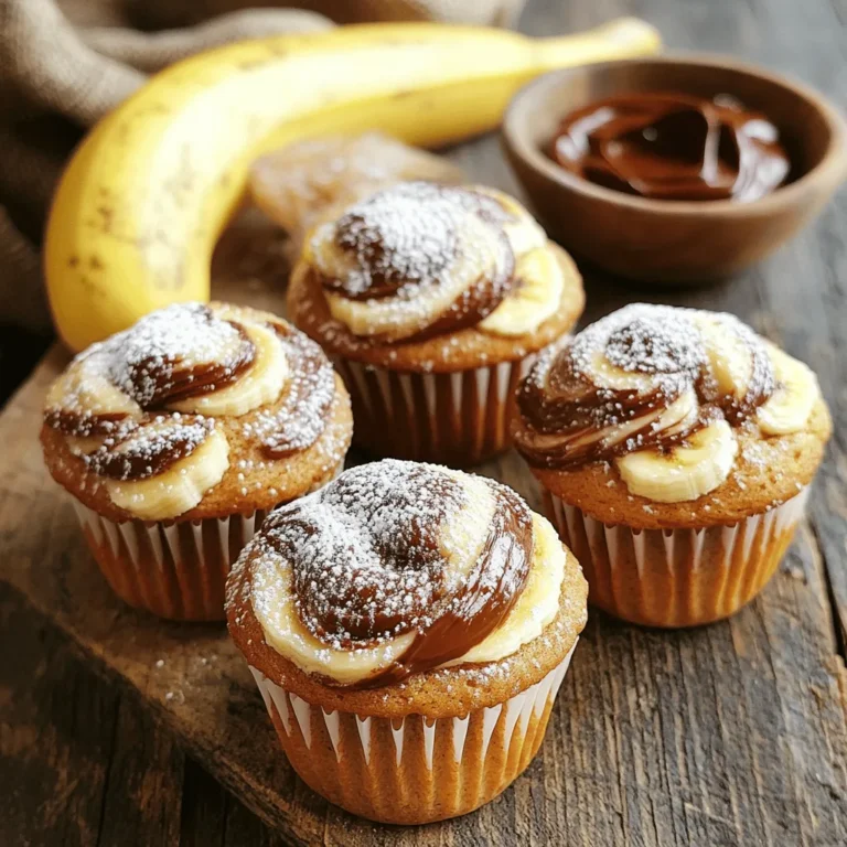 To make Nutella Swirl Banana Muffins, you need a few simple ingredients. Here’s what you will need: - 2 ripe bananas, mashed - 1/3 cup melted coconut oil - 1/2 cup sugar (or coconut sugar) - 1 large egg - 1 teaspoon vanilla extract - 1 teaspoon baking soda - Pinch of salt - 1 cup all-purpose flour - 1/4 cup Nutella (plus extra for swirling) - Optional: Chopped walnuts or chocolate chips for added texture Each ingredient plays a role. The ripe bananas add sweetness and moisture. Coconut oil gives a rich flavor and keeps the muffins soft. Sugar sweetens the mix, while the egg binds everything together. Vanilla adds a nice aroma, and baking soda helps the muffins rise. The flour gives structure. Nutella adds that delightful swirl and chocolate taste. You can use walnuts or chocolate chips for extra crunch or sweetness. Using these ingredients, you can create a treat that is not just tasty but also fun to make! Start by preheating your oven to 350°F (175°C). This step is crucial. A hot oven helps the muffins rise and bake evenly. While the oven heats up, you can prepare the muffin tin. In a large bowl, mash the two ripe bananas. Then, add 1/3 cup of melted coconut oil. Mix these well until they are smooth. Next, add 1/2 cup of sugar and one large egg. Pour in 1 teaspoon of vanilla extract. Stir until everything is well combined. Sprinkle 1 teaspoon of baking soda and a pinch of salt over the mixture. Stir again until it is mixed in. Gradually add 1 cup of all-purpose flour to the bowl. Use a spatula to fold it in gently. Be careful not to overmix. It is okay if there are a few lumps. If you want a crunch, fold in some chopped walnuts or chocolate chips at this point. Line a muffin tin with paper liners or lightly grease it. This will keep the muffins from sticking. Use a scoop to fill each muffin cup about two-thirds full with batter. Leave space for the muffins to rise. Now comes the fun part! Drop a teaspoon of Nutella on top of each muffin batter. Take a toothpick or a knife and swirl the Nutella into the batter. Aim for a marbled look, but don’t mix it too much. Place the muffin tin in the preheated oven. Bake for 18-20 minutes. Check for doneness by inserting a toothpick in the center of a muffin. If it comes out clean, the muffins are ready! Let them cool in the pan for a few minutes before moving them to a wire rack. Enjoy your warm treats! To create that perfect Nutella swirl, use a toothpick or knife. Drop a teaspoon of Nutella on top of the batter. Then, gently swirl it into the batter. Don’t mix too much; you want to see swirls, not just brown. Practice makes perfect, so have fun with it! If you need to make changes for dietary reasons, you can easily adapt this recipe. Use gluten-free flour instead of all-purpose flour for a gluten-free option. You can replace the egg with a flax egg for a vegan twist. Simply mix one tablespoon of flaxseed meal with three tablespoons of water, and let it sit for five minutes. Want to add extra flavor? Chopped walnuts or chocolate chips make great additions. They add texture and a bit of crunch. You can also try adding a dash of cinnamon or a splash of almond extract. These small tweaks can elevate the muffins and make them even more special. {{image_2}} You can mix Nutella with peanut butter for a tasty twist. Start by adding 1/4 cup of creamy peanut butter to the Nutella. Swirl both into your muffin batter for a rich flavor. The peanut butter adds a nutty taste that pairs well with bananas. This combo makes each bite extra special. If you want a healthier muffin, try using whole wheat flour. Replace all-purpose flour with the same amount of whole wheat flour. This change gives your muffins more fiber and nutrients. The taste is still great, and it helps you feel full longer. You might also cut back on sugar or use honey instead. For a vegan twist, swap the egg for a flax egg. To make a flax egg, mix 1 tablespoon of ground flaxseed with 3 tablespoons of water. Let it sit for about five minutes until it thickens. This option keeps your muffins fluffy while being egg-free. You can also replace the coconut oil with a light vegetable oil. To keep Nutella swirl banana muffins fresh, store them in an airtight container. This helps keep them moist. Place a piece of parchment paper or a paper towel at the bottom to absorb extra moisture. You can store them at room temperature for up to three days. If you want them to last longer, the fridge is a good option, but they may dry out a bit. Freezing is a great way to save your muffins for later. First, let them cool completely. Then, wrap each muffin tightly in plastic wrap or aluminum foil. Place the wrapped muffins in a freezer-safe bag. You can freeze them for up to three months. When you’re ready to eat, just pull one out! To reheat your muffins, I recommend using the oven. Preheat it to 350°F (175°C). Place the muffins on a baking sheet and warm them for about 10 minutes. This method helps restore their soft texture. If you're in a hurry, you can use the microwave. Heat each muffin for 15-20 seconds. Just be careful not to overheat, or they may become tough. Enjoy your warm, gooey Nutella swirl banana muffins! Yes, you can use frozen bananas. Just let them thaw first. Once they are soft, mash them as you would with fresh bananas. This works great and adds natural sweetness to the muffins. To make these muffins gluten-free, use a gluten-free flour blend. Many stores sell these blends. Make sure the blend has xanthan gum in it. This helps the muffins hold together. Serve these muffins warm for the best taste. You can sprinkle powdered sugar on top for a nice touch. A small bowl of extra Nutella for dipping makes it even better! Enjoy these treats as a snack or for breakfast. You learned about making Nutella Swirl Banana Muffins from start to finish. We covered the key ingredients, step-by-step instructions, and tips for success. You can try different variations to suit your taste. Remember to store your muffins properly for the best results. With these recipes and hints, you can enjoy delicious muffins any time. Baking can be fun and easy with the right guidance. Enjoy your muffin-making journey!