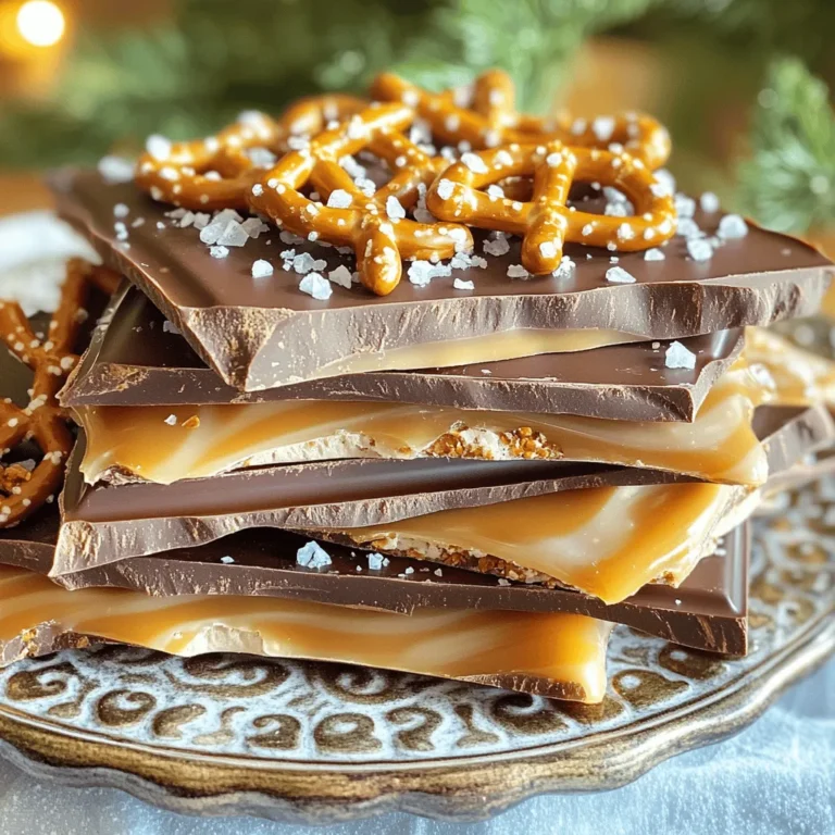 For this recipe, I use two types of chocolate. The first is semi-sweet chocolate chips, which give a deep, rich taste. The second is milk chocolate chips, adding a creamy touch. Mixing these two chocolates creates a balanced flavor. You can also try dark chocolate for a bolder taste. I use 1 cup of crushed pretzels for a nice crunch. You can crush them in a bag with a rolling pin or use a food processor. Make sure you don’t turn them into powder; small pieces work best. This gives a great texture to the bark. The saltiness of the pretzels pairs well with the sweet chocolate. You can use 1/2 cup of caramel sauce for this recipe. You have two options: homemade or store-bought. If you want to make it from scratch, simply melt sugar until it turns brown, then add butter and cream. Store-bought caramel is easy and quick. Both options add a delicious, gooey layer to the bark. First, gather all your ingredients. You need semi-sweet chocolate chips, milk chocolate chips, crushed pretzels, caramel sauce, and sea salt. Line a baking sheet with parchment paper. This will keep the bark from sticking. Make sure the paper is smooth and flat. A clean workspace helps you stay organized and focused. Next, take a microwave-safe bowl. Add the semi-sweet and milk chocolate chips. Heat them in the microwave. Do this in 30-second intervals. Stir after each interval until smooth. This should take about 1 to 2 minutes. Be careful not to overheat the chocolate. You want it melted, not burned. Now, pour the melted chocolate onto the parchment-lined baking sheet. Use a spatula to spread it out. Make it as thick as you like. Drizzle the caramel sauce over the chocolate in a zig-zag pattern. Take a toothpick or skewer to swirl the caramel gently. This creates a beautiful marbled look. Sprinkle the crushed pretzels over the top. Press them down lightly so they stick. Finally, add a light sprinkle of sea salt to enhance the flavor. Place the baking sheet in the fridge for at least 1 hour. This allows the chocolate to set properly. Once it’s firm, break the bark into pieces. Store them in an airtight container. Enjoy your delicious treat! To get the right layer thickness, spread the chocolate evenly. Use a spatula to smooth it out. Aim for about 1/4 inch thick. This thickness gives a nice balance of chocolate and crunch. If it's too thin, the bark may break easily. If it's too thick, it can be hard to bite. Sea salt brings out the sweet flavors. After adding your pretzels, sprinkle a pinch of sea salt on top. This small touch makes a big difference. The salt cuts through the sweetness and adds a nice contrast. I love using flaky sea salt for extra crunch. When you drizzle the caramel, do it in a zig-zag pattern. This creates a fun look. Use a toothpick to swirl the caramel into the chocolate. Don't overdo it; you want to see both colors. This adds flair and makes your bark look gourmet. {{image_2}} You can create fun twists on caramel pretzel chocolate bark. Try adding nuts for crunch, like almonds or pecans. Dried fruits also add a nice touch. Consider using mini marshmallows for a sweet, chewy bite. You could even add a sprinkle of toffee bits for extra sweetness. Each of these options brings a new flavor and texture. Mixing flavors can make your bark more exciting. Try using dark chocolate instead of semi-sweet. This change gives a richer taste. If you love fruit, add orange zest or crushed berries. These flavors pair well with caramel. You might enjoy a hint of espresso powder in the chocolate for a coffee kick. Experiment with mint extract for a fresh twist. How you present your bark can impress guests. Instead of breaking it into pieces, cut it into neat squares. You can even use cookie cutters for fun shapes. Place the bark in small treat bags for gifts. Serve it on a colorful platter, and add a dip of extra caramel sauce. These little touches make your treat stand out. To keep your Caramel Pretzel Chocolate Bark fresh, store it in an airtight container. Make sure the container is clean and dry. Place a piece of parchment paper between layers if you stack the bark. This will help prevent sticking. Keep the container in a cool, dry place. Avoid areas near heat or direct sunlight. When stored properly, your bark can last up to two weeks. After that, the flavors may fade. If you notice any changes in texture or smell, it’s best to toss it. Make sure to check often, especially if you have a sweet tooth! If you want to save some for later, freezing is a great option. Wrap the bark tightly in plastic wrap. Then place it in a freezer-safe bag or container. This will help keep it fresh for up to three months. To enjoy, thaw the bark in the fridge overnight. This helps maintain its texture and flavor. Yes, you can swap the chocolate types. Dark chocolate offers a rich flavor. White chocolate gives a sweet contrast. You can mix and match to find your favorite. Just remember, the taste changes with each type. The melting process stays the same, so no worries there. If you don’t have pretzels, try using crispy rice cereal. You can also use potato chips for a salty crunch. Crushed crackers work well too. Each option brings a unique twist to the bark. Just make sure to use something with a good crunch. To make simple caramel sauce, start with sugar. In a pot, heat one cup of sugar over medium heat. Stir until it melts and turns golden. Then, slowly add half a cup of heavy cream. Stir until smooth. Let it cool before using. This sauce pairs perfectly with your bark. This blog post covered the fun process of making caramel pretzel chocolate bark. We explored different chocolate types, pretzel prep, and caramel sauces. You learned step-by-step instructions, from melting chocolate to layering. The tips helped you achieve perfect thickness and added flavor. We also shared fun variations and storage tips to keep your bark fresh. Enjoy making this tasty treat and share it with friends. Your kitchen can create delicious bites that impress!