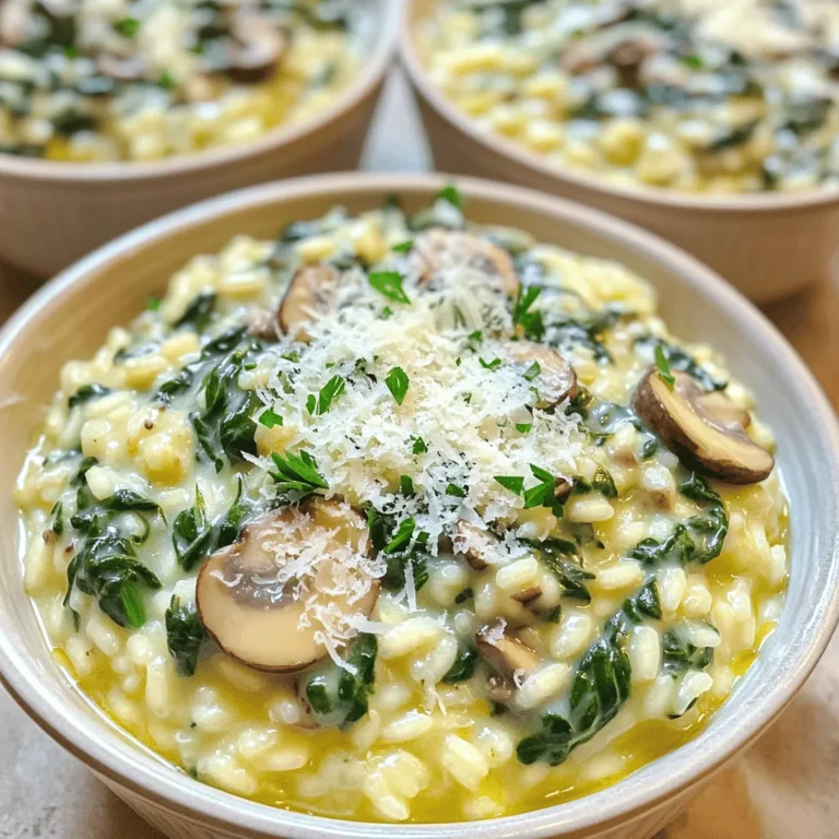 To make your creamy spinach mushroom risotto, gather these key ingredients: - 1 cup Arborio rice - 4 cups vegetable broth - 1 tablespoon olive oil - 1 small onion, finely chopped - 3 cloves garlic, minced - 8 ounces mushrooms, sliced (cremini or button) - 2 cups fresh spinach, roughly chopped - 1 cup heavy cream - ½ cup grated Parmesan cheese - Salt and pepper to taste - Fresh parsley for garnish You can add more flavor to your risotto with these optional ingredients: - A splash of white wine for depth - Lemon zest for brightness - Crushed red pepper for heat - Toasted pine nuts for crunch If you need to substitute, here are some ideas: - Use chicken broth instead of vegetable broth for a richer taste. - Swap heavy cream with coconut cream for a dairy-free option. - Substitute Parmesan with nutritional yeast for a vegan version. - Use any leafy greens instead of spinach, such as kale or Swiss chard. Start by heating your vegetable broth in a saucepan. Keep it on low heat to keep it warm. This broth is key for the risotto's flavor. While the broth warms, chop your onion and garlic. Slice your mushrooms too. These veggies add great taste and texture. In a large skillet, heat olive oil over medium heat. Add the chopped onion and cook it for about 3-4 minutes. The onion should turn soft and clear. Next, add the minced garlic and sliced mushrooms. Cook them for about 5-7 minutes. You want the mushrooms to be soft and release their juices. Now, add the Arborio rice. Stir it for about 2 minutes. This helps the rice soak up the oil and flavors. After that, start adding the warm broth. Use one ladle at a time. Stir often and wait until most of the broth is gone before adding more. Repeat this for about 20 minutes. Once the rice is cooked al dente, stir in the chopped spinach. Cook until the spinach wilts, which takes about 2-3 minutes. Next, add the heavy cream and grated Parmesan cheese. Stir well to mix everything. Cook for another 2 minutes, until everything is hot. Add salt and pepper to taste. Let the risotto sit for a couple of minutes to thicken. When you serve it, use shallow bowls. Garnish with fresh parsley and a sprinkle of Parmesan. A drizzle of olive oil on top adds a nice touch. Enjoy your creamy spinach mushroom risotto! To get that creamy texture, use Arborio rice. This rice releases starch as it cooks. Stir the rice often. This action helps it absorb the broth well. Add the broth one ladle at a time. Wait for each ladle to soak in before adding the next. The slow addition of broth is key. Don’t rush this process; it takes about 20 minutes. Incorporate heavy cream at the end. This will make your risotto rich and silky. One mistake is adding too much broth at once. This can lead to a mushy risotto. Another error is not stirring enough. Stirring helps the rice cook evenly and become creamy. Also, avoid overcooking the rice. You want it al dente, not too soft. Lastly, don’t forget seasoning. A pinch of salt and pepper can elevate your dish. Use a heavy-bottomed pot for even heat. A wooden spoon is perfect for stirring. A ladle is helpful for adding broth. Have a sharp knife ready for chopping onions and mushrooms. A measuring cup ensures you use the right amount of rice and broth. Keep a heat-safe spoon handy for tasting as you go. These tools will make your cooking smoother and more enjoyable. {{image_2}} You can easily add protein to this risotto. Chicken or shrimp works great. For chicken, use cooked, shredded pieces. Stir them in when you add the spinach. For shrimp, sauté them in olive oil first. Add them in just before serving. This gives your dish a nice boost. Plus, it makes it more filling and hearty. Want to make this risotto vegan? Swap heavy cream for coconut milk or cashew cream. Use nutritional yeast instead of Parmesan for a cheesy taste. You can also use vegetable broth to keep it plant-based. These changes keep all the creaminess while making it vegan-friendly. Feel free to mix in other veggies. Asparagus, peas, or bell peppers add color and flavor. Just sauté them with the garlic and mushrooms. You can also add zucchini for a fresh twist. This way, you can customize your risotto to fit your taste. The possibilities are endless! To store leftover risotto, let it cool down first. Then, transfer it to an airtight container. You can keep it in the fridge for up to three days. Make sure to label the container with the date. This way, you will know how fresh it is. When you reheat risotto, add a splash of broth or cream. This helps bring back the creamy texture. Heat it in a skillet over low heat. Stir often to avoid sticking. You can also use the microwave. Just cover the bowl and heat in short bursts. Stir in between until it warms evenly. You can freeze risotto for later use. Portion it into smaller containers. Leave some space at the top since it will expand. Risotto can last up to three months in the freezer. When ready to eat, thaw it overnight in the fridge. Reheat it as mentioned above for the best texture. Risotto lasts about three to four days in the fridge. Store it in an airtight container. Let it cool before you put it away. This will help keep it fresh. When you're ready to eat, check for any odors or changes in texture. If it seems off, it's best to toss it. Yes, you can use other rice types, but results may vary. Long-grain rice, like basmati, won't give the same creamy texture. Short-grain rice can work, but Arborio is best for risotto. It absorbs liquid well and becomes creamy. Using Arborio rice is best for risotto. Its high starch content helps achieve that creamy texture. Other types of rice might not absorb liquid the same way. This can lead to a less creamy dish. If you want the classic risotto experience, stick with Arborio rice. This blog post shared tips for making great risotto. We explored key ingredients, steps to prepare, and tricks for creaminess. You can customize it with different flavors and protein options. Also, I covered how to store and reheat leftovers. Risotto can be versatile and fun to make. Remember, practice makes perfect! Enjoy creating your dish and impressing your family and friends with your skills.