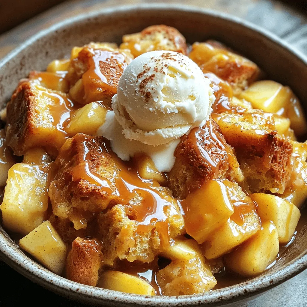 To make warm caramel apple bread pudding, gather these key ingredients: - 6 cups day-old bread (Italian or French, torn into pieces) - 4 medium apples (like Granny Smith or Honeycrisp), peeled, cored, and diced - 4 large eggs - 2 cups whole milk - 1 cup heavy cream - 1 cup granulated sugar - 1 teaspoon vanilla extract - 1 teaspoon cinnamon - 1/4 teaspoon nutmeg - 1/2 cup caramel sauce (store-bought or homemade) - Pinch of salt - Butter (for greasing) These ingredients work together to create a rich and sweet dessert. The bread acts as a base that soaks up the creamy custard. The apples add moisture and flavor, while the caramel sauce brings it all together. Day-old bread is best for this recipe. It absorbs the custard without turning mushy. You can use: - Italian bread - French bread - Brioche Each type of bread gives a unique taste and texture. I prefer Italian bread for its slight chewiness, but French bread is also great. Ensure the bread is dry to absorb the custard well. Choosing the right apples is key to this dessert. I recommend using: - Granny Smith for tartness - Honeycrisp for sweetness Mixing these apples offers a nice balance. Tart apples add brightness, while sweet apples provide depth. Aim for firm apples, as they hold their shape during baking. Always peel and core them for the best texture in your pudding. First, set your oven to 350°F (175°C). This is the perfect temperature for baking. Next, take a 9x13-inch baking dish and grease it with butter. This helps the pudding come out easily later. In a large bowl, combine the diced apples with 1/2 cup of sugar, cinnamon, and nutmeg. Mix them well. Let this sit for a bit. This step lets the apples soak up all the spicy flavors. In another bowl, whisk together the eggs, milk, heavy cream, vanilla extract, and the remaining 1/2 cup of sugar. Mix until everything is smooth. This mixture will be rich and creamy, perfect for soaking the bread. Now, add the torn bread pieces to the egg mixture. Gently fold them in until all the bread is coated. Let it sit for about 10 minutes. This helps the bread soak up the custard. Next, fold the apple mixture into the bread mixture. Make sure it’s evenly mixed. Pour everything into the prepared baking dish. Spread it out evenly. Drizzle half of the caramel sauce over the top. Bake in the oven for 45-50 minutes. The top should turn golden brown and the custard should set. Check with a knife; it should come out clean. Once done, remove it from the oven and let it cool a bit. Before serving, drizzle the remaining caramel sauce over the warm bread pudding. Enjoy! To make the best bread pudding, use day-old bread. It soaks up the liquid well. I prefer Italian or French bread for its texture. Tear the bread into bite-sized pieces. This helps with even cooking. Let the bread sit in the custard mix for about ten minutes. This step is key for a moist pudding. Serve your warm caramel apple bread pudding in small bowls. Top it with a scoop of vanilla ice cream. A drizzle of extra caramel sauce adds a nice touch. You can also sprinkle chopped nuts or a dash of cinnamon on top. These add texture and flavor. Pair it with a hot cup of coffee or a sweet dessert wine. You can prep this dish the night before. Mix the bread and custard, then cover it tightly. Store it in the fridge overnight. Just before baking, fold in the apples. This allows the flavors to blend. Bake it the next day for a warm treat. This is great for gatherings or family dinners. {{image_2}} You can make your Warm Caramel Apple Bread Pudding even better with other fruits. Try using pears for a sweet twist. Berries like blueberries or raspberries add a tart kick. Diced peaches can bring a nice summer vibe. Just remember to adjust the sugar based on the fruit's sweetness. Each fruit adds its own charm and taste. If you love chocolate, add chocolate chips to the mix. Dark or milk chocolate pairs well with apples. Chopped nuts can add crunch and flavor. Walnuts or pecans work well here. Just sprinkle them in when you mix the apples and bread. This creates a delightful surprise in each bite. You can easily turn this recipe vegan. Use almond milk or oat milk instead of whole milk. Swap heavy cream for coconut cream for richness. Instead of eggs, use flaxseed meal mixed with water. This keeps the pudding moist and fluffy. You won’t lose any taste, and everyone can enjoy it! To keep your warm caramel apple bread pudding fresh, let it cool first. Once it's cool, cover it tightly with plastic wrap or foil. You can also place it in an airtight container. Store it in the fridge for up to four days. This way, you can enjoy it later without losing flavor or texture. When you're ready to eat the leftovers, you can easily reheat them. Preheat your oven to 350°F (175°C). Place the bread pudding in an oven-safe dish. Cover it with foil to prevent it from drying out. Heat for about 15-20 minutes, or until it's warm throughout. If you prefer the microwave, put a slice on a plate and heat for about 30 seconds to 1 minute. If you want to keep the bread pudding for a longer time, freezing is a great option. Cut it into portions and wrap each piece tightly in plastic wrap. After that, place the wrapped pieces in a freezer-safe bag. You can freeze them for up to three months. When you're ready to enjoy it, thaw it overnight in the fridge. Then, reheat as described above. The best bread for bread pudding is day-old bread. I recommend using Italian or French bread. These types soak up the custard well. They add great texture. Fresh bread can become too mushy. Day-old bread gives the pudding a nice structure. Yes, you can use fresh apples, but not instead of day-old bread. Fresh apples work well in the pudding. They add sweetness and tartness. The apples complement the bread and custard. Stick to day-old bread for the main ingredient. To make this recipe gluten-free, use gluten-free bread. Many stores sell gluten-free options. Check the label to ensure it fits your needs. You can replace the caramel sauce with a gluten-free brand. This way, you keep the flavor without gluten. Bread pudding lasts about 3 to 4 days in the fridge. Store it in an airtight container. Make sure it cools completely before storing. Reheat in the oven or microwave before serving. Enjoy it warm for the best taste! In this article, we explored the key ingredients for warm caramel apple bread pudding. We discussed how to choose the right bread and apples, and I provided easy steps for making this dish. You learned valuable tips to create the perfect bread pudding, along with fun variations and storage methods. Bread pudding is not just a dessert; it’s a cozy treat for all. Enjoy making it your own with different fruits or flavors!