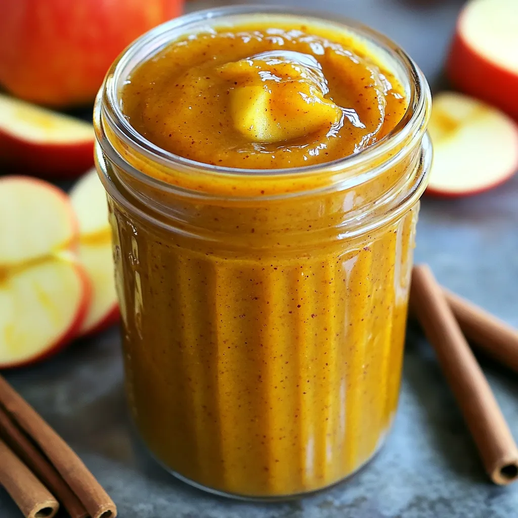 - Pumpkin puree (2 cups): You can use canned or fresh pumpkin. Canned is easy and quick. Fresh gives a richer taste but takes more work. Just cook the pumpkin until soft and blend it. - Apples (4 medium): Choose sweet apples like Honeycrisp or Granny Smith. Honeycrisp adds sweetness, while Granny Smith brings a nice tartness. The mix gives great flavor. - Brown sugar (1 cup): This adds sweetness and a nice caramel flavor. You can adjust this to your taste. - Spices: - Cinnamon (1 teaspoon): This spice gives warmth and comfort. - Nutmeg (½ teaspoon): A little nutmeg adds depth and richness. - Ginger (½ teaspoon): Ginger adds a nice kick. - Allspice (¼ teaspoon): This spice combines notes of cinnamon, nutmeg, and clove. - Apple cider (½ cup): This keeps the mixture moist and adds fruity flavor. - Vanilla extract (1 tablespoon): This enhances all the other flavors. - Lemon juice (1 tablespoon): A touch of acidity helps balance sweetness. - Salt (pinch): Just a little salt brings out all the flavors nicely. - Metrics: For those in other countries, here are some conversions: - Pumpkin puree: 475 mL - Brown sugar: 200 g - Apple cider: 120 mL - Spices: Use 5 g for cinnamon, 1.5 g for nutmeg, and so on. - Larger batches: If you want to make more, just double or triple the amounts. Keep the same ratios for spices and sugar to keep the flavor right. Start by prepping your apples. Peel, core, and chop four medium apples. Honeycrisp or Granny Smith apples work well here. These apples add great flavor and natural sweetness. Next, combine all the ingredients in the slow cooker. Add 2 cups of pumpkin puree, the chopped apples, and 1 cup of brown sugar. Then, sprinkle in 1 teaspoon of cinnamon, ½ teaspoon of nutmeg, ½ teaspoon of ginger, and ¼ teaspoon of allspice. Pour in ½ cup of apple cider, 1 tablespoon of vanilla extract, and 1 tablespoon of lemon juice. Finally, add a pinch of salt. Stir everything together until well combined. Now, cover the slow cooker and set it to low heat. Cook the mixture for 6 to 8 hours. Stir occasionally to help the flavors blend and to monitor the mixture. You want it to thicken and for the apples to become tender. Once cooked, you can use an immersion blender to blend the apple butter until smooth. If you don't have one, transfer the mixture in batches to a regular blender. Blend until you reach your desired texture. Feel free to taste the apple butter and adjust the sweetness or spices. If you want it sweeter, add more brown sugar or spices. To make the best pumpkin apple butter, you can adjust the sweetness and spice to your taste. If you like it sweeter, add more brown sugar. If you love spice, add extra cinnamon or nutmeg. You can also try a pinch of cloves for warmth. For enhanced flavor, consider adding a splash of maple syrup. You can also stir in some chopped nuts for crunch. A bit of orange zest can brighten the dish. These small tweaks can make a big difference. Choosing the right slow cooker size is key. A 4-quart slow cooker works well for this recipe. If yours is too small, the mixture may not cook evenly. To ensure even cooking, stir the mixture every few hours. This helps all the flavors blend. If you notice any hot spots, adjust the slow cooker’s position. Proper cooling is important. Let the pumpkin apple butter cool for about 30 minutes before you transfer it to jars. This helps prevent condensation inside the jars. To avoid overcooking, keep an eye on the time. Cooking for 6-8 hours on low heat gives the best results. If you cook it too long, it may burn or dry out. {{image_2}} You can easily switch up the sugar in this recipe. Instead of brown sugar, try maple syrup. This change adds a nice depth of flavor. You can also use honey or agave syrup for a different twist. Want to spice things up? Add more cinnamon, cloves, or even a pinch of cayenne pepper for warmth. You can also use pumpkin pie spice instead of individual spices. This option makes it easy and quick. If you're looking for a sugar-free option, use a sugar substitute. Stevia or erythritol can work well. These alternatives keep it sweet without the calories. For a vegan twist, replace vanilla extract with a splash of almond extract. This adds a lovely nutty flavor. You can also skip the butter and just focus on the fruits and spices. Pair your pumpkin apple butter with fresh bread or warm pastries. It makes a great spread for breakfast or brunch. Try it on pancakes or waffles for a fun twist. You can also use pumpkin apple butter in recipes. Swirl it into yogurt or oatmeal for added flavor. Add it to smoothies for a seasonal touch. The possibilities are endless! Store your pumpkin apple butter in the fridge. It lasts up to two weeks. Use clean, sterilized jars to keep it fresh. Make sure the jars are tightly sealed. This helps prevent spoilage and keeps flavors strong. For long-term storage, canning is a great option. Here’s how to do it step-by-step: 1. Prepare your jars by washing them in hot, soapy water. 2. Rinse well and place them in a boiling water bath for ten minutes. 3. Fill each jar with warm pumpkin apple butter, leaving about half an inch of space at the top. 4. Wipe the rims of the jars with a clean cloth. 5. Place the lids on and screw on the bands until snug. 6. Process the jars in a boiling water bath for ten minutes. 7. Let them cool completely before checking the seals. For safe canning, always use new lids. Check for any signs of damage. It’s key to prevent foodborne illness. Freezing is another great way to store your pumpkin apple butter. Here’s how to do it: - Let the apple butter cool completely before freezing. - Use freezer-safe containers or heavy-duty freezer bags. - Leave some space in the containers for expansion. To thaw, place the container in the fridge overnight. You can also thaw it in a pot over low heat. Once thawed, stir well before using. This keeps the texture smooth and tasty. You can enjoy pumpkin apple butter in many ways. It spreads well on toast or bagels. Add it to pancakes for a sweet twist. You can also use it in baking, like in muffins or cakes. Try it with cheese on a charcuterie board. It pairs nicely with yogurt or oatmeal too. Yes, you can use frozen apples or pumpkin puree. Just thaw the apples before adding them. For pumpkin puree, use canned or homemade. Both options work great in this recipe. It makes it easy to use what you have on hand. Pumpkin apple butter lasts about two weeks in the fridge. Store it in clean, sealed jars. If you can it, it can last up to a year. Freezing is another option. Just make sure to leave space in the jars for expansion. Yes, this recipe is gluten-free. All the ingredients, like pumpkin and apples, do not contain gluten. Feel free to enjoy it without worry. Always check labels if you buy packaged goods, just to be safe. This blog post covers the essentials for making pumpkin apple butter. We discussed ingredients, measurement conversions, and step-by-step cooking instructions. Tips for flavor, storage, and unique variations also help you make the best product. In conclusion, making pumpkin apple butter is fun and rewarding. You can create a tasty treat that lasts long. Follow these steps, and you'll enjoy great results every time. Happy cooking!