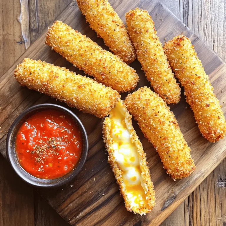 - 12 mozzarella string cheese sticks - 1 cup all-purpose flour - 2 large eggs, beaten - 1 cup breadcrumbs (preferably panko for extra crunch) - 1 teaspoon Italian seasoning - 1/2 teaspoon garlic powder - 1/2 teaspoon onion powder - Salt and pepper to taste - Olive oil spray - Marinara sauce, for dipping Gather these ingredients before you start. Fresh mozzarella sticks make a big difference. Choose panko breadcrumbs for that extra crunch. It adds texture that regular breadcrumbs can't match. The Italian seasoning gives flavor to the mix. Garlic and onion powders add a nice touch. Don't forget to season with salt and pepper. Using olive oil spray helps them crisp up nicely. This way, you’ll get that golden-brown finish. Marinara sauce is a must for dipping. It complements the cheesy taste perfectly. Enjoy the process of preparing these snacks! They are fun to make and even better to eat. - Cut cheese sticks in half. - Freeze for at least 30 minutes. To start, I cut each mozzarella stick in half. This size is perfect for snacking. I place them in the freezer for at least 30 minutes. Freezing helps keep the cheese from melting too fast when cooking. - Arrange flour, beaten eggs, and breadcrumb mixture in separate bowls. Next, I set up my breading station. I use three shallow bowls. One bowl holds all-purpose flour. The second bowl has beaten eggs. The last bowl has a mix of breadcrumbs, Italian seasoning, garlic powder, onion powder, salt, and pepper. This setup makes the breading easy and quick. - Coat in flour, then eggs, then breadcrumb mixture. - Repeat for a thicker crust. Now comes the fun part! I take a frozen cheese stick and coat it in flour first. I shake off the extra flour. Then, I dip it in the beaten eggs. Finally, I roll it in the breadcrumb mixture. For a thicker crust, I repeat the egg and breadcrumb steps. This gives each stick a nice, crunchy layer. - Preheat air fryer to 390°F (200°C). - Air fry for 6-8 minutes, flipping halfway. Now, I preheat the air fryer to 390°F (200°C). I let it warm up for about 5 minutes. Once ready, I place the breaded cheese sticks in a single layer in the air fryer basket. I lightly spray them with olive oil for extra crispiness. I cook them for 6-8 minutes, flipping them halfway for even browning. - Cool slightly and serve with marinara sauce. After cooking, I remove the mozzarella sticks from the air fryer. I let them cool for a minute before serving. They taste great with marinara sauce for dipping. This snack is crispy and delicious! - Maintain the right temperature for optimal crispiness: Set your air fryer to 390°F (200°C). This helps the cheese melt without leaking. - Avoid overcrowding the air fryer basket: Give each mozzarella stick space. This ensures even cooking and crispiness. - Use panko for extra crunch: Panko breadcrumbs create a light, crispy texture. They make your mozzarella sticks even more delightful. - Lightly spray with olive oil: A quick spray helps the breading brown nicely. This also adds flavor to your snack. - Cheese leaking during frying: If cheese leaks, ensure sticks are frozen long enough. Try not to skip the freezing step. - Adjusting cook time for different air fryer models: Cook times may vary. Keep an eye on your sticks. They should be golden brown and crispy. {{image_2}} You can enhance the flavor of your mozzarella sticks in fun ways. Adding grated Parmesan cheese to the breadcrumb mix gives a savory kick. Fresh herbs like parsley or basil also add great taste. If you want some heat, spice it up! You can mix in cayenne pepper or crushed red pepper. This will make your snack exciting and full of flavor. The right sauce can take your mozzarella sticks to the next level. Marinara sauce is a classic choice, but you can get creative. Try ranch dressing for a creamy option. Sriracha adds a nice kick, while garlic aioli brings a rich taste. Mix and match to find your favorite sauce! If you need gluten-free snacks, I have you covered. Use gluten-free breadcrumbs instead of regular ones. You can also swap all-purpose flour for a gluten-free flour mix. This way, everyone can enjoy these tasty mozzarella sticks without worry. To store leftover mozzarella sticks, let them cool completely. Then, place them in an airtight container. They will keep well in the fridge for up to three days. Avoid stacking them to prevent sogginess. For the best crispiness, reheat in your air fryer. Set it to 350°F (175°C) and cook for about 3-5 minutes. You can also use an oven. Preheat it to 375°F (190°C) and bake for 5-7 minutes. This method helps restore that crunchy texture. You can freeze mozzarella sticks before or after frying. For freezing before cooking, simply place the breaded sticks on a baking sheet. Freeze for about one hour until firm. Then transfer them to a freezer bag. For freezing after frying, let them cool, then follow the same steps. These can last for up to three months in the freezer. When ready to eat, cook directly from frozen, adding a few extra minutes to the cooking time. You should freeze the cheese sticks for at least 30 minutes. This helps them keep their shape while cooking. If you freeze them longer, they will still be fine. Just make sure they are not too hard to handle. Yes, you can make mozzarella sticks in a deep fryer or oven. If you use a deep fryer, heat oil to 350°F (175°C). Fry until golden brown. For the oven, bake at 400°F (200°C) for about 10-12 minutes. You might miss the same crispiness an air fryer gives, but they will still taste great. If you don’t have panko, you can use regular breadcrumbs. They will work, but the texture will be less crunchy. You can also crush cornflakes or use crushed crackers for a fun twist. The mozzarella sticks are done when they are golden brown and crispy. You can also check if the cheese is starting to ooze out a little. Keep an eye on them to avoid burning. Absolutely! You can use other cheeses like cheddar or pepper jack. Just remember that softer cheeses may melt faster. Adjust the freeze time if you use a different type of cheese, so they hold their shape. You now know how to make crispy, homemade mozzarella sticks in an air fryer. We covered all the steps, from freezing the cheese to frying it perfectly. I shared tips for achieving the best texture and offered flavor variations. Don’t forget to try different sauces for dipping. Whether you're making these for a snack or a party, they’re sure to impress. Enjoy your cooking and happy munching!