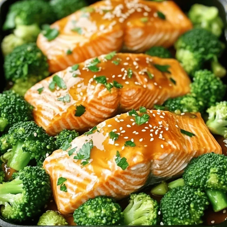 To make Honey Garlic Salmon and Broccoli, you need these main items: - 4 salmon fillets - 2 cups broccoli florets The marinade gives the dish its great flavor. Here’s what you will need: - 1/4 cup honey - 4 cloves garlic, minced - 2 tablespoons soy sauce - 1 tablespoon olive oil - 1 teaspoon sesame oil - Salt and pepper to taste - 1 teaspoon red pepper flakes (optional) Garnishes add a nice touch. Consider these options: - Sesame seeds - Fresh parsley, chopped In a medium bowl, gather your ingredients. You need honey, minced garlic, soy sauce, olive oil, sesame oil, salt, and pepper. Whisk these together until smooth. This creates a rich and flavorful marinade. It’s sweet and savory, perfect for salmon. Feel free to taste it. Adjust the salt or honey if needed. Now, take a large sheet pan. Place the salmon fillets in the center. Arrange the broccoli florets around the salmon. This layout helps everything cook evenly. Drizzle half of your marinade over the salmon and broccoli. Make sure each piece is coated well. If you want extra heat, sprinkle red pepper flakes on top. Preheat your oven to 400°F (200°C). Bake your sheet pan in the oven for 15 to 20 minutes. The salmon should flake easily with a fork when done. The broccoli should be tender but still bright green. In the last 5 minutes, brush the remaining marinade on the salmon. This adds more flavor and glaze. Once cooked, remove the pan and let it cool for a minute. Enjoy the delicious aroma! To cook salmon just right, aim for 15-20 minutes in the oven. Salmon is done when it flakes easily with a fork. The flesh should be opaque and look slightly pink. If you have a meat thermometer, check for 145°F (63°C) at the thickest part. Keep an eye on it, as overcooked salmon can dry out quickly. To keep broccoli crunchy and bright, do not overcook it. Bake it alongside the salmon for about 15-20 minutes. The broccoli should turn a vibrant green and be tender yet firm. Tossing the florets in the marinade helps enhance its flavor. If you prefer a bit of char, leave it in for an extra minute or two. You can switch things up with the marinade. If you want a zesty kick, add a splash of orange juice or lime juice. For a spicy twist, try Sriracha instead of red pepper flakes. You can also use maple syrup instead of honey for a different sweetness. Mixing in fresh herbs like cilantro or thyme can also bring new flavors to the dish! {{image_2}} If you want to switch up the protein, you can use chicken or tofu. Chicken breast works well as it cooks similarly to salmon. Use the same marinade for chicken. Just slice it thinly for even cooking. For a plant-based option, tofu is great. Press the tofu to remove excess water. Then, cut it into cubes. Marinate just like you do with salmon. You can add different veggies to this dish. Carrots, bell peppers, or snap peas fit nicely. Just cut them into similar sizes for even cooking. Toss them on the pan with the broccoli. This way, you can enjoy a rainbow of colors and flavors. Plus, it makes the meal more nutritious. Want to change the flavor? Adding citrus can brighten up the dish. Squeeze some lemon juice or orange juice into the marinade. You can also add spices for a kick. Try ginger for warmth or cumin for an earthy note. Don’t be afraid to experiment. Each change can lead to a new favorite dish! To store leftovers, let the dish cool first. Place the salmon and broccoli in an airtight container. Make sure to cover it well to keep it fresh. You can store it in the fridge for up to three days. When you want to eat it again, it’s best to enjoy it warm. The best way to reheat this dish is in the oven. Preheat your oven to 350°F (175°C). Place the salmon and broccoli on a baking sheet. Heat for about 10 to 15 minutes. This keeps the salmon moist and the broccoli tender. You can also use a microwave if you're in a hurry. Place the food in a microwave-safe dish, cover it, and heat for 1 to 2 minutes. If you have extra portions, you can freeze them. Wrap each piece of salmon and broccoli tightly in plastic wrap. Then, place them in a freezer bag or container. This helps prevent freezer burn. You can freeze it for up to three months. To defrost, move it to the fridge overnight. Then, reheat it using the oven or microwave. Yes, you can use frozen salmon. Just thaw it first. Place it in the fridge overnight or run it under cold water. Frozen salmon can cook unevenly, so be careful. After thawing, follow the same steps in the recipe. The honey garlic sauce will still work well. If you lack sesame oil, don't worry. You can use olive oil instead. It will change the flavor a little, but it will still taste great. You could also use a bit of peanut oil for a nutty flavor. Both options will keep your dish tasty and smooth. To get crispy broccoli, you want to keep a few things in mind. First, don’t overcrowd the pan. Give each piece space. Second, use high heat. The recipe calls for 400°F, which is perfect. Finally, toss the broccoli in oil and sprinkle some salt. This will help it crisp up nicely as it bakes. In this blog post, we've explored how to create a delicious dish with salmon and broccoli. We covered the main ingredients, like honey and garlic, and detailed the marinade preparation. I shared tips for baking and ensured your salmon is perfectly cooked. Don't forget options for protein swaps, extra veggies, and flavor boosts. Cooking can be simple and fun. With these steps, you can impress anyone. Enjoy your meal and make it your own!