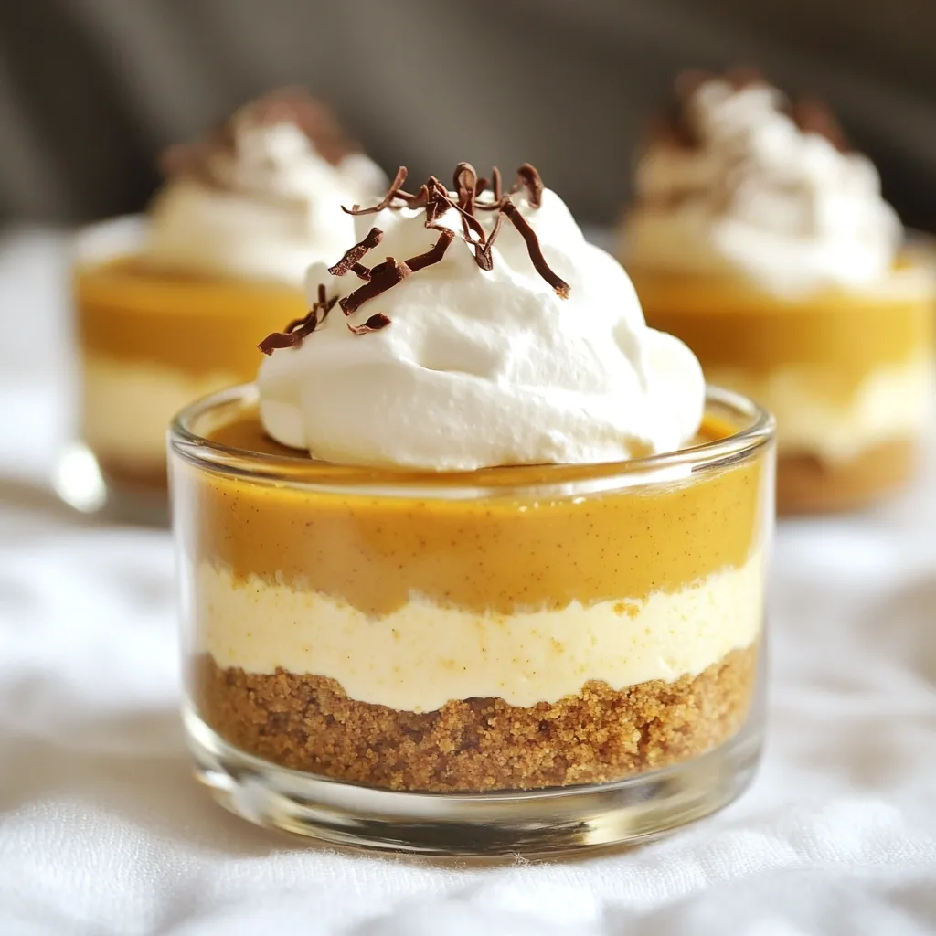 - 1 cup graham cracker crumbs - 4 tablespoons unsalted butter, melted - 1 cup cream cheese, softened - 1 cup powdered sugar - 1 cup pumpkin puree - 1 teaspoon vanilla extract - 2 teaspoons pumpkin pie spice - 1 cup whipped cream (plus extra for topping) - 1 tablespoon brewed coffee, cooled - Chocolate shavings or cocoa powder for garnish Gathering the right ingredients is key to making this tasty no-bake dessert. Each item plays a big role in the flavor and texture. First, you will need graham cracker crumbs and melted butter for the crust. This mixture holds the cheesecake together. Next, cream cheese is a must. Softened cream cheese gives a rich and smooth filling. Powdered sugar adds sweetness, while pumpkin puree offers that warm pumpkin flavor. Vanilla extract and pumpkin pie spice enhance the taste, making it feel festive. Whipped cream brings lightness to the filling and makes it extra creamy. Brewed coffee adds a nice latte kick. Finally, chocolate shavings or cocoa powder will garnish the cups and make them look pretty. With these ingredients ready, you can create your delightful no-bake pumpkin spice latte cheesecake cups! To start, you need a firm crust. In a bowl, mix the graham cracker crumbs with the melted butter. Aim for a texture that feels like wet sand. Next, divide this mixture evenly into your serving cups. Press down firmly to create a solid layer. Now, it’s time to make the filling. Take your softened cream cheese and beat it in a mixing bowl until it’s smooth. Gradually add in the powdered sugar. Make sure to mix well so everything combines evenly. For that pumpkin spice kick, stir in the pumpkin puree, vanilla extract, and pumpkin pie spice. Mix until no lumps remain. You want a smooth and creamy mixture that smells delicious. Now comes the fun part: folding in the whipped cream. Gently combine the whipped cream into your pumpkin cheesecake mix. Be careful not to deflate the whipped cream. Finally, add in your cooled brewed coffee for that extra latte flavor. It’s time to bring it all together. Spoon or pipe the pumpkin cheesecake filling on top of your graham cracker crust. Use a spatula to smooth the tops of each cup, making them look nice and neat. Place your filled cups in the fridge. Chill them for at least four hours. This helps the flavors meld and the cheesecake firm up nicely. Enjoy the anticipation as you wait for this tasty treat! To get a smooth filling, start by beating the cream cheese. Use a hand mixer or stand mixer. Beat until it feels soft and creamy. This step makes the base light. Then add the powdered sugar slowly. Mix until it blends well. Ensure there are no lumps. When folding in whipped cream, do it gently. Use a spatula to lift and fold. This keeps the air in the whipped cream. You want a light and fluffy texture. Avoid stirring too hard, as this can deflate it. Feel free to play with spices. Try adding a pinch of nutmeg or cinnamon for warmth. You can also mix in a bit of ginger for a kick. Each spice adds its unique flavor twist. For garnishes, chocolate shavings are great, but you can also use nuts. Crushed pecans or walnuts give a nice crunch. Dusting with cocoa powder offers a rich finish. You can also drizzle caramel on top for sweetness. If you want to adjust sweetness, start with less powdered sugar. Taste as you mix and add more if needed. This way, you can control how sweet it gets. For sugar substitutes, try using stevia or monk fruit sweetener. These options work well without adding extra calories. Just remember to check the package for conversion rates. They can be more potent than regular sugar. {{image_2}} To enhance the pumpkin spice latte flavor, consider these options: - Use espresso for a stronger taste. - Add chocolate or caramel swirls for a rich twist. These flavor boosters give your cheesecake cups a fun twist. Espresso adds depth and pairs well with pumpkin. Chocolate or caramel brings sweetness and can create beautiful layers. Try these ideas to make your dessert stand out. For those with dietary needs, here are some great swaps: - Use gluten-free graham crackers for a gluten-free crust. - Dairy-free cream cheese can replace regular cream cheese. These swaps keep the taste while meeting dietary needs. Gluten-free options make this dessert more inclusive. Dairy-free cream cheese still provides creaminess without dairy. Enjoying treats shouldn’t come with restrictions. You can serve these cheesecake cups in fun ways: - Make mini cups for a party or event. - Serve in a large dish for a family gathering. Mini cups are perfect for small bites at parties. They let guests enjoy different desserts without too much hassle. A large dish works well for sit-down meals, making it easy to share. This flexibility makes your dessert ideal for any occasion. To keep your No-Bake Pumpkin Spice Latte Cheesecake Cups fresh, use airtight containers. Glass or plastic containers work well. Make sure to seal them tightly. This helps keep air out and prevents drying. Avoid stacking the cups on top of each other. This can mess up their lovely layers. If you notice any separation in the filling, gently stir it before serving. Yes, these cheesecake cups can be frozen! To freeze, wrap each cup in plastic wrap. Place them in a freezer-safe bag or container. This helps keep them protected from freezer burns. When you want to enjoy them again, take the cups out and thaw them in the fridge. Let them sit overnight for the best results. These cheesecake cups stay fresh in the fridge for up to five days. Always check for signs of spoilage. Look for any change in color or smell. If the texture seems off or if you see mold, it is best to toss them out. Enjoy your delicious treats while they are at their best! Yes, you can use fresh pumpkin. Fresh pumpkin has a bright flavor. However, it takes time to prepare. You need to roast and puree the pumpkin. Canned pumpkin is easier and faster. It is often more consistent in texture. Both options work well in this recipe. You can make this recipe a day in advance. Prepare the crust and filling as usual. Assemble the cups and chill them overnight. This allows the flavors to blend. Just add toppings before serving. This makes it easier for parties or gatherings. There are several great options for crusts. You can use crushed cookies like Oreos. For a gluten-free option, try crushed almond flour cookies. You can also use crushed pretzels for a salty twist. Choose what fits your taste best. Yes, you can make a vegan version. Use vegan cream cheese instead of regular cream cheese. Replace powdered sugar with coconut sugar. For the whipped cream, choose coconut whipped cream. Use a dairy-free butter for the crust. These swaps keep the flavors rich and delicious. This blog post covered making delicious pumpkin cheesecake cups. We explored required ingredients, easy steps, and helpful tips. You learned about variations to fit your tastes and storage methods to keep them fresh. I hope these simple instructions inspire you to create your own treat. Enjoy making these cups for yourself or sharing them with others. You’ll delight in every bite!