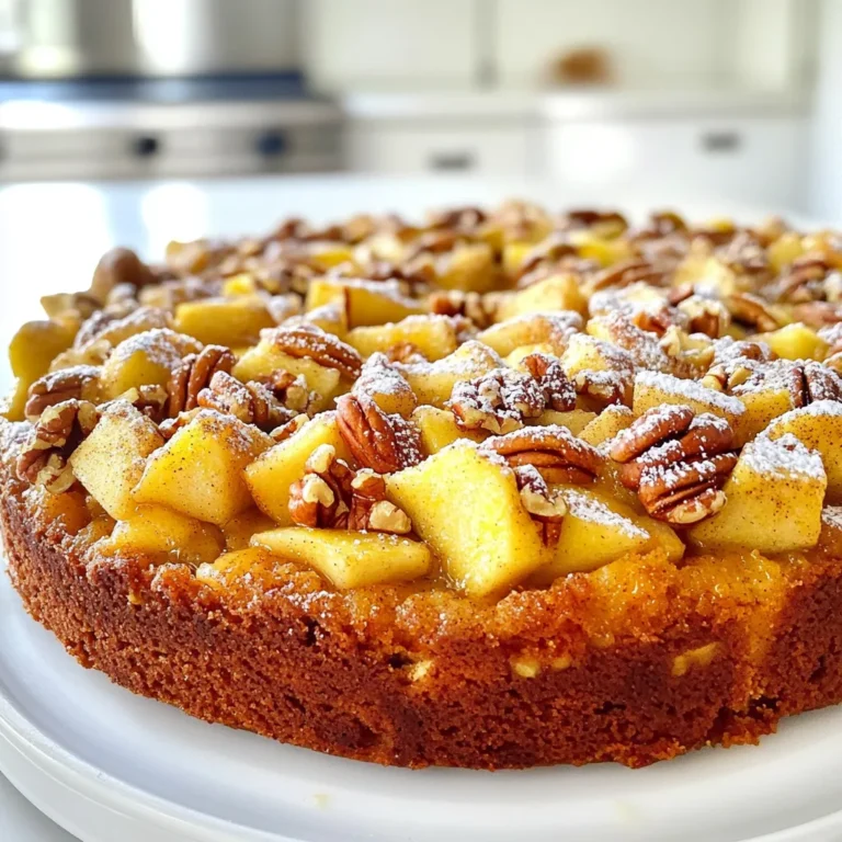 To make a tasty Apple Pecan Coffee Cake, gather these items: - 2 cups all-purpose flour - 1 cup granulated sugar - 1/2 cup unsalted butter, softened - 1 cup sour cream - 3 large eggs - 1 tablespoon baking powder - 1 teaspoon baking soda - 1 teaspoon vanilla extract - 1/2 teaspoon cinnamon - 2 medium apples, peeled, cored, and diced - 1 cup pecans, chopped - 1/4 cup brown sugar (for topping) - 1 teaspoon ground cinnamon (for topping) You can swap some ingredients if needed. Here are my top picks: - Use Greek yogurt instead of sour cream for a tangy taste. - Swap granulated sugar with coconut sugar for a deeper flavor. - If you have no pecans, walnuts or almonds work well too. - For a dairy-free option, use vegan butter and a plant-based yogurt. Having the right tools makes baking easier. Here’s what I recommend: - A large mixing bowl for combining ingredients. - A whisk and spatula for mixing and folding. - A 9x13 inch baking pan for the cake. - Measuring cups and spoons for accurate amounts. - A toothpick to check if the cake is baked. - Parchment paper for easy clean-up and removal. Start by setting your oven to 350°F (175°C). This heat is key for a nice rise. Next, grab a 9x13 inch baking pan. Grease it well with butter or use parchment paper. This helps your cake come out easily after baking. In a big bowl, mix the softened butter and granulated sugar. You want it light and fluffy, so take your time. Add the eggs, one at a time. Make sure to mix well after each one. Then, stir in the vanilla extract. In another bowl, combine flour, baking powder, baking soda, and cinnamon. Gradually add this mix to your butter mix. Alternate with the sour cream. Mix until it’s just combined. Finally, gently fold in the diced apples and chopped pecans. This adds a tasty crunch. Pour half of the batter into your prepared pan. Spread it evenly. In a small bowl, combine brown sugar and ground cinnamon. Sprinkle half of this mix over the batter. Now, pour the rest of the batter on top. Smooth it out nicely. Top with the rest of the cinnamon-sugar mix and some extra pecans if you want. Bake for 35-40 minutes. To check if it’s done, insert a toothpick in the center. If it comes out clean, it’s ready. Let it cool in the pan for 10 minutes. Then, move it to a wire rack to cool completely. Enjoy your delicious cake! To get a soft and moist cake, use room-temperature butter. This helps it cream well with sugar. Be gentle when mixing in the apples and pecans. Overmixing can make your cake tough. For a lighter texture, mix the wet and dry ingredients just until combined. You want some lumps! One common mistake is not measuring flour correctly. Too much flour makes the cake dry. Use the spoon and level method for accuracy. Another mistake is skipping the cooling time. Letting the cake cool helps it set and makes it easier to cut. Lastly, don’t skip the parchment paper. It helps with easy removal. To add more flavor, try using different spices. Nutmeg and ginger work well with apples. You can also add a splash of lemon juice to brighten the taste. For extra texture, mix in some chocolate chips or dried fruit. If you love caramel, drizzle some on top before serving! {{image_2}} You can swap pecans for walnuts, almonds, or hazelnuts. Each nut adds a unique taste. Walnuts offer a mild flavor, while almonds bring a crunch. Hazelnuts add a rich, buttery note. Toasting the nuts first enhances their flavor. Simply place them in a dry pan over medium heat for a few minutes. Stir them often to avoid burning. This quick step makes your coffee cake even more delicious. While apples shine in this recipe, you can try other fruits too. Pears add a juicy sweetness and complement the spices well. Peaches can give a summer twist, while berries add a tart punch. Chopped bananas can also work, adding a soft texture. Just keep in mind that fruits with high water content might change the cake's texture. If you go this route, reduce the sour cream slightly for balance. To make this cake gluten-free, use a gluten-free flour blend. Many blends work well, but look for one that includes xanthan gum for better texture. You may need to adjust the liquid slightly since gluten-free flours can absorb more moisture. Keep an eye on your baking time as gluten-free cakes can bake a bit faster. Test with a toothpick to ensure it comes out clean before removing from the oven. To keep your Apple Pecan Coffee Cake fresh, wrap it tightly in plastic wrap. This helps prevent it from drying out. You can also store it in an airtight container. Keep it at room temperature for up to three days. If you want it to last longer, refrigeration is a good option. Just remember, it may dry out a bit in the fridge. Freezing is a great way to save this delicious cake. First, let it cool completely. Then, slice the cake into pieces. Wrap each piece in plastic wrap. After that, place the wrapped slices in a freezer bag. Label the bag with the date. You can freeze it for up to three months. When you're ready to enjoy it, just take out a slice. To reheat your coffee cake, preheat your oven to 350°F (175°C). Place the cake on a baking sheet. Cover it with foil to keep it moist. Heat for about 10 to 15 minutes. If you prefer the microwave, place a slice on a plate. Heat it for 20 to 30 seconds. Enjoy it warm for the best flavor! Yes, you can! Try using brown sugar for a richer taste. You can also use coconut sugar or honey. If you use honey, reduce the liquid in the recipe slightly. Adjust the amount based on how sweet you want your cake. Check the cake at 35 minutes. Insert a toothpick in the center. If it comes out clean, the cake is done. If the toothpick has batter on it, bake for a few more minutes. The edges should be golden brown and pull away from the pan slightly. Absolutely! You can prepare the batter a day ahead. Store it in the fridge before baking. You can also bake the cake and cool it completely. Wrap it tightly and store at room temperature for up to two days. This blog post covered key ingredients, step-by-step baking, and useful tips. You learned how to mix and layer ingredients for a tasty cake. We explored variations like nuts and fruits, plus gluten-free options. I shared the best ways to store and reheat leftovers, ensuring every bite remains delicious. Remember to try different sweeteners and test for doneness with a toothpick. Enjoy your baking journey, and don’t hesitate to experiment with flavors!