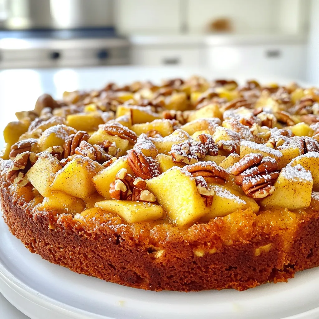 To make a tasty Apple Pecan Coffee Cake, gather these items: - 2 cups all-purpose flour - 1 cup granulated sugar - 1/2 cup unsalted butter, softened - 1 cup sour cream - 3 large eggs - 1 tablespoon baking powder - 1 teaspoon baking soda - 1 teaspoon vanilla extract - 1/2 teaspoon cinnamon - 2 medium apples, peeled, cored, and diced - 1 cup pecans, chopped - 1/4 cup brown sugar (for topping) - 1 teaspoon ground cinnamon (for topping) You can swap some ingredients if needed. Here are my top picks: - Use Greek yogurt instead of sour cream for a tangy taste. - Swap granulated sugar with coconut sugar for a deeper flavor. - If you have no pecans, walnuts or almonds work well too. - For a dairy-free option, use vegan butter and a plant-based yogurt. Having the right tools makes baking easier. Here’s what I recommend: - A large mixing bowl for combining ingredients. - A whisk and spatula for mixing and folding. - A 9x13 inch baking pan for the cake. - Measuring cups and spoons for accurate amounts. - A toothpick to check if the cake is baked. - Parchment paper for easy clean-up and removal. Start by setting your oven to 350°F (175°C). This heat is key for a nice rise. Next, grab a 9x13 inch baking pan. Grease it well with butter or use parchment paper. This helps your cake come out easily after baking. In a big bowl, mix the softened butter and granulated sugar. You want it light and fluffy, so take your time. Add the eggs, one at a time. Make sure to mix well after each one. Then, stir in the vanilla extract. In another bowl, combine flour, baking powder, baking soda, and cinnamon. Gradually add this mix to your butter mix. Alternate with the sour cream. Mix until it’s just combined. Finally, gently fold in the diced apples and chopped pecans. This adds a tasty crunch. Pour half of the batter into your prepared pan. Spread it evenly. In a small bowl, combine brown sugar and ground cinnamon. Sprinkle half of this mix over the batter. Now, pour the rest of the batter on top. Smooth it out nicely. Top with the rest of the cinnamon-sugar mix and some extra pecans if you want. Bake for 35-40 minutes. To check if it’s done, insert a toothpick in the center. If it comes out clean, it’s ready. Let it cool in the pan for 10 minutes. Then, move it to a wire rack to cool completely. Enjoy your delicious cake! To get a soft and moist cake, use room-temperature butter. This helps it cream well with sugar. Be gentle when mixing in the apples and pecans. Overmixing can make your cake tough. For a lighter texture, mix the wet and dry ingredients just until combined. You want some lumps! One common mistake is not measuring flour correctly. Too much flour makes the cake dry. Use the spoon and level method for accuracy. Another mistake is skipping the cooling time. Letting the cake cool helps it set and makes it easier to cut. Lastly, don’t skip the parchment paper. It helps with easy removal. To add more flavor, try using different spices. Nutmeg and ginger work well with apples. You can also add a splash of lemon juice to brighten the taste. For extra texture, mix in some chocolate chips or dried fruit. If you love caramel, drizzle some on top before serving! {{image_2}} You can swap pecans for walnuts, almonds, or hazelnuts. Each nut adds a unique taste. Walnuts offer a mild flavor, while almonds bring a crunch. Hazelnuts add a rich, buttery note. Toasting the nuts first enhances their flavor. Simply place them in a dry pan over medium heat for a few minutes. Stir them often to avoid burning. This quick step makes your coffee cake even more delicious. While apples shine in this recipe, you can try other fruits too. Pears add a juicy sweetness and complement the spices well. Peaches can give a summer twist, while berries add a tart punch. Chopped bananas can also work, adding a soft texture. Just keep in mind that fruits with high water content might change the cake's texture. If you go this route, reduce the sour cream slightly for balance. To make this cake gluten-free, use a gluten-free flour blend. Many blends work well, but look for one that includes xanthan gum for better texture. You may need to adjust the liquid slightly since gluten-free flours can absorb more moisture. Keep an eye on your baking time as gluten-free cakes can bake a bit faster. Test with a toothpick to ensure it comes out clean before removing from the oven. To keep your Apple Pecan Coffee Cake fresh, wrap it tightly in plastic wrap. This helps prevent it from drying out. You can also store it in an airtight container. Keep it at room temperature for up to three days. If you want it to last longer, refrigeration is a good option. Just remember, it may dry out a bit in the fridge. Freezing is a great way to save this delicious cake. First, let it cool completely. Then, slice the cake into pieces. Wrap each piece in plastic wrap. After that, place the wrapped slices in a freezer bag. Label the bag with the date. You can freeze it for up to three months. When you're ready to enjoy it, just take out a slice. To reheat your coffee cake, preheat your oven to 350°F (175°C). Place the cake on a baking sheet. Cover it with foil to keep it moist. Heat for about 10 to 15 minutes. If you prefer the microwave, place a slice on a plate. Heat it for 20 to 30 seconds. Enjoy it warm for the best flavor! Yes, you can! Try using brown sugar for a richer taste. You can also use coconut sugar or honey. If you use honey, reduce the liquid in the recipe slightly. Adjust the amount based on how sweet you want your cake. Check the cake at 35 minutes. Insert a toothpick in the center. If it comes out clean, the cake is done. If the toothpick has batter on it, bake for a few more minutes. The edges should be golden brown and pull away from the pan slightly. Absolutely! You can prepare the batter a day ahead. Store it in the fridge before baking. You can also bake the cake and cool it completely. Wrap it tightly and store at room temperature for up to two days. This blog post covered key ingredients, step-by-step baking, and useful tips. You learned how to mix and layer ingredients for a tasty cake. We explored variations like nuts and fruits, plus gluten-free options. I shared the best ways to store and reheat leftovers, ensuring every bite remains delicious. Remember to try different sweeteners and test for doneness with a toothpick. Enjoy your baking journey, and don’t hesitate to experiment with flavors!