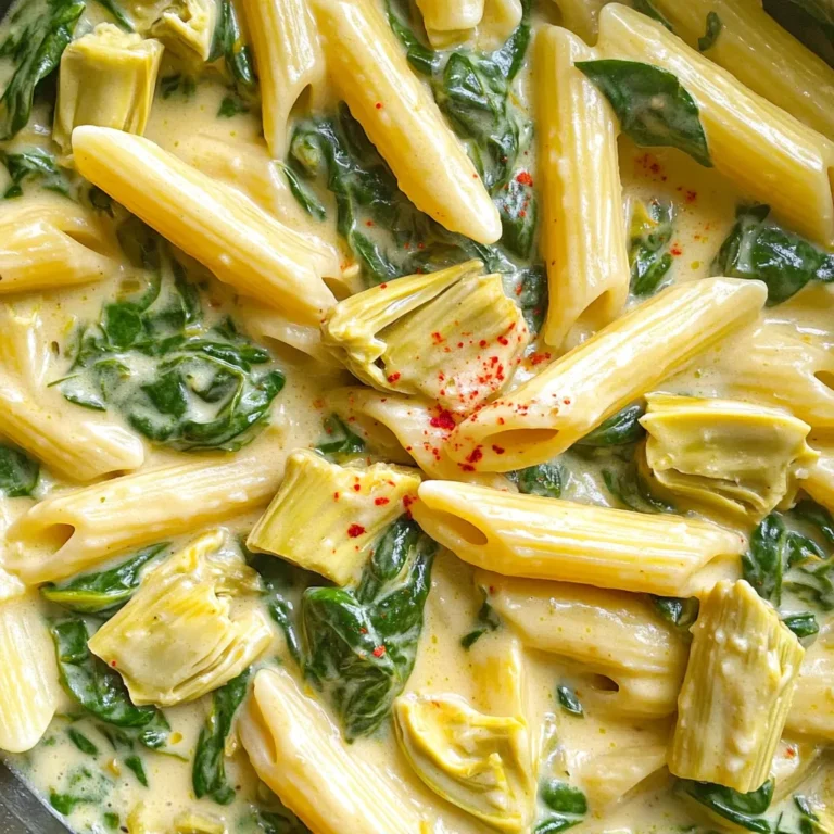 - Penne pasta - Artichoke hearts - Fresh spinach - Vegetable broth - Heavy cream - Grated Parmesan cheese - Garlic - Onion powder - Garlic powder - Olive oil - Salt and pepper - Optional ingredients (like red pepper flakes) To make One-Pot Spinach and Artichoke Pasta, you need some key ingredients. First, grab 8 ounces of penne pasta. This pasta shape holds the sauce well. Next, get a can of artichoke hearts, about 14 ounces. Drain and chop them up for great flavor. You will also need 4 cups of fresh spinach. This adds a nice green color and nutrients. For the cooking base, use 1 cup of vegetable broth. It brings in a rich taste. You’ll need 1 cup of heavy cream to create that creamy texture. Don’t forget 1 cup of grated Parmesan cheese. This cheese gives a salty and nutty flavor. You’ll also need 2 cloves of minced garlic. Garlic adds a lovely aroma. For seasoning, gather 1 teaspoon of onion powder and 1 teaspoon of garlic powder. Use olive oil for sautéing. You will also need salt and pepper to taste. If you want a kick, add some red pepper flakes as an optional ingredient. Each item plays a big role in making this dish flavorful and satisfying. - Sauté the garlic and artichoke hearts Start by heating olive oil in a large pot. Add minced garlic and let it cook for about 30 seconds until it smells great. Then add chopped artichoke hearts. Cook these for about 2-3 minutes. Stir them often until they start to brown a bit. - Simmer the vegetable broth with pasta Next, pour in vegetable broth. Bring this mix to a light simmer. Now, add the penne pasta. Stir it well to make sure it mixes with the broth. Cook for about 8-10 minutes. Stir it occasionally until the pasta is just right, or al dente. - Incorporate cream and seasoning After the pasta cooks, turn the heat down to low. Stir in heavy cream, onion powder, and garlic powder. Add grated Parmesan cheese too. This mix will create a nice, creamy sauce. - Add spinach and finish cooking Finally, add the roughly chopped spinach. Cook for an extra 2-3 minutes. You want the spinach to wilt and everything hot. Season with salt and pepper to taste. This method creates a rich, tasty dish. The flavors blend well, and you get a creamy pasta that's both vibrant and satisfying. Enjoy! - Cooking pasta al dente: Cook your penne pasta until it is firm. This means it should have a slight bite. The pasta will finish cooking in the sauce, absorbing more flavor. - Balancing flavors with salt and spices: Start with a small pinch of salt. Taste as you go. You want to enhance the flavors. You can add more salt, garlic powder, or onion powder as you mix. - Achieving the perfect creaminess: Add the heavy cream slowly. Stir it in well. This helps it mix evenly. The Parmesan cheese will also add a rich, creamy texture. - Overcooking spinach: Spinach cooks quickly. Add it at the end of cooking. Cook just until it wilts. Overcooked spinach loses its bright color and nutrients. - Not properly measuring ingredients: Use measuring cups for the broth and cream. Too much or too little can change the dish. Stick to the recipe for the best results. {{image_2}} You can switch up the pasta type. Use farfalle or fusilli for fun shapes. Each type brings a new twist to the dish. Adding protein makes it heartier. Try grilled chicken or shrimp for extra flavor. You can also make it vegan. Use coconut cream instead of heavy cream. Nutritional yeast can replace the cheese. This keeps the dish creamy and rich. Herbs add layers of taste. Fresh basil or thyme can brighten the dish. Just sprinkle them in when you add the spinach. Want more depth? Add sun-dried tomatoes or mushrooms. They bring a savory kick. You can sauté them with the garlic for extra flavor. These small changes make the dish exciting and new each time. To keep your One-Pot Spinach and Artichoke Pasta fresh, store it right. First, let it cool for a bit. Then, place it in an airtight container. Store it in the fridge. It can last up to three days. If you want to keep it longer, try freezing it. Use a freezer-safe container. It can freeze for up to two months. Just remember to label your container with the date. When it's time to reheat, avoid the microwave if you can. Instead, use a pot on the stove. Add a splash of water or broth to keep it moist. Heat on low, stirring gently. This helps prevent mushiness. If you must use a microwave, cover it with a damp paper towel. Heat in short bursts, stirring in between. This way, your pasta stays creamy and delicious. Yes, you can make this dish gluten-free. Just swap penne pasta for gluten-free pasta. Many brands offer gluten-free options that taste great. To make this dish dairy-free, use coconut cream instead of heavy cream. Replace Parmesan cheese with a dairy-free alternative. Nutritional yeast adds a cheesy flavor without dairy. This pasta pairs well with a fresh salad or crusty bread. You can also serve it with grilled chicken or shrimp for added protein. Roasted vegetables make a nice side too. This blog post covered how to make delicious One-Pot Spinach and Artichoke Pasta. I shared the key ingredients and led you through each cooking step. You now know tips for perfecting flavor and avoiding common mistakes. You can even explore fun variations to suit your taste. Enjoy the creamy goodness of this dish, and don’t forget to experiment! The kitchen is your playground. Happy cooking!