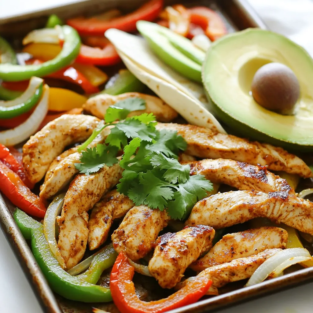 - 1.5 lbs chicken breast, sliced into thin strips - 2 bell peppers (red and green), sliced - 1 medium onion, sliced - 2 tablespoons olive oil - Tortillas (for serving) - Avocado slices (optional, for serving) - 2 tablespoons chipotle pepper in adobo sauce, minced - Juice of 2 limes - 1 teaspoon ground cumin - 1 teaspoon smoked paprika - Salt and pepper to taste - Fresh cilantro, chopped (for garnish) Serve your fajitas with fresh avocado slices for a creamy touch. You can also add lime wedges on the side. They brighten up the flavors and give a burst of freshness. Consider serving with a side of rice or beans to make a full meal. Enjoy your colorful mix of flavors! Start by mixing the marinade. In a large bowl, combine: - 2 tablespoons olive oil - 2 tablespoons minced chipotle pepper in adobo sauce - Juice of 2 limes - 1 teaspoon ground cumin - 1 teaspoon smoked paprika - Salt and pepper to taste Stir the mixture until it blends well. This marinade gives the chicken its bold flavor. Next, prepare the chicken and veggies. Slice 1.5 lbs of chicken breast into thin strips. Then, slice 2 bell peppers (one red and one green) and 1 medium onion. Add the chicken and the sliced veggies to the bowl with the marinade. Toss everything until it is well coated. This step makes sure each piece is flavorful. Now it's time to bake. Spread the chicken and vegetable mix on a large baking sheet. Ensure everything is in an even layer. Preheat your oven to 425°F (220°C). Bake the fajitas for 20-25 minutes. Stir halfway through to cook evenly. When done, the chicken should be cooked through, and the veggies should be tender. Let it cool slightly before serving. Enjoy in warm tortillas, topped with fresh cilantro and avocado slices if you like. To get the best flavor, use fresh lime juice. It brightens the dish. The chipotle pepper gives a smoky kick. You can adjust the amount based on your spice level. I love using two tablespoons for a nice heat. Marinate the chicken for at least 30 minutes. If you have time, let it sit longer. This helps the flavors soak in fully. Cooking times are key for juicy chicken. Bake your fajitas at 425°F (220°C) for 20-25 minutes. Stir halfway through cooking for even heat. Check the chicken's internal temperature. It should reach 165°F (75°C). If you want slightly charred edges, leave them in for a few extra minutes. Just watch carefully so they don’t dry out. Serve the fajitas in warm tortillas. Add fresh cilantro and avocado slices on top. These toppings give a fresh taste. You can also add salsa or sour cream for extra flavor. For a fun twist, try using lettuce wraps instead of tortillas. This makes it lighter and adds crunch. Enjoy your meal with a side of rice or beans for a complete feast! {{image_2}} You can easily switch this recipe to a vegetarian meal. Replace the chicken with firm tofu or tempeh. Slice them into strips, just like the chicken. Marinate the tofu or tempeh in the same mixture. This gives them great flavor. You can also add more veggies, like zucchini or mushrooms, for extra taste. Bake as you would the chicken. Enjoy a colorful, hearty dish that everyone will love. If you want some heat, try different peppers. Jalapeños add a nice kick. You can also use serrano peppers for more spice. Thinly slice them and add them to your mix. If you prefer milder flavors, go for bell peppers only. They add sweetness without the heat. Adjust the peppers based on your taste. This way, you customize your fajitas just the way you like them. You can use various proteins in this recipe. For a quick meal, try shrimp or fish. Slice them into strips and marinate like the chicken. Bake until they turn opaque and flaky. If you prefer beef, use flank steak sliced thinly. It cooks fast and tastes great with the spices. Each protein will add a unique flavor to your fajitas. Feel free to experiment with your favorites! To keep your leftovers fresh, place them in an airtight container. Make sure to separate the chicken from the tortillas. This helps them stay soft. Store them in the fridge for up to three days. If you want to enjoy them later, consider freezing instead. When you’re ready to eat, reheat the chicken and veggies in the oven. Preheat the oven to 350°F (175°C). Place the mixture on a baking sheet and cover with foil. Heat for 10-15 minutes, or until warm. You can also use a microwave. Place the food in a microwave-safe bowl. Heat for 1-2 minutes, stirring halfway through. To freeze, pack the chicken and veggies in a freezer-safe bag. Remove as much air as you can before sealing. These can last up to three months in the freezer. When ready to use, thaw in the fridge overnight. Then, reheat as described above. Enjoy your fajitas later! Yes, you can use frozen chicken. Thaw it first for best results. Place the frozen chicken in the fridge overnight. If you need it quick, use the microwave to defrost. Once thawed, slice it into strips. Marinate it as directed to infuse flavor. If you don't have chipotle pepper, use smoked paprika instead. It adds a nice smoky flavor. You can also use regular chili powder for some heat. For a milder option, try sweet paprika. Adjust the amount based on your taste preference. To check if chicken is done, use a meat thermometer. The internal temperature should reach 165°F (75°C). If you don't have a thermometer, cut a piece open. The meat should be white, not pink. Juices should run clear when it’s fully cooked. This blog post covers everything you need for tasty fajitas. We discussed the main ingredients and seasonings, plus helpful serving ideas. I provided step-by-step instructions for making the marinade, prepping the chicken, and baking the dish. Don’t forget the tips to enhance flavor and perfect cooking times. I also shared fun variations for vegetarians and spice lovers. Storing and reheating your leftovers is easy, too. Follow these steps to enjoy delicious fajitas every time. Happy cooking!