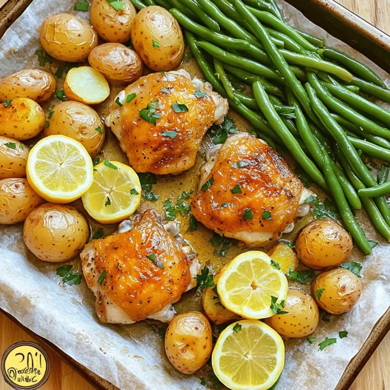 - 6 bone-in chicken thighs, skin-on - 2 cups baby potatoes, halved - 1 cup green beans, trimmed - 1/4 cup Dijon mustard - 1/4 cup fresh lemon juice - 2 tablespoons olive oil - 3 cloves garlic, minced - 1 teaspoon dried thyme - 1 teaspoon smoked paprika - Salt and pepper, to taste - Lemon slices - Fresh parsley, chopped Gathering these ingredients sets you up for success. The chicken thighs are the star, bringing flavor and juiciness. Baby potatoes add heartiness and a nice texture. Green beans balance the meal with their crunch. For the marinade, I love using Dijon mustard and lemon juice. They give the chicken a zesty kick. The garlic, thyme, and smoked paprika boost the flavor even more. Don't skip the garnishes. Fresh lemon slices and parsley make the dish pop. They add color and brightness to your plate. Enjoy the cooking process with these fresh and simple ingredients! - First, preheat your oven to 425°F (220°C). This helps the chicken cook evenly. Line your sheet pan with parchment paper for easy cleanup. - In a mixing bowl, whisk together these ingredients: - 1/4 cup Dijon mustard - 1/4 cup fresh lemon juice - 2 tablespoons olive oil - 3 cloves garlic, minced - 1 teaspoon dried thyme - 1 teaspoon smoked paprika - Salt and pepper, to taste - Now, take the chicken thighs and put them in a large zip-lock bag or bowl. Pour half of the mustard-lemon mixture over the chicken. Toss well to coat. Let the chicken marinate for at least 30 minutes. You can also marinate it overnight for more flavor. - While the chicken marinates, prepare your vegetables. In another bowl, toss the halved baby potatoes with the leftover mustard-lemon mixture. Add more salt and pepper if you like. - After marinating, arrange the chicken thighs skin-side up on one side of the sheet pan. Place the seasoned baby potatoes next to the chicken. - Bake the chicken and potatoes in the preheated oven for about 20 minutes. This helps them start to cook and brown. - After 20 minutes, add the green beans to the pan. Drizzle them with some olive oil and season with salt and pepper. Return the pan to the oven. Bake for another 15-20 minutes. The chicken should reach an internal temperature of 165°F (74°C), and the vegetables should be tender. - Once done, carefully remove the sheet pan from the oven. Let the dish rest for a few minutes. Garnish with lemon slices and freshly chopped parsley before serving. Enjoy your meal! Marinating your chicken is key for great flavor. A good marination time is at least 30 minutes. This lets the chicken soak up the tasty Dijon and lemon. You can even marinate overnight for a stronger taste. Use a zip-lock bag for easy coating. Make sure to coat each thigh well. Cook your chicken until it reaches 165°F (74°C). This keeps it safe to eat. Use a meat thermometer to check. For the veggies, test them with a fork. They should be tender but not mushy. This gives the dish a nice texture. For presentation, serve directly from the sheet pan. It looks rustic and inviting. You can also transfer everything to a platter for a special touch. Drizzle leftover juices over the chicken and veggies. This adds more flavor and makes it look appealing. {{image_2}} You can switch up the chicken in this recipe. Try using boneless chicken thighs or breasts for a quicker cook time. They will still be juicy and flavorful! If you want to go for a lighter option, substitute the chicken with fish. Salmon or cod works well. For a plant-based choice, tofu is a great alternative. Just make sure to press it well to remove excess moisture. This recipe is flexible with vegetables. You can add bell peppers, zucchini, or carrots for extra color and flavor. Seasonal veggies like asparagus or Brussels sprouts also fit well. Using what’s fresh and in-season makes this dish even better. Don’t hesitate to mix and match your favorites! Want to change the flavors? Add fresh herbs like rosemary or basil to the marinade for a new twist. You can also try different spices, such as cumin or coriander. For a citrus boost, use lime juice instead of lemon. If you fancy a bolder taste, experiment with different mustard types. Whole grain mustard adds texture, while spicy mustard gives a kick. The options are endless! To keep your leftovers fresh, place them in an airtight container. Store them in the fridge. Use containers that fit the amount of food you have. Glass or plastic containers work well. Make sure to cool the food before sealing it. This prevents moisture build-up. Leftovers will stay good for up to three days. You can reheat the chicken and vegetables in a few ways. The oven works great for this. Preheat it to 350°F (175°C). Place the food on a baking sheet and cover it with foil. This keeps the chicken juicy. Heat for about 15 to 20 minutes. If you want to use a microwave, place food in a microwave-safe dish. Heat on medium power. Stir halfway through to avoid cold spots. You can freeze this dish, too! Make sure the chicken and veggies are cool first. Place them in freezer-safe bags or containers. Squeeze out as much air as possible. This helps prevent freezer burn. You can freeze leftovers for up to three months. When you’re ready to eat, thaw the dish in the fridge overnight. After that, reheat it using the oven or microwave. Enjoy your meal just as good as fresh! You should marinate chicken thighs for at least 30 minutes. This gives the flavors time to soak in. For best results, try to marinate them overnight. The longer you marinate, the more flavor your chicken will have. Keep the chicken in the fridge while it marinates. The safe internal temperature for chicken thighs is 165°F (74°C). This ensures that any harmful bacteria are killed. Use a meat thermometer to check the temperature. Insert it into the thickest part of the thigh, avoiding bone. This step is crucial for your safety. Yes, you can prepare parts of this recipe ahead of time. You can marinate the chicken the night before. This saves time on the day you want to cook. You can also wash and cut the veggies in advance. Keep everything in the fridge until you are ready to bake. This dish combines chicken thighs, potatoes, and green beans in a tasty meal. The marinade adds great flavor, and marinating time is key. Baking ensures everything cooks well together. Feel free to mix in other proteins or veggies for variety. Storing leftovers properly keeps them fresh for later. You can also freeze this meal. With these tips, you can enjoy a fun and tasty dinner anytime.
