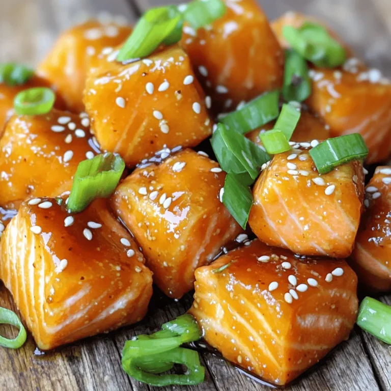 For these teriyaki salmon bites, you need fresh, quality ingredients. Here’s what you need: - 1 lb fresh salmon fillet, skin removed and cut into bite-sized cubes - 2 green onions, sliced for garnish - Sesame seeds for garnish Using fresh salmon gives the best taste and texture. Make sure to cut it into even cubes. This helps them cook evenly. The marinade is key to flavor. It brings the dish to life. Here’s what you will mix: - 1/4 cup soy sauce - 2 tablespoons honey - 1 tablespoon rice vinegar - 1 tablespoon sesame oil - 1 teaspoon grated fresh ginger - 1 teaspoon minced garlic Combine these ingredients in a bowl. Whisk them together until smooth. This mix will soak into the salmon, adding sweet and savory notes. Garnishing makes your dish look great. It adds color and flavor. Use: - Sliced green onions - Sesame seeds After cooking, sprinkle these on top. They give a nice crunch and a pop of color. Your teriyaki salmon bites will look as good as they taste! To make the teriyaki marinade, grab a medium bowl. Combine 1/4 cup soy sauce, 2 tablespoons honey, 1 tablespoon rice vinegar, and 1 tablespoon sesame oil. Add 1 teaspoon grated fresh ginger and 1 teaspoon minced garlic. Whisk everything together until smooth. This mix gives your salmon its sweet and savory flavor. Take your 1 lb of fresh salmon fillet and cut it into bite-sized cubes. In the bowl with the marinade, gently add the salmon. Stir carefully to coat each piece. Make sure every cube is covered in sauce. Cover the bowl and place it in the fridge for at least 20 minutes. This time lets the flavors soak into the salmon. While the salmon marinates, get a nonstick skillet and heat it over medium heat. In a small bowl, mix 1 tablespoon cornstarch with 1 tablespoon water to create a slurry. After 20 minutes, take the salmon out of the fridge. Discard the extra marinade. Place the salmon bites in the hot skillet. Cook for 3-4 minutes on each side until golden brown. If there’s any marinade left, pour it into the skillet. Stir in the cornstarch slurry and let it cook for another minute. This step thickens the sauce and makes it sticky. Take the skillet off the heat. Let the salmon bites sit for a minute to absorb the flavors. Finally, garnish with sliced green onions and a sprinkle of sesame seeds. Enjoy your tasty teriyaki salmon bites! To get the best flavor, marinate your salmon well. Use fresh ingredients for the marinade. Mix soy sauce, honey, rice vinegar, sesame oil, ginger, and garlic. I always suggest letting the salmon sit in the marinade for at least 20 minutes. For even more flavor, marinate it for up to an hour. This helps the salmon absorb every delicious bite. When you cook the salmon bites, make sure your skillet is hot. This helps sear the salmon and gives it a nice golden color. Cook each side for about 3-4 minutes. Don't crowd the pan; this allows the salmon to cook evenly. If your salmon pieces are too close, they will steam instead of sear. To thicken your teriyaki sauce, use a cornstarch slurry. Mix cornstarch with water before adding it to the skillet. Pour in any leftover marinade after the salmon cooks. Stir in the cornstarch slurry and let it cook for 1-2 minutes. This will create a nice, glossy sauce that clings to your salmon bites. Keep stirring until you see it thicken. {{image_2}} If you want to switch things up, you can use other fish. Tuna or mahi-mahi work well. Both have a firm texture and absorb flavors nicely. If you prefer a plant-based option, try tofu. Press and cube the tofu before marinating. It soaks up the sauce well and gives a nice bite. You can customize the marinade to suit your taste. Instead of soy sauce, try tamari for a gluten-free option. You can also use coconut aminos for a sweeter flavor. Swap honey for maple syrup if you want a vegan version. For a spicy kick, add a bit of sriracha or red pepper flakes to the mix. These salmon bites pair well with many sides. Serve them with steamed rice or quinoa for a filling meal. You can also offer a fresh salad to balance the richness of the salmon. For sauces, a drizzle of spicy mayo or extra teriyaki sauce enhances the flavor. Don't forget to garnish with sesame seeds and green onions for a beautiful presentation! To store leftover teriyaki salmon bites, place them in an airtight container. Make sure they cool down to room temperature first. Then, seal the lid tightly. This helps keep the salmon fresh. You can store it in the fridge for up to three days. If you know you won’t eat them soon, consider freezing them. To reheat your teriyaki salmon bites, use a skillet for best results. Heat the skillet over medium heat. Add a splash of water or a little oil to help keep them moist. Cook for about 3-4 minutes, turning gently. You can also use the microwave. Place the bites in a microwave-safe dish. Cover with a damp paper towel and heat for 30-second intervals until warmed through. If you want to freeze teriyaki salmon bites, first let them cool completely. Place them in a freezer-safe bag or container. Remove as much air as possible to prevent freezer burn. They can last up to three months in the freezer. When you're ready to eat, thaw them overnight in the fridge. Then, reheat as described above for the best taste. You should marinate the salmon for at least 20 minutes. This time allows the flavors to soak in well. For even better taste, you can marinate it for up to an hour. Just remember to keep it in the fridge while it marinates. The more time the salmon sits in the sauce, the more flavor it gains. Yes, you can use frozen salmon. Just make sure to thaw it completely before cooking. You can do this by placing it in the fridge overnight or running it under cold water. After thawing, check for any moisture and pat it dry. This helps the marinade stick better and gives you a tasty result. Teriyaki salmon bites pair well with many sides. Here are some great options to consider: - Steamed rice - Quinoa - Stir-fried vegetables - A fresh green salad - Noodles These sides add flavor and texture to your meal. Use your favorites to create a balanced and delicious plate. To make great teriyaki salmon bites, fresh ingredients are key. We explored the marinade, cooking steps, and best practices. You now know how to prepare, marinate, and cook salmon bites perfectly. Variations help you enjoy this dish your way. Proper storage keeps the flavors intact. Use the tips from the FAQs to enhance your experience. Enjoy your teriyaki salmon bites and impress your friends and family!