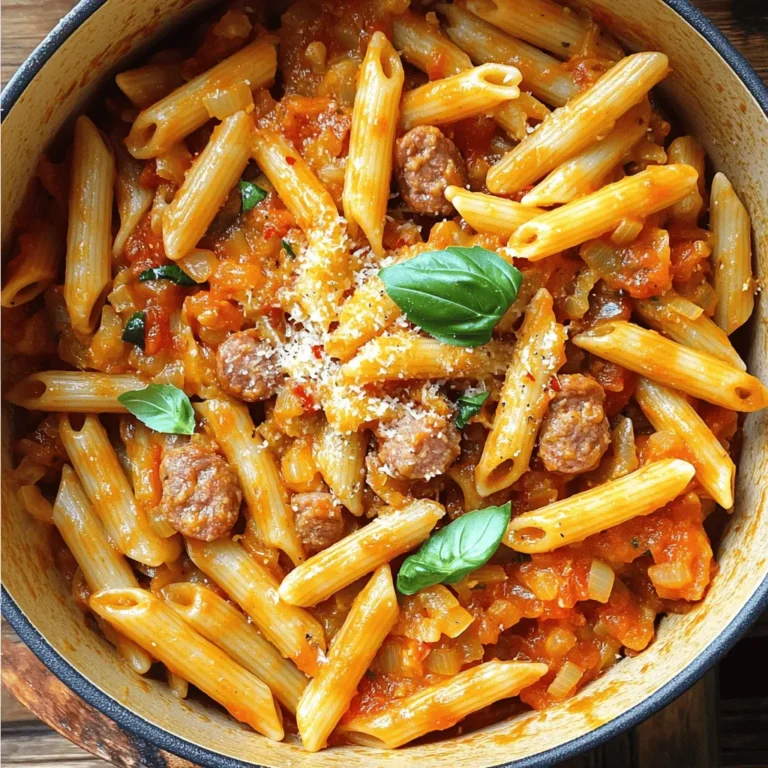 - 12 oz penne pasta - 8 oz spicy Italian sausage, casing removed and crumbled - 1 medium onion, diced - 2 garlic cloves, minced - 1 can (14 oz) crushed tomatoes - 2 cups low-sodium chicken broth - 1 teaspoon red pepper flakes (adjust to taste) - 1 teaspoon dried oregano - 1 tablespoon olive oil - Salt and pepper to taste - Fresh basil leaves for garnish - Grated Parmesan cheese for serving (optional) When you prepare your ingredients, use a kitchen scale for accurate amounts. For the onion, make sure to dice it small. This helps it cook evenly. Mince the garlic finely for great flavor in every bite. Measure the crushed tomatoes and chicken broth with liquid measuring cups for precision. If you like heat, keep the red pepper flakes handy as you cook. You can adjust them to your taste. You can swap the penne pasta for any pasta you like. Bowtie or rotini work well too. If you can't find spicy Italian sausage, use mild sausage with added red pepper flakes. For a vegetarian option, try crumbled tofu or lentils instead of sausage. If you want a lighter dish, use vegetable broth instead of chicken broth. Fresh herbs like parsley can replace the basil if you prefer. Start by gathering all your ingredients. This makes cooking easier and more fun. You will need: - 12 oz penne pasta - 8 oz spicy Italian sausage, casing removed and crumbled - 1 medium onion, diced - 2 garlic cloves, minced - 1 can (14 oz) crushed tomatoes - 2 cups low-sodium chicken broth - 1 teaspoon red pepper flakes (adjust to taste) - 1 teaspoon dried oregano - 1 tablespoon olive oil - Salt and pepper to taste - Fresh basil leaves for garnish - Grated Parmesan cheese for serving (optional) Next, chop the onion and mince the garlic. This helps release their flavors better during cooking. In a large pot or Dutch oven, heat the olive oil over medium heat. Add the crumbled spicy Italian sausage. Cook until it turns brown, about 3-5 minutes. Use a spoon to break it up as it cooks. Once the sausage is browned, stir in the diced onion. Cook it until it becomes soft and translucent, which takes about 3 minutes. Then, add the minced garlic. Sauté it for about 30 seconds until it smells great. Now, pour in the crushed tomatoes and chicken broth. Add red pepper flakes, dried oregano, salt, and pepper. Stir everything well to combine. Next, bring this mixture to a boil. Once boiling, add the penne pasta. Make sure to stir it well so the pasta is fully submerged in the liquid. Reduce the heat to low and cover the pot. Let it simmer for about 12-15 minutes. Stir occasionally until the pasta is cooked and most of the liquid is absorbed. When the pasta is done, take the pot off the heat. Taste the dish and adjust the seasoning if needed. Serve it hot. Garnish with fresh basil leaves and sprinkle grated Parmesan cheese on top if you like. This recipe makes 4 servings. Enjoy your meal! To boost flavor, use fresh herbs. Fresh basil adds a nice touch. You can also try thyme or parsley for extra taste. If you want more heat, add extra red pepper flakes. For a smoky flavor, try adding a bit of smoked paprika. Start by cooking the sausage well. This adds depth to the dish. Stir it often to break it apart. Cook until it’s nicely browned. This step builds flavor. When you add the pasta, make sure it's fully submerged in the broth. This helps it absorb the sauce better. Stir occasionally for even cooking. One common mistake is overcooking the pasta. This makes it mushy. Check it a minute before the time is up. Another mistake is not tasting the dish. Always taste the sauce before serving. Adjust the salt and pepper as needed. Lastly, don’t skip the fresh basil. It lifts the dish and adds brightness. {{image_2}} You can easily change the flavor of this dish. Swap the spicy Italian sausage for sweet Italian sausage if you prefer less heat. Ground turkey or chicken also works well. If you want a smokier taste, try adding chorizo. For a deeper flavor, include some diced bell peppers or mushrooms. You can even use different pasta types, like rigatoni or fusilli, to mix things up. To make this dish vegetarian, replace the sausage with plant-based sausage or lentils. Lentils add protein and a hearty texture. You can also use chickpeas for a nutty flavor. For a vegan option, skip the cheese and use nutritional yeast instead. This adds a cheesy flavor without the dairy. You can still enjoy the rich taste of tomatoes and spices. Using seasonal ingredients makes this dish burst with flavor. In spring, add fresh asparagus or peas for a pop of color. During summer, toss in zucchini or cherry tomatoes. Fall is perfect for adding spinach or kale. For winter, consider roasted butternut squash. All these additions bring freshness and nutrition to your one-pot meal. Plus, they make your dish more colorful and appealing! Store your One-Pot Spicy Sausage Tomato Pasta in an airtight container. Let it cool down before sealing it. This helps keep the flavors fresh. You can keep it in the fridge for up to three days. If you want to keep it longer, freezing is a great option. To reheat the pasta, use a pot on low heat. Add a splash of water or broth to keep it moist. Stir gently until it warms up evenly. You can also use a microwave. Place it in a microwave-safe bowl and cover it. Heat in short bursts, stirring in between, to avoid hot spots. For freezing, portion the pasta into freezer-safe bags or containers. Remove as much air as possible to prevent freezer burn. It can last up to three months in the freezer. When ready to eat, thaw it in the fridge overnight. Reheat it on the stove or microwave as mentioned above. Enjoy your tasty meal anytime! To make the pasta spicier, you can add more red pepper flakes. Start with an extra half teaspoon. If you like heat, try using spicy sausage instead of mild. You can also add diced jalapeños or hot sauce. Just remember, taste as you go. You want the heat to enhance the dish, not overpower it. This pasta pairs well with a fresh salad. A simple green salad with vinaigrette works great. You can also serve garlic bread on the side. To elevate your meal, a light white wine complements the flavors. For an extra touch, sprinkle some extra Parmesan cheese on top before serving. Yes, you can make this recipe ahead of time. Cook the pasta and sauce as directed, then cool it down. Store it in the fridge for up to three days. When ready to eat, reheat on the stove over low heat. Add a splash of broth to keep it moist. Enjoy your easy, flavorful meal any day! This blog post covered all key steps for making great pasta. We discussed ingredients, preparation, cooking methods, and tips. I shared ways to avoid common mistakes and enhance flavors. You learned about variations, like vegetarian options and seasonal swaps. Lastly, I provided storage tips to keep your pasta fresh. Remember, cooking is about having fun and being creative. You can make this dish your own with easy changes and unique flavors. Enjoy your pasta adventures!