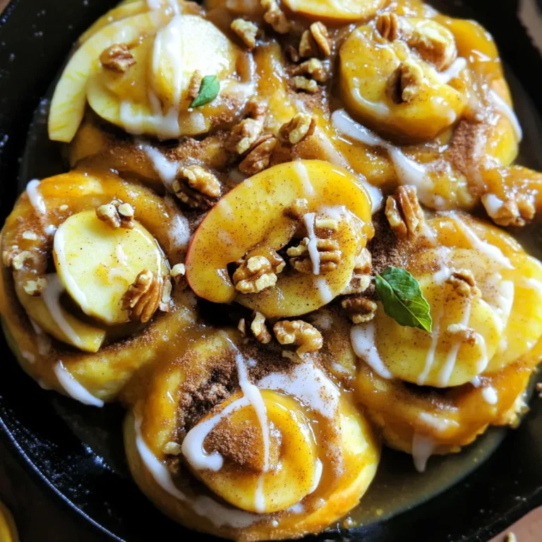 - 1 can of refrigerated cinnamon roll dough (8 rolls) - 1 cup apple butter - 1 tablespoon ground cinnamon - 1/4 cup brown sugar - 1/2 cup chopped walnuts (optional) - 1/4 cup vanilla icing (from the cinnamon roll package) - 1 tablespoon butter, for greasing the skillet - Fresh apple slices and extra walnuts for garnish To make this dish, you will need a few tools: - A 10-inch cast iron skillet - A small bowl for mixing - A medium bowl for tossing - A butter knife or spoon for spreading - An oven mitt for safety You can get creative with your apple butter cinnamon roll skillet! Try adding: - Raisins or dried cranberries for sweetness - A dash of nutmeg for warmth - A sprinkle of powdered sugar on top - Whipped cream for a special touch - Extra fresh apple slices for color and crunch Start by preheating your oven to 375°F (190°C). This is key for even baking. While the oven heats, take a 10-inch cast iron skillet and grease it with 1 tablespoon of butter. This step helps prevent sticking. Make sure to coat the bottom and sides well. In a small bowl, combine 1/4 cup of brown sugar with 1 tablespoon of ground cinnamon. Stir them together until mixed well. This mixture will add a sweet and spicy kick to your rolls. Set this aside for later. Open the can of refrigerated cinnamon roll dough. You will find 8 rolls inside. Cut each roll into quarters. Toss these pieces in the cinnamon sugar mixture until they are well coated. Now, take half of the apple butter and spread it evenly on the bottom of your greased skillet. Next, arrange the coated cinnamon roll pieces in a circular pattern on top of the apple butter. Leave a little space between each piece for even cooking. Spoon the rest of the apple butter over the cinnamon roll pieces. Make sure to cover them well. If you want, you can sprinkle chopped walnuts on top. Now, place the skillet in the preheated oven. Bake for 20-25 minutes, or until the rolls turn golden brown. Once baked, take the skillet out and let it cool for a bit. Drizzle the vanilla icing from the package over the warm rolls. For a nice touch, garnish with fresh apple slices and extra walnuts. Enjoy your delicious apple butter cinnamon roll skillet! To keep your cinnamon rolls from sticking, grease your skillet well. Use one tablespoon of butter. Spread it evenly across the bottom and sides. This step is key for easy serving later. If you want even more assurance, you could use parchment paper. Just cut it to fit the bottom of the skillet. For the best bake, preheat your oven to 375°F (190°C). This ensures an even cook. Bake your cinnamon rolls for 20 to 25 minutes. Look for a golden brown color on top. If you have a toothpick, test the center for doneness. It should come out clean. Let it cool slightly before drizzling icing on top. To boost the flavor, mix in more spices. A dash of nutmeg or allspice can add warmth. You can also add chopped walnuts for a nice crunch. If you like a sweeter taste, drizzle more icing over the top. Fresh apple slices as garnish add both color and flavor. These small changes make the dish even more exciting. {{image_2}} You can switch up the apple butter for other fruit spreads. Try using pumpkin butter for a fall twist. Peach preserves add a sweet flavor that pairs nicely with cinnamon. Berry jams can also work, giving a fresh and tart taste. Each option brings a new vibe to the dish. If you want to change the dough, consider using biscuit dough. It gives a flaky texture that contrasts with the sweet filling. Croissant dough can add a buttery, rich flavor that is hard to resist. You can even use gluten-free dough for a tasty alternative without the gluten. To make this dish nut-free, simply skip the walnuts. You can use seeds like sunflower seeds or pumpkin seeds for a crunch. This way, you keep the texture while making it safe for those with nut allergies. You can also add extra fruit slices for added flavor and texture. To keep your Apple Butter Cinnamon Roll Skillet fresh, let it cool first. Then, cover it tightly with plastic wrap or foil. You can also place it in an airtight container. Store it in the fridge for up to three days. This way, you can enjoy it later without losing flavor. When you're ready to eat the leftovers, preheat your oven to 350°F (175°C). Place the skillet in the oven for about 10-15 minutes. This warms it up and keeps the rolls soft. If you're in a hurry, you can use the microwave. Heat in short bursts of 30 seconds, checking often. You can freeze the Apple Butter Cinnamon Roll Skillet too! First, let it cool completely. Wrap the skillet tightly with plastic wrap, then with aluminum foil. This helps prevent freezer burn. You can freeze it for up to three months. When you're ready to eat, thaw it in the fridge overnight before reheating. Enjoy this treat anytime! Yes, you can use homemade cinnamon roll dough. It adds a personal touch. Just ensure the dough is soft and easy to shape. Roll it out and cut it into pieces like store-bought dough. I love the taste of homemade dough. It can make this recipe even more special. To make this dish ahead, prepare it the night before. You can assemble the cinnamon rolls in the skillet. Cover the skillet with plastic wrap and place it in the fridge. When ready to bake, remove the wrap and let it sit for about 20 minutes. Then, bake as directed. This saves time on busy mornings. If you don't have apple butter, try other fruit spreads. Pumpkin butter or peach preserves work well. You can also use homemade applesauce. Just remember, the texture and sweetness may change. Adjust the sugar in the recipe if needed. Each option brings a unique flavor to the dish. This blog post covered all you need to make tasty cinnamon rolls. We discussed ingredients, tools, and handy tips to prevent sticking and achieve great flavor. You also learned about tasty variations and how to store leftovers. My final thought is to have fun experimenting with flavors. Enjoy baking and sharing these delicious rolls with loved ones!