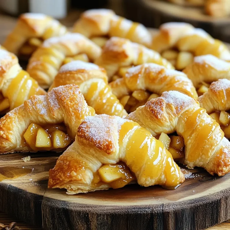 - 1 can of crescent roll dough - 2 medium apples, peeled, cored, and diced - 1/4 cup brown sugar - 1 teaspoon ground cinnamon - 1 tablespoon all-purpose flour - 1 tablespoon lemon juice - 1 egg, beaten (for egg wash) - 1 tablespoon granulated sugar (for sprinkling) - Caramel sauce (for drizzling) To make Apple Pie Crescent Bites, you need a few key ingredients. Start with a can of crescent roll dough. This dough gives the bites a nice, flaky texture. You will also need two medium apples. Make sure to peel, core, and dice them. This adds the sweet and tart flavor that makes apple pie so good. Next, grab 1/4 cup of brown sugar. This sugar adds a rich, sweet taste. You will need one teaspoon of ground cinnamon for that warm spice flavor. A tablespoon of all-purpose flour helps thicken the apple filling. One tablespoon of lemon juice adds brightness and balances the sweetness. For the finishing touch, use an egg, beaten, for the egg wash. This gives the bites a golden color when baked. You will sprinkle them with one tablespoon of granulated sugar for added sweetness and crunch. Finally, don't forget the caramel sauce for drizzling on top. It makes each bite even more delicious! Gather these ingredients, and you are ready to make a tasty treat that everyone will love. 1. Preheat your oven to 375°F (190°C) and line a baking sheet with parchment paper. This helps the bites bake evenly and not stick. 2. In a mixing bowl, combine the diced apples, brown sugar, cinnamon, flour, and lemon juice. Stir until the apples are well coated. This mix gives a sweet and zesty flavor to the bites. 3. Unroll the crescent roll dough and separate it into triangles. Keep the dough cold for easier handling. 1. Place a spoonful of the apple mixture at the wide end of each crescent dough triangle. Don’t overfill, or they might burst! 2. Carefully roll the crescent dough over the apple filling, starting from the wide end. Seal the edges to keep the filling from leaking. A tight seal makes a big difference. 1. Brush the tops of the bites with the beaten egg and sprinkle with granulated sugar. This step adds a nice shine and crunch. 2. Bake in the preheated oven for about 12-15 minutes, or until golden brown. Keep an eye on them to avoid burning. 3. Once baked, remove from the oven and let cool slightly. Drizzle with caramel sauce for a sweet finish! To ensure even baking, spread the crescent bites apart on the baking sheet. This allows airflow around each piece. Also, try to keep the dough at room temperature. Chilled dough can bake unevenly. For a golden crust, brush the tops with the beaten egg wash. This gives them a shiny, crispy finish. You can sprinkle granulated sugar on top for added sweetness and crunch. To elevate the taste, consider adding chopped nuts or raisins to the apple filling. Walnuts or pecans add a nice crunch. Raisins bring a chewy sweetness that pairs well with apples. If you want to switch up the spices, try nutmeg or ginger instead of cinnamon. They add unique flavors that can surprise your taste buds. For a beautiful presentation, arrange the crescent bites on a colorful platter. You can dust powdered sugar over them for a touch of elegance. Pair your apple pie crescent bites with a scoop of vanilla ice cream. The warm bites and cold ice cream create a delightful contrast. You can also serve them with a drizzle of caramel sauce for extra sweetness. {{image_2}} You can mix things up by using different fruits. Try pears or berries for a fun twist. These fruits also pair well with cinnamon. You can also add cream cheese to the filling. This makes the bites rich and creamy. Just mix the cream cheese with sugar and spices for extra flavor. If you need a gluten-free option, look for gluten-free crescent roll dough. Many brands offer this now. You can also make these bites vegan. Instead of an egg wash, use a mixture of almond milk and maple syrup. This gives the bites a nice shine without eggs. For a fall twist, add spices like nutmeg or allspice to your apple filling. These spices boost the warm flavors of the apples. You can also change the toppings for different holidays. Try adding a sprinkle of powdered sugar for Christmas, or a drizzle of chocolate for birthdays. Each season can bring a new flavor to your crescent bites! To store leftover Apple Pie Crescent Bites, let them cool first. Place them in an airtight container. This keeps them fresh for up to three days. If you want to enjoy them warm, just pop them in the microwave for about 10-15 seconds. Check them often so they don’t get too hot. You can also cover them with foil to keep the crust soft. For long-term storage, you can freeze the crescent bites. First, let them cool completely. Then, wrap each bite in plastic wrap. Place the wrapped bites in a freezer-safe bag. They can last for up to two months in the freezer. When you are ready to eat, thaw them in the fridge overnight. Reheat them in the oven at 350°F (175°C) for about 10 minutes. This way, they will taste fresh and crispy! Yes, you can use store-bought apple pie filling. Just skip the step of mixing apples with sugar and spices. It saves time and works well. However, homemade filling adds a special touch. These bites take about 12 to 15 minutes to bake. You want them golden brown and puffed up. Keep an eye on them to avoid burning. You can use white sugar mixed with a bit of molasses. Use one tablespoon of molasses for every cup of white sugar. This mix gives a similar taste and color. Yes, you can make these bites in advance. Prepare them, but don’t bake them yet. Store them in the fridge for up to a day. When ready, bake them fresh for the best taste. This recipe shows how to make tasty crescent apple bites with just a few steps. You learned about the ingredients, how to prepare, assemble, and bake them. Remember to explore different fillings and topping options to suit your taste. These bites are easy to customize and fun to serve. Enjoy your sweet treats fresh or stored for later. Whether for a party or a cozy night in, they are sure to impress. Happy baking!