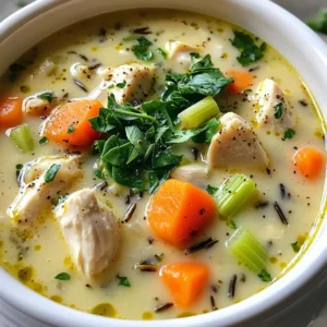 To make this creamy chicken and wild rice soup, gather these simple items: - 1 tablespoon olive oil - 1 medium onion, diced - 2 carrots, diced - 2 celery stalks, diced - 2 garlic cloves, minced - 1 pound chicken breast, cubed - 1 cup wild rice, rinsed - 6 cups chicken broth - 1 cup heavy cream - 1 teaspoon dried thyme - 1 teaspoon dried rosemary - Salt and pepper to taste - 2 cups fresh spinach, chopped - Fresh parsley, for garnish You can swap some ingredients for different flavors or dietary needs. If you want a leaner option, use turkey instead of chicken. For a lighter soup, try half-and-half instead of heavy cream. If you don’t have wild rice, brown rice works too, but it cooks faster. You can also add other veggies like mushrooms or peas for extra nutrition. Choosing fresh ingredients makes a big difference. Look for firm chicken with no strange smell. Your vegetables should be bright and crisp. When selecting spinach, choose leaves that are deep green and free of spots. For herbs, fresh is best. If you can, pick them up from a local market. Fresh herbs really enhance the taste of your soup. First, gather all your ingredients. You need olive oil, onion, carrots, celery, garlic, chicken, wild rice, chicken broth, heavy cream, thyme, rosemary, salt, pepper, spinach, and parsley. This soup is simple, and having everything ready makes cooking easy. 1. Heat the oil: In a large pot, heat one tablespoon of olive oil over medium heat. 2. Sauté the veggies: Add diced onion, carrots, and celery. Stir and cook for about five minutes. The veggies should be soft. 3. Add garlic: Next, add two minced garlic cloves. Cook for one more minute. This will make your kitchen smell great! 4. Cook the chicken: Add one pound of cubed chicken to the pot. Cook while stirring until the chicken turns brown. This takes about five to seven minutes. 5. Combine ingredients: Pour in six cups of chicken broth. Add one cup of rinsed wild rice, one teaspoon of dried thyme, one teaspoon of dried rosemary, salt, and pepper. 6. Simmer: Bring everything to a boil. Then, reduce the heat and cover the pot. Let it simmer for about 45 minutes. The rice should be tender and the chicken fully cooked. 7. Finish the soup: Once the rice is cooked, stir in one cup of heavy cream and two cups of chopped spinach. Heat through for five to ten minutes. Check if you need more seasoning. 8. Serve: Serve the soup hot, and garnish with fresh parsley. Keep the heat at medium when you start. This helps cook the veggies without burning them. When simmering, lower the heat to maintain a gentle bubble. This allows the rice to cook evenly. If the soup is too thick, add a bit more broth. If you want it thicker, let it simmer longer without the lid. One mistake is not cooking the chicken enough. Make sure it turns golden brown. Another error is overcooking the rice. Keep an eye on the cooking time for perfect texture. Don’t skip the fresh herbs; they add great flavor. Lastly, avoid adding the cream too early. It’s best to mix it in at the end. Using fresh ingredients makes a big difference. Select bright, crisp veggies for the best taste. Fresh herbs, like thyme and rosemary, enhance the soup's depth. For a richer flavor, let the soup simmer longer. It helps the chicken and rice absorb all the tasty broth. Taste and adjust the seasoning before serving. A pinch more salt can elevate the dish. If you want a creamier soup, add a bit more heavy cream. You can also mix in a slurry of cornstarch and water. This will naturally thicken the broth. Another option is to puree a portion of the soup and mix it back in. This gives a nice, thick texture without losing any flavor. {{image_2}} You can add mushrooms for a rich flavor. Use 1 to 2 cups of sliced mushrooms. After you sauté the onions, carrots, and celery, add the mushrooms. Cook them until they soften. This addition can make your soup even heartier and more delicious. For a lighter soup, swap heavy cream for half-and-half or milk. You can also use skinless chicken breast. This keeps the dish tasty while lowering fat. Reduce the olive oil to 1 teaspoon. Add more veggies like zucchini or bell peppers for extra nutrition. If you want a meatless version, replace chicken with chickpeas or lentils. Use vegetable broth instead of chicken broth. You can still keep the wild rice for texture. Add extra greens like kale or Swiss chard to boost the health factor. You’ll have a filling soup that everyone can enjoy! To keep your creamy chicken and wild rice soup fresh, store it in an airtight container. Make sure it cools down before sealing it up. This prevents moisture build-up, which can spoil the soup. The soup stays good in the fridge for about three to four days. Ensure you label the container with the date you made it. When you’re ready to enjoy the soup again, reheating is simple. Pour the soup into a pot and heat it on medium. Stir it often to keep it from sticking. If it seems too thick, add a splash of chicken broth or water. Heat until it's warm throughout. For the best taste, avoid using a microwave if you can. You can freeze this soup for longer storage. Use a freezer-safe container or a heavy-duty freezer bag. Leave a little space at the top for the soup to expand. It stays fresh in the freezer for up to three months. When you're ready to eat it, thaw it overnight in the fridge. Then, reheat it on the stove as mentioned above. Enjoy your delicious soup anytime! Yes, you can use brown rice. However, brown rice takes longer to cook. You will need to adjust the cooking time. Brown rice can change the soup's texture. Wild rice gives a unique taste and feel that many enjoy. If you prefer brown rice, try cooking it separately. Then, mix it in just before serving. Making this soup ahead is easy. You can cook the soup up to step 5. Let it cool down, then store it in a container. Keep it in the fridge for up to three days. When you want to eat it, heat it on the stove. Stir in the spinach and cream near the end. This keeps the spinach fresh and bright. This soup pairs well with crusty bread. A simple green salad also works great. You can even serve it with some crackers for a nice crunch. For a fun twist, offer some cheese or herb butter to spread on the bread. Enjoy your meal with a nice drink, like iced tea or lemonade! This blog post provides a clear guide on making Creamy Chicken and Wild Rice Soup. We covered the key ingredients, detailed cooking steps, and helpful tips to avoid mistakes. I also shared delicious variations and best practices for storage. In summary, use fresh ingredients for the best taste. Try the variations for excitement. With these tips, you can enjoy a warm, tasty bowl any day. Happy cooking!
