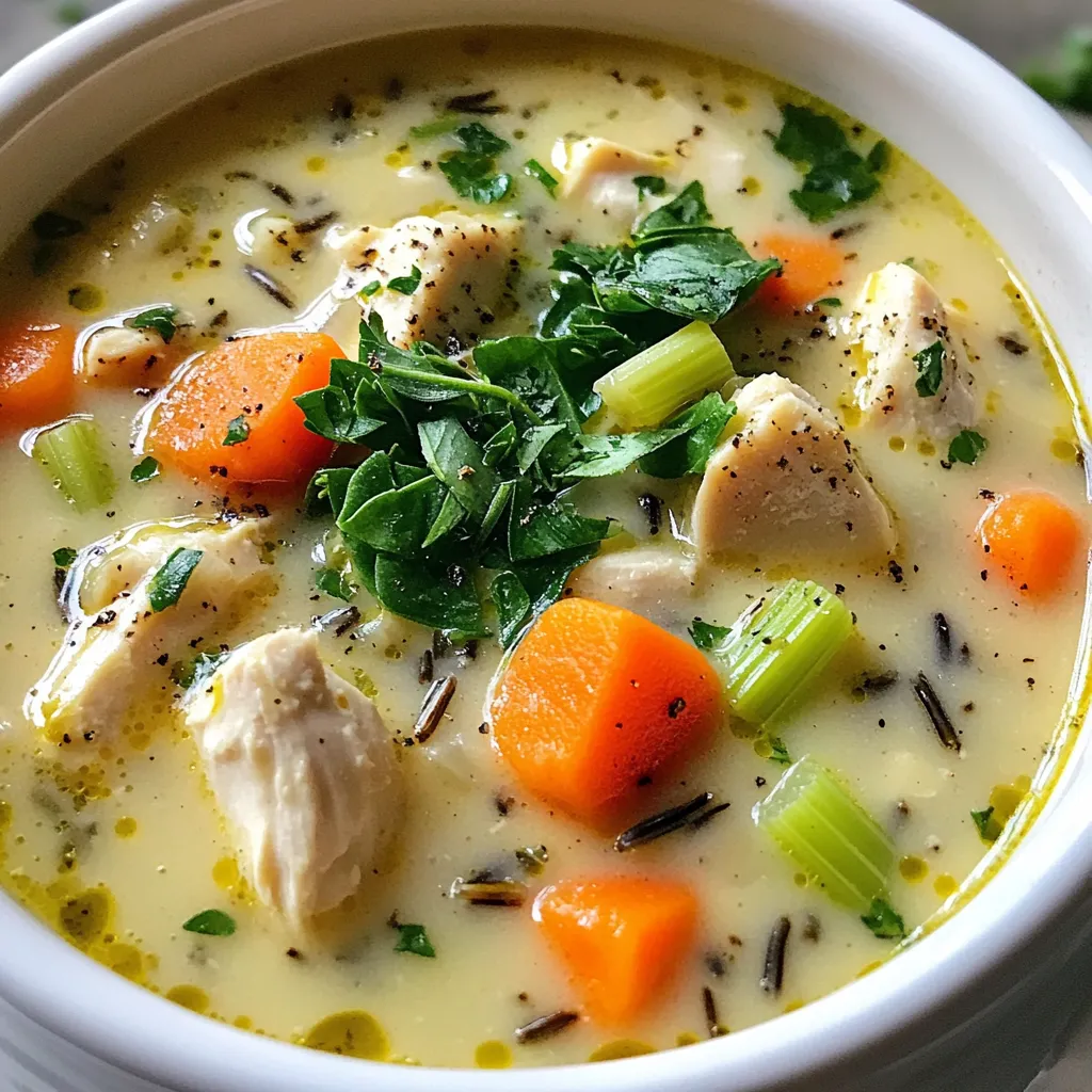 To make this creamy chicken and wild rice soup, gather these simple items: - 1 tablespoon olive oil - 1 medium onion, diced - 2 carrots, diced - 2 celery stalks, diced - 2 garlic cloves, minced - 1 pound chicken breast, cubed - 1 cup wild rice, rinsed - 6 cups chicken broth - 1 cup heavy cream - 1 teaspoon dried thyme - 1 teaspoon dried rosemary - Salt and pepper to taste - 2 cups fresh spinach, chopped - Fresh parsley, for garnish You can swap some ingredients for different flavors or dietary needs. If you want a leaner option, use turkey instead of chicken. For a lighter soup, try half-and-half instead of heavy cream. If you don’t have wild rice, brown rice works too, but it cooks faster. You can also add other veggies like mushrooms or peas for extra nutrition. Choosing fresh ingredients makes a big difference. Look for firm chicken with no strange smell. Your vegetables should be bright and crisp. When selecting spinach, choose leaves that are deep green and free of spots. For herbs, fresh is best. If you can, pick them up from a local market. Fresh herbs really enhance the taste of your soup. First, gather all your ingredients. You need olive oil, onion, carrots, celery, garlic, chicken, wild rice, chicken broth, heavy cream, thyme, rosemary, salt, pepper, spinach, and parsley. This soup is simple, and having everything ready makes cooking easy. 1. Heat the oil: In a large pot, heat one tablespoon of olive oil over medium heat. 2. Sauté the veggies: Add diced onion, carrots, and celery. Stir and cook for about five minutes. The veggies should be soft. 3. Add garlic: Next, add two minced garlic cloves. Cook for one more minute. This will make your kitchen smell great! 4. Cook the chicken: Add one pound of cubed chicken to the pot. Cook while stirring until the chicken turns brown. This takes about five to seven minutes. 5. Combine ingredients: Pour in six cups of chicken broth. Add one cup of rinsed wild rice, one teaspoon of dried thyme, one teaspoon of dried rosemary, salt, and pepper. 6. Simmer: Bring everything to a boil. Then, reduce the heat and cover the pot. Let it simmer for about 45 minutes. The rice should be tender and the chicken fully cooked. 7. Finish the soup: Once the rice is cooked, stir in one cup of heavy cream and two cups of chopped spinach. Heat through for five to ten minutes. Check if you need more seasoning. 8. Serve: Serve the soup hot, and garnish with fresh parsley. Keep the heat at medium when you start. This helps cook the veggies without burning them. When simmering, lower the heat to maintain a gentle bubble. This allows the rice to cook evenly. If the soup is too thick, add a bit more broth. If you want it thicker, let it simmer longer without the lid. One mistake is not cooking the chicken enough. Make sure it turns golden brown. Another error is overcooking the rice. Keep an eye on the cooking time for perfect texture. Don’t skip the fresh herbs; they add great flavor. Lastly, avoid adding the cream too early. It’s best to mix it in at the end. Using fresh ingredients makes a big difference. Select bright, crisp veggies for the best taste. Fresh herbs, like thyme and rosemary, enhance the soup's depth. For a richer flavor, let the soup simmer longer. It helps the chicken and rice absorb all the tasty broth. Taste and adjust the seasoning before serving. A pinch more salt can elevate the dish. If you want a creamier soup, add a bit more heavy cream. You can also mix in a slurry of cornstarch and water. This will naturally thicken the broth. Another option is to puree a portion of the soup and mix it back in. This gives a nice, thick texture without losing any flavor. {{image_2}} You can add mushrooms for a rich flavor. Use 1 to 2 cups of sliced mushrooms. After you sauté the onions, carrots, and celery, add the mushrooms. Cook them until they soften. This addition can make your soup even heartier and more delicious. For a lighter soup, swap heavy cream for half-and-half or milk. You can also use skinless chicken breast. This keeps the dish tasty while lowering fat. Reduce the olive oil to 1 teaspoon. Add more veggies like zucchini or bell peppers for extra nutrition. If you want a meatless version, replace chicken with chickpeas or lentils. Use vegetable broth instead of chicken broth. You can still keep the wild rice for texture. Add extra greens like kale or Swiss chard to boost the health factor. You’ll have a filling soup that everyone can enjoy! To keep your creamy chicken and wild rice soup fresh, store it in an airtight container. Make sure it cools down before sealing it up. This prevents moisture build-up, which can spoil the soup. The soup stays good in the fridge for about three to four days. Ensure you label the container with the date you made it. When you’re ready to enjoy the soup again, reheating is simple. Pour the soup into a pot and heat it on medium. Stir it often to keep it from sticking. If it seems too thick, add a splash of chicken broth or water. Heat until it's warm throughout. For the best taste, avoid using a microwave if you can. You can freeze this soup for longer storage. Use a freezer-safe container or a heavy-duty freezer bag. Leave a little space at the top for the soup to expand. It stays fresh in the freezer for up to three months. When you're ready to eat it, thaw it overnight in the fridge. Then, reheat it on the stove as mentioned above. Enjoy your delicious soup anytime! Yes, you can use brown rice. However, brown rice takes longer to cook. You will need to adjust the cooking time. Brown rice can change the soup's texture. Wild rice gives a unique taste and feel that many enjoy. If you prefer brown rice, try cooking it separately. Then, mix it in just before serving. Making this soup ahead is easy. You can cook the soup up to step 5. Let it cool down, then store it in a container. Keep it in the fridge for up to three days. When you want to eat it, heat it on the stove. Stir in the spinach and cream near the end. This keeps the spinach fresh and bright. This soup pairs well with crusty bread. A simple green salad also works great. You can even serve it with some crackers for a nice crunch. For a fun twist, offer some cheese or herb butter to spread on the bread. Enjoy your meal with a nice drink, like iced tea or lemonade! This blog post provides a clear guide on making Creamy Chicken and Wild Rice Soup. We covered the key ingredients, detailed cooking steps, and helpful tips to avoid mistakes. I also shared delicious variations and best practices for storage. In summary, use fresh ingredients for the best taste. Try the variations for excitement. With these tips, you can enjoy a warm, tasty bowl any day. Happy cooking!