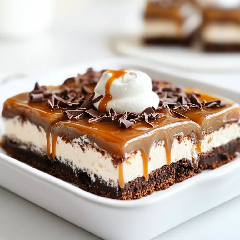 To make Caramel Mocha Icebox Cake Bars, you will need: - 1 ½ cups graham cracker crumbs - ½ cup unsweetened cocoa powder - ½ cup granulated sugar - ½ cup unsalted butter, melted - 1 cup heavy cream - 1 cup sweetened condensed milk - 1 cup brewed coffee, cooled - 1 teaspoon vanilla extract - ½ cup caramel sauce (plus extra for drizzling) - 1 teaspoon instant coffee granules For an extra touch, consider these garnishes: - Whipped cream for topping - Chocolate shavings for garnish If you need to swap ingredients, here are some ideas: - Use chocolate cookies instead of graham crackers for a richer taste. - Swap the heavy cream with coconut cream for a dairy-free option. - Replace sweetened condensed milk with a homemade version using milk and sugar. - Use decaf coffee if you want to cut back on caffeine. These simple swaps can help you tailor the recipe to your taste while keeping the spirit of the dish intact. Enjoy making these delicious bars! To start, gather your mixing bowl. Add 1 ½ cups of graham cracker crumbs, ½ cup of unsweetened cocoa powder, and ½ cup of granulated sugar. Then, pour in ½ cup of melted unsalted butter. Mix it well until the crumbs are fully coated. This step gives the bars a rich flavor. Next, take the crumb mixture and press it into the bottom of a lined 9x9 inch baking pan. Make sure to create an even layer. Use the back of a measuring cup to pack it down firmly. This will form a solid base for the bars. Now, let’s make the filling. In a large bowl, whisk together 1 cup of heavy cream, 1 cup of sweetened condensed milk, and 1 cup of cooled brewed coffee. Add 1 teaspoon of vanilla extract, ½ cup of caramel sauce, and 1 teaspoon of instant coffee granules. Mix until the mixture is smooth and creamy. This filling is where the magic happens! Pour half of the coffee mixture over the crust in the baking pan. Smooth it out evenly with a spatula. Then, add another layer of the graham cracker mixture on top. Spread it gently, being careful not to disturb the filling below. Follow this with the rest of the coffee mixture, smoothing the top. Cover the pan with plastic wrap. Place it in the refrigerator for at least 4 hours, but overnight is best. This chilling helps the bars set up nicely and makes them easier to slice. Once the bars are set, take them out of the pan using the parchment paper. Slice them into squares or rectangles with a sharp knife. Drizzle extra caramel sauce on top for a delicious touch. You can also add whipped cream and chocolate shavings if you like. Enjoy your sweet treat! To get the best texture in your Caramel Mocha Icebox Cake Bars, focus on the crust. Make sure to pack the graham cracker mixture tightly. Use the back of a measuring cup to press it down firmly. This helps create a solid base that holds well. When mixing the filling, whisk until smooth. The heavy cream should be well combined with the other ingredients. This ensures a creamy and rich filling. One common mistake is not letting the bars chill long enough. They need at least 4 hours in the fridge, but overnight is best. This extra time helps the layers set properly. Another mistake is using warm coffee. Make sure your brewed coffee is cooled before mixing it into the filling. Warm coffee can cause the mixture to lose its nice, thick texture. To boost the flavor, consider adding a pinch of sea salt to the caramel sauce. This little touch can enhance the sweet and rich flavors. You can also experiment with flavored coffee. Try using hazelnut or vanilla coffee for a fun twist. For added texture, mix in some crushed nuts or chocolate chips into the filling. These small changes can take your dessert to the next level. {{image_2}} You can easily add new flavors to your Caramel Mocha Icebox Cake Bars. Try using flavored coffee instead of regular coffee for a nice twist. Hazelnut or vanilla coffee can add depth. You may also mix in a bit of cinnamon or nutmeg for warmth. If you want a fruity touch, consider adding a layer of raspberry or cherry preserves. This gives the bars a sweet and tart contrast. For those who need gluten-free options, use gluten-free graham crackers. They work just as well as regular ones. You can also make your own crust with ground almonds or oats. This keeps the bars crunchy and tasty. Check that your cocoa powder and condensed milk are gluten-free too. These changes let everyone enjoy the dessert without worry. Making vegan Caramel Mocha Icebox Cake Bars is simple. Swap the heavy cream for coconut cream or a plant-based whipping cream. Use sweetened almond or oat milk instead of condensed milk. For the butter, choose coconut oil or a dairy-free spread. Make sure the caramel sauce is vegan too. These swaps keep the creamy texture while being animal-free. Enjoy a delicious treat that fits many diets! Store the Caramel Mocha Icebox Cake Bars in the fridge. Use an airtight container to keep them fresh. If you don’t have one, cover the dish tightly with plastic wrap. This helps prevent them from absorbing odors. They will stay tasty for up to four days. You can freeze these bars too. Cut them into squares first. Then, wrap each piece in plastic wrap. Place the wrapped bars in a freezer-safe bag. They can last for up to three months in the freezer. When you’re ready to enjoy them, thaw in the fridge overnight. These bars taste best when chilled. They are rich and creamy, perfect for a treat. Serve them cold straight from the fridge. For a fun twist, drizzle extra caramel sauce on top. You can also add whipped cream and chocolate shavings for a fancy look. Enjoy every bite! You can use digestive biscuits or vanilla wafers instead of graham crackers. Both options work well and add nice flavor. If you want a gluten-free choice, try almond flour or gluten-free cookies. Crush them and use like graham crackers. Yes, you can make these bars a day or two ahead of time. Just store them in the fridge until you are ready to serve. The flavors will blend better, and they will taste even more delicious. To keep the bars firm, chill them for at least 4 hours, or overnight is best. Make sure the filling is well combined and not too warm when you pour it over the crust. If they still feel soft, try adding a bit more cocoa powder to the crust. These bars go great with coffee or espresso. The coffee flavor in the bars complements the drink. You can also enjoy them with a glass of cold milk or a creamy vanilla latte. They are perfect for any sweet treat moment! This blog post covers everything you need to make Caramel Mocha Icebox Cake Bars. We discussed the key ingredients, including options for garnishes and substitutions. Step-by-step instructions guided you through each part, from the crust to serving. I also shared tips to avoid common mistakes and variations for gluten-free or vegan diets. Proper storage keeps these treats fresh and tasty. With these insights, you can create amazing bars that everyone will love. Enjoy your baking adventure!