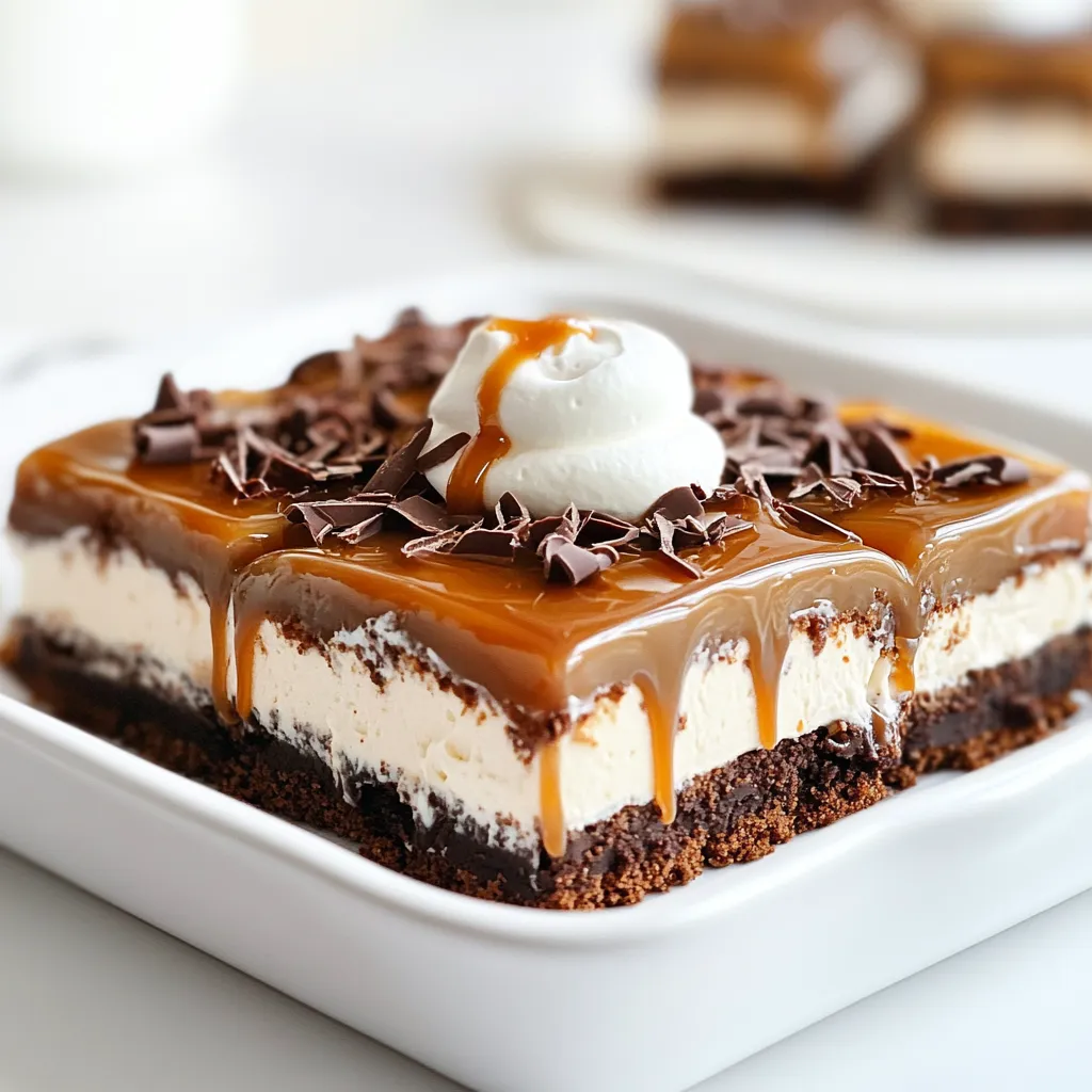 To make Caramel Mocha Icebox Cake Bars, you will need: - 1 ½ cups graham cracker crumbs - ½ cup unsweetened cocoa powder - ½ cup granulated sugar - ½ cup unsalted butter, melted - 1 cup heavy cream - 1 cup sweetened condensed milk - 1 cup brewed coffee, cooled - 1 teaspoon vanilla extract - ½ cup caramel sauce (plus extra for drizzling) - 1 teaspoon instant coffee granules For an extra touch, consider these garnishes: - Whipped cream for topping - Chocolate shavings for garnish If you need to swap ingredients, here are some ideas: - Use chocolate cookies instead of graham crackers for a richer taste. - Swap the heavy cream with coconut cream for a dairy-free option. - Replace sweetened condensed milk with a homemade version using milk and sugar. - Use decaf coffee if you want to cut back on caffeine. These simple swaps can help you tailor the recipe to your taste while keeping the spirit of the dish intact. Enjoy making these delicious bars! To start, gather your mixing bowl. Add 1 ½ cups of graham cracker crumbs, ½ cup of unsweetened cocoa powder, and ½ cup of granulated sugar. Then, pour in ½ cup of melted unsalted butter. Mix it well until the crumbs are fully coated. This step gives the bars a rich flavor. Next, take the crumb mixture and press it into the bottom of a lined 9x9 inch baking pan. Make sure to create an even layer. Use the back of a measuring cup to pack it down firmly. This will form a solid base for the bars. Now, let’s make the filling. In a large bowl, whisk together 1 cup of heavy cream, 1 cup of sweetened condensed milk, and 1 cup of cooled brewed coffee. Add 1 teaspoon of vanilla extract, ½ cup of caramel sauce, and 1 teaspoon of instant coffee granules. Mix until the mixture is smooth and creamy. This filling is where the magic happens! Pour half of the coffee mixture over the crust in the baking pan. Smooth it out evenly with a spatula. Then, add another layer of the graham cracker mixture on top. Spread it gently, being careful not to disturb the filling below. Follow this with the rest of the coffee mixture, smoothing the top. Cover the pan with plastic wrap. Place it in the refrigerator for at least 4 hours, but overnight is best. This chilling helps the bars set up nicely and makes them easier to slice. Once the bars are set, take them out of the pan using the parchment paper. Slice them into squares or rectangles with a sharp knife. Drizzle extra caramel sauce on top for a delicious touch. You can also add whipped cream and chocolate shavings if you like. Enjoy your sweet treat! To get the best texture in your Caramel Mocha Icebox Cake Bars, focus on the crust. Make sure to pack the graham cracker mixture tightly. Use the back of a measuring cup to press it down firmly. This helps create a solid base that holds well. When mixing the filling, whisk until smooth. The heavy cream should be well combined with the other ingredients. This ensures a creamy and rich filling. One common mistake is not letting the bars chill long enough. They need at least 4 hours in the fridge, but overnight is best. This extra time helps the layers set properly. Another mistake is using warm coffee. Make sure your brewed coffee is cooled before mixing it into the filling. Warm coffee can cause the mixture to lose its nice, thick texture. To boost the flavor, consider adding a pinch of sea salt to the caramel sauce. This little touch can enhance the sweet and rich flavors. You can also experiment with flavored coffee. Try using hazelnut or vanilla coffee for a fun twist. For added texture, mix in some crushed nuts or chocolate chips into the filling. These small changes can take your dessert to the next level. {{image_2}} You can easily add new flavors to your Caramel Mocha Icebox Cake Bars. Try using flavored coffee instead of regular coffee for a nice twist. Hazelnut or vanilla coffee can add depth. You may also mix in a bit of cinnamon or nutmeg for warmth. If you want a fruity touch, consider adding a layer of raspberry or cherry preserves. This gives the bars a sweet and tart contrast. For those who need gluten-free options, use gluten-free graham crackers. They work just as well as regular ones. You can also make your own crust with ground almonds or oats. This keeps the bars crunchy and tasty. Check that your cocoa powder and condensed milk are gluten-free too. These changes let everyone enjoy the dessert without worry. Making vegan Caramel Mocha Icebox Cake Bars is simple. Swap the heavy cream for coconut cream or a plant-based whipping cream. Use sweetened almond or oat milk instead of condensed milk. For the butter, choose coconut oil or a dairy-free spread. Make sure the caramel sauce is vegan too. These swaps keep the creamy texture while being animal-free. Enjoy a delicious treat that fits many diets! Store the Caramel Mocha Icebox Cake Bars in the fridge. Use an airtight container to keep them fresh. If you don’t have one, cover the dish tightly with plastic wrap. This helps prevent them from absorbing odors. They will stay tasty for up to four days. You can freeze these bars too. Cut them into squares first. Then, wrap each piece in plastic wrap. Place the wrapped bars in a freezer-safe bag. They can last for up to three months in the freezer. When you’re ready to enjoy them, thaw in the fridge overnight. These bars taste best when chilled. They are rich and creamy, perfect for a treat. Serve them cold straight from the fridge. For a fun twist, drizzle extra caramel sauce on top. You can also add whipped cream and chocolate shavings for a fancy look. Enjoy every bite! You can use digestive biscuits or vanilla wafers instead of graham crackers. Both options work well and add nice flavor. If you want a gluten-free choice, try almond flour or gluten-free cookies. Crush them and use like graham crackers. Yes, you can make these bars a day or two ahead of time. Just store them in the fridge until you are ready to serve. The flavors will blend better, and they will taste even more delicious. To keep the bars firm, chill them for at least 4 hours, or overnight is best. Make sure the filling is well combined and not too warm when you pour it over the crust. If they still feel soft, try adding a bit more cocoa powder to the crust. These bars go great with coffee or espresso. The coffee flavor in the bars complements the drink. You can also enjoy them with a glass of cold milk or a creamy vanilla latte. They are perfect for any sweet treat moment! This blog post covers everything you need to make Caramel Mocha Icebox Cake Bars. We discussed the key ingredients, including options for garnishes and substitutions. Step-by-step instructions guided you through each part, from the crust to serving. I also shared tips to avoid common mistakes and variations for gluten-free or vegan diets. Proper storage keeps these treats fresh and tasty. With these insights, you can create amazing bars that everyone will love. Enjoy your baking adventure!