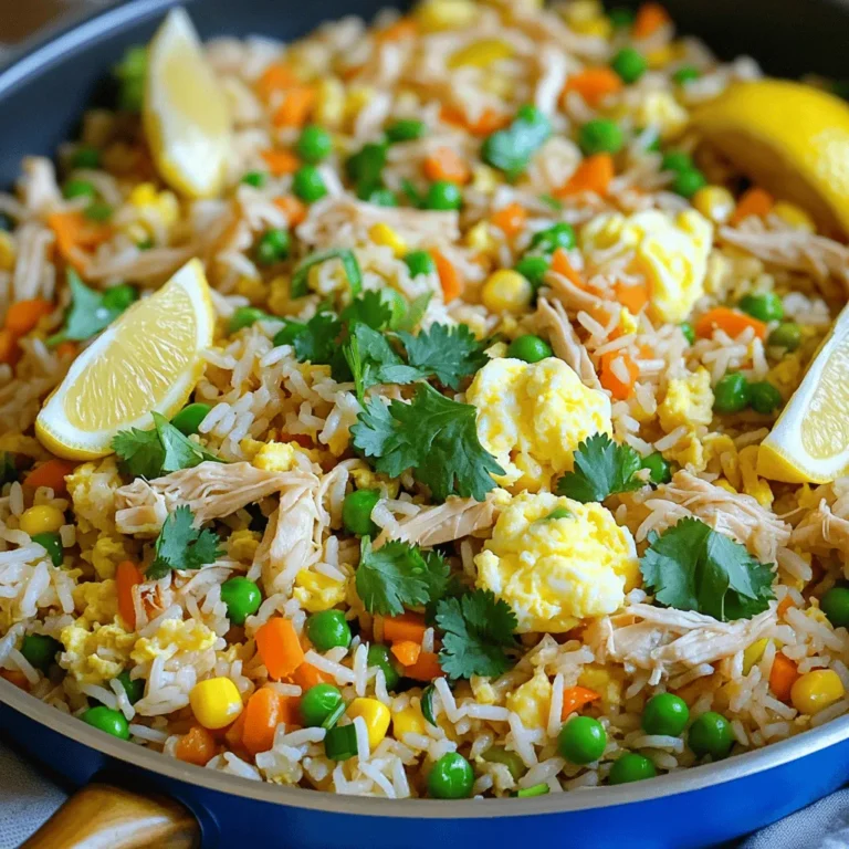 To make Minute Chicken Fried Rice, gather these simple ingredients. They create a tasty meal in no time. - 2 cups cooked jasmine rice (preferably day-old) - 1 cup cooked chicken, shredded or diced - 1 cup mixed vegetables (peas, carrots, corn) - 3 green onions, chopped - 2 eggs, beaten - 3 tablespoons soy sauce (low sodium recommended) - 1 tablespoon sesame oil - 1 teaspoon garlic powder - 1 teaspoon ginger, grated - Salt and pepper to taste - Fresh cilantro (for garnish) - Lemon wedges (for serving) Using day-old rice is best. It is less sticky, which helps the fried rice stay fluffy. You can use shredded or diced chicken from leftovers or a rotisserie chicken. Mixed vegetables give color and nutrition. Green onions add a fresh taste. The soy sauce brings umami. Sesame oil adds a rich flavor and aroma. Garlic powder and ginger provide warmth and zest. Don’t forget salt and pepper to enhance the dish. This recipe is flexible. You can adjust the amounts based on what you have at home. Enjoy the process of creating a meal that suits your taste. To prepare the rice, start with freshly cooked rice. Spread it on a baking sheet. This helps it cool down fast and keeps it from clumping. If you have day-old rice, that’s even better! Day-old rice is less sticky and works great for fried rice. Heat one tablespoon of sesame oil in a large skillet or wok over medium-high heat. Once the oil is hot, add one teaspoon of garlic powder and one teaspoon of grated ginger. Stir this mix for about 30 seconds until you smell those wonderful scents. Next, push the garlic and ginger to one side. Pour two beaten eggs into the other side of the skillet. Scramble the eggs until they are fully cooked, then mix everything together. Now, add one cup of cooked chicken and one cup of mixed vegetables to the pan. Stir-fry this for about 2 to 3 minutes until it is hot. Time to add the rice! Take two cups of cooked jasmine rice and break up any clumps. Add it to the skillet. Drizzle three tablespoons of soy sauce over the rice. Toss everything together until it is well mixed and heated through, which should take about 3 to 4 minutes. Season the dish with salt and pepper to taste. Stir in three chopped green onions, but save some for the garnish. Now you’re ready to plate your amazing chicken fried rice! For perfect fried rice, the texture of the rice matters. Use day-old jasmine rice if you can. It is drier and less sticky, which makes it easier to fry. Fresh rice can clump together. If you must use fresh rice, spread it out on a baking sheet to cool. Timing is key when cooking. Start with aromatics like garlic and ginger. Cook them first in hot oil to release their flavor. Then, scramble the eggs before adding chicken and vegetables. This way, everything heats evenly and tastes great. You can boost flavor with extra seasonings. Try adding chili flakes for heat or a splash of rice vinegar for tang. Fresh herbs like basil or mint can also brighten up the dish. If you want alternatives to soy sauce, consider coconut aminos or tamari. These options offer a different flavor profile and can be gluten-free. Experiment to find what suits your taste best! Fried rice pairs well with many sides. Serve it alongside stir-fried greens or a light soup for a complete meal. Lemon wedges add a zesty touch, so don’t skip them. For a vibrant dish, use colorful vegetables. Garnish with fresh cilantro and extra green onions. This not only looks good but enhances the overall flavor. Enjoy your meal! {{image_2}} You can switch up the protein in your chicken fried rice. Try using shrimp for a seafood twist. Shrimp cooks fast and adds great flavor. Tofu is a great choice for a vegetarian option. It soaks up all the tasty sauces. If you want beef, use thin strips of flank steak. Just make sure to cook it until it is brown. Feel free to play with the vegetables in your fried rice. Seasonal veggies can add fresh taste and color. Try bell peppers, zucchini, or snap peas. Frozen mixed vegetables work well too. They are quick and easy. Just make sure they are thawed before adding them to the pan. Want to make your dish exciting? Add a spicy kick with sriracha or chili flakes. For a bright taste, try adding citrus zests. Lemon or lime zest gives your rice a fresh flavor. You can also add a splash of sesame oil for extra richness. These small changes can really make your fried rice pop! To keep your chicken fried rice fresh, store it in an airtight container. This helps prevent any odors from your fridge affecting the taste. Make sure it cools completely before sealing. Leftovers can last up to three days in the fridge. Always label the container with the date, so you know when to eat it. When reheating, keep the rice moist to avoid dryness. You can use a microwave or a skillet. For the microwave, add a splash of water and cover the dish. Heat in short bursts, stirring often. If using a skillet, add a little oil and stir-fry on low heat. This method keeps the texture nice and fluffy. You can freeze chicken fried rice for up to three months. Allow it to cool completely, then portion it into freezer bags. Squeeze out as much air as possible. To defrost, move it to the fridge overnight. You can also use the microwave on defrost mode. After thawing, reheat it in a skillet for the best texture. Enjoy your quick and tasty meal! Yes, you can use instant rice. Instant rice cooks faster than jasmine rice. It might change the texture a bit. Jasmine rice gives a nice chew and flavor. If you use instant rice, just follow the package instructions for cooking. Cooked chicken is safe for three to four days in the fridge. If you use leftover chicken, check for any bad smells or changes in color. It is always best to use fresh cooked chicken when making fried rice. This ensures good taste and safety. To make this meal healthier, consider these options: - Add more mixed vegetables like bell peppers or broccoli. - Use brown rice instead of jasmine rice for extra fiber. - Try using less soy sauce or low-sodium options to cut down on salt. - Include leafy greens like spinach for more vitamins. These changes can boost the flavor and nutrition of your fried rice. Enjoy experimenting! Fried rice is a simple and tasty meal. You can create it with day-old jasmine rice, cooked chicken, and mixed vegetables. Remember to sauté your ingredients for the best flavor and texture. Use sesame oil and low-sodium soy sauce for a delicious touch. Explore different proteins and veggies to keep it exciting. Store leftovers carefully to enjoy later. With these tips, you can make fried rice that everyone will love. Try it out and enjoy each bite!