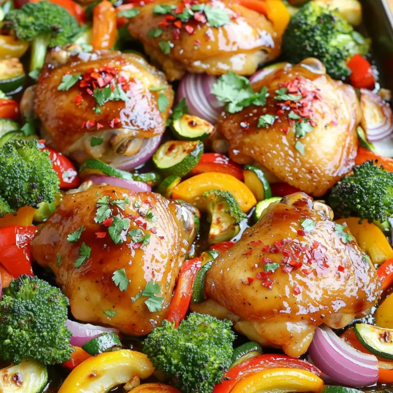 - 4 chicken thighs, boneless and skinless - 2 cups mixed bell peppers (red, yellow, green), sliced - 1 red onion, cut into wedges - 1 zucchini, sliced - 1 cup broccoli florets - 5 cloves garlic, minced - 4 tablespoons olive oil - 2 tablespoons soy sauce (or tamari for gluten-free) - 1 tablespoon honey - 1 teaspoon chili flakes (adjust for heat preference) - Salt and pepper to taste To create this dish, you need fresh ingredients. Chicken thighs give great flavor and juiciness. Mixed bell peppers add color and crunch. Red onion adds sweetness and depth. Zucchini provides a nice texture, while broccoli florets contribute nutrients and a vibrant green. For the marinade, garlic is a must for that punchy flavor. Olive oil keeps things moist. Soy sauce brings a savory taste, while honey adds a hint of sweetness. Chili flakes can spice things up, and salt and pepper round it all out. Gather these ingredients, and you are ready to make a tasty meal! Set your oven temperature to 425°F (220°C). This hot heat helps cook the chicken and veggies just right. In a large bowl, mix minced garlic, olive oil, soy sauce, honey, and chili flakes. Add salt and pepper for flavor. Place the chicken thighs in the bowl and coat them well. Let the chicken marinate for at least 15 minutes. For more flavor, marinate up to 4 hours in the fridge. In another bowl, toss sliced bell peppers, red onion, zucchini, and broccoli with 1 tablespoon of olive oil. Add a pinch of salt and pepper. Mix until all veggies are well coated. This step adds flavor and makes them nice and tasty. Line a large baking sheet with parchment paper. This makes cleanup easy. Place the marinated chicken in the center of the pan. Then, arrange the veggies around the chicken. This layout helps everything cook evenly. Bake in the preheated oven for 25-30 minutes. The chicken is done when it reaches an internal temperature of 165°F (75°C). The veggies should be tender and slightly caramelized, showing they are ready to eat. For a crispier finish, turn on the broil function for the last 3-5 minutes. Keep a close watch to prevent burning. This step gives your dish a delightful crunch. Enjoy that crispy edge! To make your sheet-pan chili garlic chicken and veggies even better, try adding spices. Here are some ideas: - Cumin: Adds warmth and earthiness. - Paprika: Gives a sweet, smoky flavor. - Oregano: Brings a fresh, herbaceous note. - Ginger: Adds a zesty kick. Mix and match these spices to find your favorite blend. Fresh herbs like basil or parsley can also brighten the dish. How do you know when your chicken and veggies are done? The chicken should cook until it reaches 165°F (75°C). For the veggies, look for a tender texture and slight browning. To check, pierce a piece of chicken with a fork. If the juices run clear, your chicken is ready. To create a complete meal, consider these pairing ideas: - Rice or Quinoa: Serve the chicken and veggies over a bed of rice or quinoa. - Side Salad: A fresh salad with greens and a light dressing adds freshness. - Flatbreads: Warm flatbreads are great for scooping up the chicken and veggies. These options balance the flavors and make your meal more enjoyable. {{image_2}} You can switch out chicken thighs for other meats. Use chicken breasts for a leaner option. Pork or turkey thighs also work well. If you want a vegetarian dish, try tofu or tempeh. These options absorb flavors from the marinade nicely. Feel free to change the veggies based on your taste. Carrots, asparagus, or green beans can add variety. Sweet potatoes bring a nice sweetness too. You can use any seasonal veggies you like. Just remember to cut them into similar sizes for even cooking. To make this dish gluten-free, use tamari instead of soy sauce. You can also skip honey for a low-carb option. Instead, try a sugar-free sweetener to keep the flavor. For a lower-calorie meal, reduce the olive oil or use a cooking spray. These swaps help you enjoy this dish while meeting your dietary needs. To store leftovers, place the chicken and veggies in an airtight container. Let them cool first. Store in the fridge for up to three days. This keeps them fresh and safe to eat later. The best way to reheat is in the oven. Preheat your oven to 350°F (175°C). Place the chicken and veggies on a sheet pan. Heat for about 15-20 minutes. This method keeps the flavors bright and the texture nice. You can also use a microwave. If you do, cover the dish with a lid to keep moisture in. Heat in short bursts and check often. You can freeze the whole dish or its parts. For the whole dish, let it cool first. Then, wrap it tightly in plastic wrap and foil. This helps prevent freezer burn. Use within three months for the best taste. If you freeze components, store chicken and veggies separately. When ready to eat, thaw in the fridge overnight before reheating. Yes, you can use chicken breasts. However, chicken breasts cook faster than thighs. They can dry out if overcooked. Thighs have more fat, making them juicier and more flavorful. If using breasts, reduce the cooking time by about 5-10 minutes. Aim for an internal temperature of 165°F (75°C). You want them tender and juicy. If you lack soy sauce, try tamari for a gluten-free option. You can also use coconut aminos. It has a sweet flavor but is lower in sodium. Another option is using Worcestershire sauce, which adds depth. Mix in a bit of water to reduce its strong taste. These substitutes keep the dish tasty and flavorful. To spice up this recipe, add more chili flakes. Start with an extra teaspoon and adjust to taste. You can also include sliced fresh jalapeños or serrano peppers. For a bold kick, use a dash of hot sauce in the marinade. These options will give your dish a nice heat that warms the soul. This blog covered a tasty sheet pan chicken recipe with colorful veggies. You saw how to marinate chicken thighs and prepare bell peppers, zucchini, and more. I shared tips for baking and ways to serve your meal. You learned about variations, storage, and answering common questions. Try this recipe to enjoy quick, healthy meals. Keep experimenting and enjoy cooking!