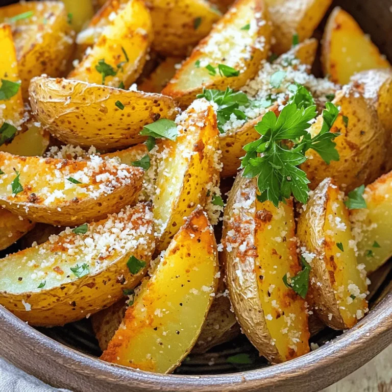 To make crispy Air Fryer Parmesan Potato Wedges, you will need: - 4 medium-sized russet potatoes - 3 tablespoons olive oil - 1/2 cup grated Parmesan cheese - 1 teaspoon garlic powder - 1 teaspoon dried Italian herbs (like oregano, basil, or thyme) - 1/2 teaspoon smoked paprika - Salt and pepper to taste - Fresh parsley, chopped (for garnish) Using good-quality ingredients makes a big difference in taste. Fresh russet potatoes give you the best texture. Look for firm potatoes with no green spots. For the olive oil, choose extra virgin for a richer flavor. High-quality Parmesan cheese will melt and crisp better, adding a nice touch. You can adjust the recipe based on what you have. If you don’t have russet potatoes, try Yukon gold or sweet potatoes. For the cheese, you can swap Parmesan for Cheddar or a mix. If you want a kick, add cayenne pepper to the spices. You can also use fresh herbs instead of dried for a fresher taste. Start with fresh russet potatoes. These potatoes give the best texture. Wash and scrub them well to remove dirt. Cut each potato into wedges, aiming for about eight per potato. This size helps them cook evenly. Place the wedges in a large bowl, ready for seasoning. Now, it’s time to add flavor. Drizzle three tablespoons of olive oil over the wedges. This oil helps the seasonings stick and gives a nice crisp. Next, sprinkle one teaspoon of garlic powder, one teaspoon of dried Italian herbs, and half a teaspoon of smoked paprika. Add salt and pepper to taste. Toss the wedges gently until they are well coated. Every wedge should be covered in oil and spices. Preheat your air fryer to 400°F (200°C). This step is key for golden, crispy wedges. Once heated, place the wedges in the basket in a single layer. If you have too many, cook them in batches. Set the timer for 15-20 minutes. Halfway through, shake the basket. This helps them cook evenly. They are done when they are golden brown outside and soft inside. Enjoy your delicious wedges! To get the best crispy texture, start with dry potatoes. After washing, make sure to pat them dry with a towel. This step helps the oil and seasonings stick better. Cut the potatoes into wedges that are about the same size. This way, they cook evenly. A light coat of oil is key. Too much oil can make them soggy. Aim for just enough to coat each wedge lightly. For crispy potato wedges, cook them for 15 to 20 minutes at 400°F (200°C). The exact time depends on your air fryer model. I suggest checking them around the 15-minute mark. If they look golden brown, they are likely done. If not, give them a few more minutes. Remember to shake the basket halfway through. This helps them crisp up all around. Always preheat your air fryer for about 5 minutes before cooking. This step ensures even cooking. Set your air fryer to 400°F (200°C) for the best results. Avoid overcrowding the basket. If you have a lot of wedges, cook them in batches. This allows hot air to circulate around each wedge, making them crispy and delicious. {{image_2}} You can play with cheese in your potato wedges. Try using sharp cheddar for a bold flavor. A blend of Parmesan and mozzarella gives a gooey texture. If you want something different, look for cheese blends in stores. Just remember to keep the same amount of cheese for best results. If you like heat, add some spice! Mix in cayenne pepper or chili powder with your seasonings. You can also use a dash of hot sauce on the wedges before cooking. This will create a kick that makes each bite exciting. Just adjust the spice to suit your taste. Fresh herbs can take your wedges to the next level. Try adding rosemary, thyme, or even cilantro. Chop them finely and mix them in with the olive oil. For a unique twist, use fresh basil after cooking. It adds a bright flavor that pairs well with the crispy potatoes. To keep your leftover potato wedges fresh, place them in an airtight container. Let them cool to room temperature first. This helps avoid moisture build-up, which can make them soggy. Store the container in the fridge. They will last for about 3 to 5 days. Reheat your potato wedges in the air fryer for the best results. Set it to 350°F (175°C) and cook for 5 to 7 minutes. This will help restore their crispy texture. You can also use an oven if you prefer. Place them on a baking sheet and heat at 375°F (190°C) for about 10 minutes. Avoid the microwave, as it can make them soft. You can freeze potato wedges for later use. First, let them cool completely. Place them in a single layer on a baking sheet and freeze for about 1 hour. Then, transfer them to a freezer bag or container. This method prevents them from sticking together. They will stay good for up to 3 months. When you’re ready to eat, cook them straight from the freezer in your air fryer. Just add a few extra minutes to the cooking time. Yes, you can use different potatoes. Yukon Gold or sweet potatoes work well. Each type gives a unique taste and texture. Yukon Gold will be creamy, while sweet potatoes add sweetness. Just remember to cut them into similar wedge sizes for even cooking. To make the wedges healthier, try these tips: - Use less olive oil, just enough to coat. - Swap regular Parmesan for a lower-fat version. - Add more herbs and spices for flavor without extra calories. - Serve with veggies instead of dip for added nutrients. Many sauces go well with these wedges. Here are my favorites: - Ketchup is a classic choice. - Ranch dressing adds creaminess. - Garlic aioli gives a nice kick. - Spicy mayo adds heat. - A tangy barbecue sauce complements the flavors. Try different sauces to find your favorite! This guide covered the best ingredients and steps for air fryer potato wedges. You learned about ingredient quality, seasoning, and cooking techniques. I shared tips for crispiness and variations to enhance flavor. Finally, we explored storage methods and answered common questions. Enjoy making these tasty wedges at home. Experiment with flavors and share your results. Happy cooking!