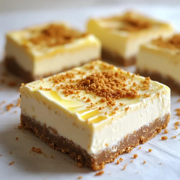 To make the Biscoff cheesecake bars, you need a few simple ingredients. Here’s what you’ll need: - 1 cup Biscoff cookies, crushed - 1/4 cup unsalted butter, melted - 8 oz cream cheese, softened - 1/2 cup powdered sugar - 1 cup heavy whipping cream - 1/2 cup Biscoff spread - 1 teaspoon vanilla extract - A pinch of salt - Biscoff cookie crumbles for garnish These ingredients come together to create a rich and creamy dessert. The Biscoff cookies give a nice crunch, while the cream cheese and heavy cream provide a smooth texture. The Biscoff spread adds that unique flavor that makes this dessert special. Make sure your cream cheese is softened. This step helps it mix well with the sugar and Biscoff spread. You can also adjust the amount of powdered sugar based on how sweet you like your dessert. The Biscoff cookie crumbles on top are not just for looks; they add extra flavor and crunch. This dessert is easy, fun, and sure to impress anyone who tries it. Plus, it’s a no-bake recipe, so you can enjoy your time in the kitchen without the heat of the oven! To start, combine 1 cup of crushed Biscoff cookies with 1/4 cup of melted unsalted butter in a medium bowl. Mix well until all the crumbs look wet. This is key for a firm base. Next, press the mixture into the bottom of a 9x9-inch baking pan. Use a spatula or the back of a measuring cup to pack it down tightly. This helps the crust hold together. After that, place the pan in the refrigerator for about 15 minutes to set. In a large mixing bowl, beat 8 oz of softened cream cheese and 1/2 cup of powdered sugar together. Mix until it's smooth and creamy. This step is crucial for a rich filling. Then, add 1/2 cup of Biscoff spread and 1 teaspoon of vanilla extract. Mix again until everything is fully combined. The filling should be thick and luscious. In a separate bowl, whip 1 cup of heavy whipping cream with a pinch of salt. Use an electric mixer for this. Aim for stiff peaks, which usually takes 3-5 minutes. Stiff peaks mean the cream holds its shape well. This fluffy cream adds lightness to the cheesecake. Carefully fold the whipped cream into the cream cheese mixture. Make sure there are no streaks left. This gentle folding keeps the mixture airy. Now, pour the cheesecake filling over your chilled crust. Spread it evenly with a spatula. Smooth the top to make it nice. Finally, cover the pan with plastic wrap. Chill in the refrigerator for at least 4 hours, or overnight if you can wait. This time allows the bars to set properly. To get the best texture in your Biscoff cheesecake bars, chilling is key. Chilling firms up the filling and makes it easier to slice. I suggest chilling the bars for at least four hours. For the best result, chill them overnight. This allows the flavors to blend well. The filling should be smooth and creamy. It’s important to beat the cream cheese and sugar until there are no lumps. When you fold in the whipped cream, do it gently. This keeps the mixture light and airy. If you mix too hard, the filling can become dense. You can play with this recipe by adding chocolate or caramel. Drizzle some melted chocolate on top before chilling. It adds a nice touch and extra flavor. You can also swirl in some caramel into the filling. This will create a marbled effect that looks great. Another fun twist is to use different cookie bases. While Biscoff cookies are a classic choice, you can use graham crackers or Oreos. Each type of cookie gives a unique flavor and texture. Experiment to find your favorite! When it’s time to serve, slice the bars into small squares. A sharp knife works best for clean cuts. For a special touch, garnish each piece with Biscoff cookie crumbles. This adds a nice crunch and looks appealing. Pairing drinks with these cheesecake bars can elevate your dessert experience. A glass of cold milk is always a good choice. For adults, consider a sweet dessert wine. Both options complement the rich flavors of the cheesecake well. {{image_2}} To keep your Biscoff cheesecake bars fresh, store them in the refrigerator. Place leftover bars in an airtight container. This helps prevent them from drying out. You can keep them in the fridge for up to five days. If you want to store them longer, consider freezing. For freezing, wrap each bar in plastic wrap. Then, put them in a freezer-safe bag or container. This way, they won’t get freezer burn. You can freeze the bars for up to three months. Just remember to thaw them in the fridge before serving. In the refrigerator, these cheesecake bars last about five days. Make sure to check for any signs of spoilage. If you see mold or an off smell, it’s best to toss them. When it comes to frozen bars, they stay good for about three months. After that, they may lose texture and flavor. Always trust your senses. If something seems off, don’t take a chance. Yes, you can! Some great options include: - Graham crackers - Oreos - Digestive biscuits - Shortbread cookies Each cookie adds its own unique flavor. Just crush them the same way as Biscoff cookies. Adjust the butter amount if needed for different cookie types. Yes, this recipe can be made gluten-free. Use gluten-free cookies for the crust. Check the labels on your Biscoff spread and other ingredients to ensure they are gluten-free. This way, everyone can enjoy the bars! The bars need at least 4 hours to chill. For the best texture, chill them overnight. This allows the filling to firm up nicely. Patience is key for a perfect cheesecake bar! Each Biscoff cheesecake bar holds about 240 calories. This number may vary based on your exact ingredients and portion sizes. With 16 bars in total, you can enjoy a sweet treat while keeping track of your intake. The key ingredients in these bars pack a punch. - Biscoff cookies: These give a sweet, spiced flavor and are a source of carbs. - Cream cheese: This adds creaminess and protein to the mix. - Heavy whipping cream: This ingredient enhances richness and provides healthy fats. However, keep in mind that these bars have a high sugar content from the powdered sugar and Biscoff spread. They are not dairy-free or low-sugar. A recommended serving size is one bar. Cutting them into 16 squares helps with portion control. Enjoying one bar allows you to savor the flavors without overindulging. This blog post provided a simple method to make delicious Biscoff cheesecake bars. We covered key ingredients, clear steps, and handy tips. Remember, chilling time is crucial for the best texture. Feel free to experiment with flavors or cookie bases to make this dessert your own. With a few easy adjustments, you can also cater to gluten-free diets. Enjoy every bite while sharing with friends, and don’t forget to store leftovers properly! I hope these tips help you create a delightful treat that impresses everyone.