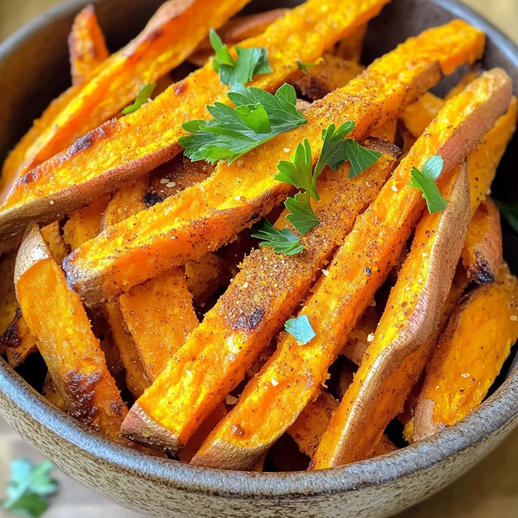 - 2 large sweet potatoes, peeled and cut into thin fries - 2 tablespoons olive oil - 1 teaspoon paprika - 1 teaspoon garlic powder - ½ teaspoon salt - ½ teaspoon black pepper - ¼ teaspoon cayenne pepper (optional for heat) - Fresh parsley, chopped (for garnish) To make crispy air fryer sweet potato fries, you need the right ingredients. Start with fresh sweet potatoes. They should be firm and free of blemishes. Next, you’ll need olive oil, which adds flavor and helps the fries crisp up. For seasoning, I suggest paprika and garlic powder. These add a nice depth of flavor. Salt and black pepper work well to enhance all the tastes. If you like a bit of heat, cayenne pepper is a great addition. Finally, fresh parsley adds a lovely touch when you serve the fries. The vibrant green color brightens up your dish and adds freshness. Gathering these ingredients will set you up for success in creating delicious, crispy fries. Start by peeling the sweet potatoes. I find a good vegetable peeler makes this easy. Next, cut the sweet potatoes into thin fries. Aim for about 1/4 inch thick. This size helps them cook evenly. If they are too thick, some may stay soft while others get crispy. In a large bowl, toss the sweet potato fries with olive oil. Use 2 tablespoons to coat them well. This helps the spices stick. In a small bowl, mix paprika, garlic powder, salt, black pepper, and cayenne pepper (if you like heat). Sprinkle this mix over the fries and toss until they are evenly coated. This step adds flavor to every bite. First, preheat your air fryer to 400°F (200°C) for about 5 minutes. This step is key for crispiness. Once ready, arrange the sweet potato fries in a single layer in the fryer basket. Make sure not to overcrowd them. You may need to cook in batches for the best results. Air fry the fries for 15 to 20 minutes. Shake the basket halfway through to ensure even cooking. Check them during the last few minutes for your desired crispiness. Once done, remove the fries and transfer them to a serving dish. Garnish with fresh chopped parsley for a touch of color and taste. Enjoy your tasty fries! To make the best crispy fries, cut your sweet potatoes evenly. Aim for pieces about 1/4 inch thick. This helps them cook at the same rate. If they are not even, some may burn while others stay soft. Shaking the basket during cooking is key. Halfway through cooking, take a moment to shake the basket. This action lets hot air reach all sides of the fries. It helps them crisp up nicely. You can add more flavor to your fries with different spices. Consider trying cumin or chili powder for a kick. A little cinnamon can also add a sweet twist. The options are endless, so feel free to experiment! Fresh herbs can brighten the dish. After cooking, sprinkle chopped parsley on top. It adds color and a fresh taste, making the fries even more appealing. You might also try cilantro or green onions for a different flair. {{image_2}} You can change the flavor of your sweet potato fries with different seasonings. For a sweet twist, try adding cinnamon and a drizzle of maple syrup. This pair makes a yummy dessert-style fry. For savory fries, stick with paprika, garlic powder, and a bit of cayenne for heat. The mix of spices creates a great taste. Feel free to experiment! Try adding cumin for a smoky flavor or chili powder for some kick. You can even mix in fresh herbs like rosemary or thyme for a fresh touch. The options are endless! If you don’t have an air fryer, you can bake sweet potato fries in the oven. Preheat your oven to 425°F (220°C). Spread the fries on a baking sheet in a single layer. Bake them for about 25-30 minutes, flipping halfway. They won’t be as crispy, but they’ll still taste great. You can also use a different fryer, like a convection oven or even a deep fryer. Each method gives a different texture, so try them out to find your favorite! To keep your sweet potato fries fresh, store them in the fridge. Place the fries in an airtight container. They will last about three days. This way, they stay tasty and safe to eat. If you want to keep them for longer, freezing is a good option. Spread the fries out on a baking sheet first. Freeze them for a few hours until solid. Then, transfer them to a freezer bag. This method prevents them from sticking together. When it’s time to eat your leftovers, reheating is key. For crispy fries, use the air fryer again. Set it to 350°F (175°C) and cook for about 5 to 7 minutes. This keeps the fries crunchy. If you don’t have an air fryer, you can use an oven. Preheat the oven to 400°F (200°C). Spread the fries on a baking sheet and bake for 10 minutes. Avoid using the microwave. It makes fries soggy and soft. The goal is to keep that crispy texture. Enjoy your tasty fries again! Yes, you can use skin-on sweet potatoes. Leaving the skin on adds extra fiber and nutrients. It also gives the fries a nice texture. The skin becomes crispy in the air fryer, which enhances the flavor. Plus, it saves time on prep! Just wash the sweet potatoes well before cutting. You can try other oils for different flavors. Canola oil works well and has a mild taste. Avocado oil is great for higher heat and adds healthy fats. Coconut oil gives a unique flavor that pairs nicely with sweet potatoes. Each oil changes the taste, so feel free to experiment! To keep your fries crispy, cut them thin. Thin fries cook better and get crispier. Toss them well in oil, but don’t overdo it. Make sure to space them out in the fryer basket. If they crowd each other, they will steam and get soft. Shake the basket halfway through cooking to keep them crispy! In this blog post, I covered how to make delicious sweet potato fries. I shared the key ingredients, from sweet potatoes to olive oil. You learned step-by-step instructions for preparation and cooking. I offered tips for making them crispy and flavorful. Lastly, we explored storage and reheat methods. With these tips, you can enjoy tasty fries anytime. Use fresh ideas to switch up flavors and textures. Happy cooking!