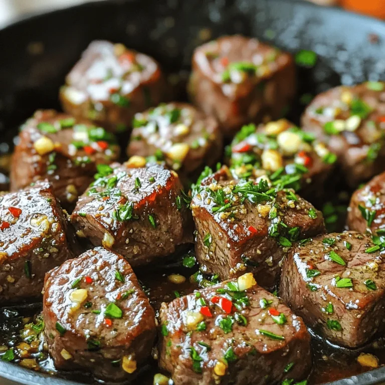 - 1 lb sirloin steak, cut into bite-sized cubes - 4 cloves garlic, minced - 2 tablespoons fresh rosemary, finely chopped - 1 tablespoon fresh thyme, finely chopped - 1 teaspoon red pepper flakes - 3 tablespoons olive oil - Salt and pepper to taste - Fresh parsley, chopped (for garnish) - Large mixing bowl - Skillet (preferably cast iron) - Tongs To start, you need some great ingredients. Sirloin steak works best for tender bites. Cut it into small cubes for quick cooking. Garlic adds a nice punch. Fresh rosemary and thyme give it that lovely aroma. I love using red pepper flakes for a hint of heat. Olive oil is key for marinating and cooking. For tools, grab a large bowl to mix your marinade. A cast iron skillet gives a nice sear to the steak. Tongs help flip the bites without losing any juice. This simple list of ingredients makes your meal tasty and fun to make. Each component adds flavor to your steak bites, making them truly special. Enjoy gathering these items for an amazing dish! First, cut the sirloin into bite-sized cubes. Make sure each piece is even. This helps with cooking time. Next, season the cubes with salt and pepper. Use enough to coat all sides well. Now, prepare the marinade. In a large bowl, combine minced garlic, chopped rosemary, thyme, red pepper flakes, and olive oil. Mix these ingredients well to create a flavorful marinade. Once the marinade is ready, add the steak cubes into the bowl. Toss the steak to coat each piece evenly with the marinade. Cover the bowl and let it sit for 30 minutes at room temperature. If you want a deeper flavor, refrigerate it for up to two hours. This marinating time makes the steak juicy and tasty. Heat a large skillet over medium-high heat. Make sure it gets hot before adding the steak. Add the marinated steak bites in a single layer. Avoid overcrowding the pan, as this can steam the meat. Cook the steak for about 2-3 minutes on each side for medium-rare. Use tongs to flip the bites for even cooking. When the steak is done, it should be browned with a nice crust. To get the best steak bites, use a meat thermometer. Aim for 130°F for medium-rare. The cooking time changes based on how thick your steak cubes are. Thinner pieces cook faster, while thicker ones take longer. Always watch them closely to prevent overcooking. You can add more herbs or spices to your marinade. Try fresh basil or oregano for a twist. For a richer taste, consider using a dash of soy sauce or balsamic vinegar in your marinade. This change adds depth and pairs well with the garlic. Think about what to serve with your steak bites. Salads with fresh greens or roasted vegetables work great. You can also serve warm bread for dipping. For presentation, arrange the bites on a platter and sprinkle fresh parsley on top. This makes it look inviting and delicious. {{image_2}} You can easily swap out the sirloin steak for chicken or shrimp. To make chicken bites, use boneless, skinless chicken breasts. Cut the chicken into cubes and follow the same marinade steps. Cook them for about 4-5 minutes on each side until fully cooked. For shrimp, use large, peeled shrimp. Marinate and cook them for just 2-3 minutes on each side until they turn pink. For a vegetarian twist, try mushroom bites. Use large portobello mushrooms or button mushrooms. Cut them into thick slices. Marinate them just like the steak. Cook them in a skillet for about 3-4 minutes on each side until tender and flavorful. You can change the flavor with different marinades. For an Asian twist, mix soy sauce, ginger, and sesame oil with garlic. This gives the steak bites a savory, umami taste. You can also add a touch of honey for sweetness. For a Southwest flavor, use chili powder, cumin, and lime juice in the marinade. This will give the steak a nice kick and a fresh zest. Feel free to experiment with spices that you love! You can grill or skillet-cook your steak bites. Grilling adds a nice char and smoky flavor. Preheat the grill and cook the bites for 2-3 minutes per side. If you choose to use a skillet, heat it over medium-high heat. Add the marinated steak bites and cook for 2-3 minutes on each side. Another method is using an air fryer. Set it to 400°F and cook the steak bites for about 8-10 minutes, shaking the basket halfway through. This method gives you crispy edges and juicy meat. To keep your garlic herb steak bites fresh, store them in the fridge. Use an airtight container. This will help lock in the flavor and moisture. They can last up to three days in the fridge. When reheating, use a skillet over low heat. This keeps the steak juicy and tasty. Stir occasionally to ensure even heating. You can also add them to salads or wraps for a quick meal. To freeze, place cooled steak bites in a freezer bag. Remove as much air as possible before sealing. They can be frozen for up to three months. When ready to eat, thaw overnight in the fridge. Reheat gently in a skillet to enjoy. To check if your steak bites are done, use a meat thermometer. Here are the recommended temperatures for doneness: - Rare: 120°F - Medium Rare: 130°F - Medium: 140°F - Medium Well: 150°F - Well Done: 160°F For perfect steak bites, I aim for medium rare. The meat stays tender and juicy. Cook them for about 2-3 minutes on each side. Use tongs to flip them gently. Avoid cutting into the meat to check doneness. This lets the juices escape, drying the steak. Yes, you can! Marinating overnight gives the steak a deeper flavor. The longer the steak sits in the marinade, the more the flavors soak in. Garlic, herbs, and olive oil work together to make each bite tasty. Just remember, if you marinate too long, the meat may get mushy. Stick to a maximum of 24 hours for the best texture. Garlic herb steak bites pair well with many sides. Here are some great options: - Roasted vegetables: carrots, zucchini, or bell peppers - Salads: a fresh green salad or a Caesar salad - Mashed potatoes: creamy and buttery to balance the flavors - Rice: a simple garlic rice or herb rice - Bread: crusty French bread to soak up the juices These sides will complement the savory, herb-infused flavors of the steak bites. Enjoy mixing and matching to find your favorite pairing! This article covered how to prepare delicious garlic herb steak bites. We discussed the main ingredients, effective marinating tips, and cooking steps. You learned about alternative proteins, flavor variations, and smart storage tips. Remember, using a meat thermometer ensures the best doneness. Pair these bites with sides for a great meal. Enjoy experimenting with different herbs or cooking methods. You can make this dish your own. Now, grab your ingredients and start cooking!