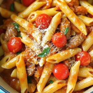 To make One Pot Spicy Sausage Tomato Pasta, you need the following ingredients: - 2 tablespoons olive oil - 1 pound spicy Italian sausage, casing removed - 1 medium onion, diced - 4 cloves garlic, minced - 1 red bell pepper, diced - 1 teaspoon red pepper flakes (adjust to taste) - 1 can (28 ounces) crushed tomatoes - 4 cups chicken broth - 12 ounces pasta (penne or rigatoni work well) - 1 cup cherry tomatoes, halved - 1 teaspoon dried oregano - Salt and pepper to taste - 1/2 cup fresh basil, chopped - Grated Parmesan cheese for serving Each ingredient plays a key role in the dish. The spicy Italian sausage brings a bold flavor. The onion and garlic add depth and aroma. Red bell pepper adds sweetness and color. Crushed tomatoes form a rich base, while chicken broth gives the pasta a savory touch. The pasta absorbs all the flavors, making every bite delicious. Cherry tomatoes add a burst of freshness, and basil gives a fragrant finish. Lastly, grated Parmesan cheese adds creaminess and richness when served. Start by heating 2 tablespoons of olive oil in a large pot over medium heat. Add 1 pound of spicy Italian sausage, breaking it apart with a wooden spoon. Sauté the sausage until it is browned, which takes about 5 to 7 minutes. Browning the sausage adds flavor and depth to the dish. After browning, it’s important to drain any excess grease. This helps keep the dish from becoming too oily. Next, add 1 medium onion, diced, 4 cloves of minced garlic, and 1 diced red bell pepper to the pot. Sauté these vegetables for about 3 to 4 minutes. This step softens them and enhances their flavors. If you prefer a crunchier texture, you can sauté them for a shorter time. Now, stir in 1 teaspoon of red pepper flakes. This spice brings heat to the dish, so adjust it to your taste. After mixing it well, pour in a 28-ounce can of crushed tomatoes and 4 cups of chicken broth. Stir to combine everything. Bring the mixture to a boil, which helps meld all the flavors together. Once boiling, add 12 ounces of pasta, such as penne or rigatoni, and 1 cup of halved cherry tomatoes. Reduce the heat to low and cover the pot. Let it simmer for about 12 to 15 minutes. This allows the pasta to cook and absorb some liquid. Be sure to check the doneness and stir occasionally to prevent sticking. After the pasta is cooked, season it with salt and pepper to taste. Then, stir in ½ cup of chopped fresh basil. This adds a lovely aroma and fresh flavor to your dish. You can serve it hot, topped with grated Parmesan cheese for extra richness. Using a large pot is key for even cooking. It allows all the ingredients to heat up properly. When you sauté the sausage, ensure it browns well. This adds depth to the flavor. Stirring the pasta often prevents it from sticking together. This simple act will keep your dish smooth and enjoyable. To boost the taste, try adding more spices. A dash of smoked paprika can add a nice touch. Fresh herbs like thyme or parsley also work great. You can switch up your cheese toppings too. Instead of Parmesan, try crumbled feta or shredded mozzarella. Each choice will give a new flavor twist. Different pasta types need different cooking times. If you use thin pasta, check it after 8 minutes. For thicker shapes like rigatoni, stick with the full simmer time. Always ensure your pasta is al dente. It should have a slight bite. This texture makes every bite satisfying and keeps your dish from becoming mushy. {{image_2}} You can change the protein in this dish easily. Chicken or turkey sausage works well. Both give a lighter taste while still packing flavor. Simply swap the spicy Italian sausage for your choice. You can also try vegetarian options. Plant-based sausage gives you a similar taste and texture without meat. These swaps keep the dish tasty and fun. Pasta can change the whole vibe of your dish. You can use fusilli or spaghetti instead of penne or rigatoni. Fusilli holds sauce well, while spaghetti offers a classic feel. If you're gluten-free, there are many options too. Gluten-free pasta is now easy to find in stores. Just pick your favorite type and follow the same cooking steps. Adding veggies boosts flavor and nutrition. Seasonal veggies like zucchini and spinach are great choices. Zucchini adds a nice crunch, and spinach gives a fresh taste. You can toss them in when you add the other vegetables. This way, they cook just right and blend well with the pasta. Incorporating greens makes your meal healthier and more colorful. To keep your One Pot Spicy Sausage Tomato Pasta fresh, store it in an airtight container. It’s best to let the pasta cool before sealing it. This helps prevent condensation and keeps it from getting mushy. In the fridge, it lasts about 3 to 4 days. Make sure to label the container with the date you made it. If you want to freeze this dish, it’s easy! Portion it into freezer-safe containers. Leave some space at the top, as the pasta will expand when frozen. The pasta can stay in the freezer for up to 2 months. To reheat, thaw it in the fridge overnight. Then, warm it on the stove over low heat. Add a splash of chicken broth to keep it moist and tasty. This pasta is a great choice for meal prep. You can make a big batch on the weekend for busy weeknights. Portion it into single servings for easy lunches or dinners. Use clear containers so you can see what’s inside. This way, you’ll always have a delicious meal ready to go! Yes, you can make One Pot Spicy Sausage Tomato Pasta ahead of time. Prepare it fully and let it cool. Store it in an airtight container in the fridge for up to three days. To reheat, warm it on the stove over low heat. Add a splash of broth if needed to bring back moisture. To change the spice level, adjust the red pepper flakes. For less heat, use half a teaspoon. For more heat, add more flakes. You can also swap spicy sausage for mild sausage. This way, you control the spice based on your taste. This pasta dish pairs well with simple salads. A Caesar salad or a mixed greens salad works great. Garlic bread is also a popular side. You can serve it with a light, zesty salad to balance the dish's rich flavors. Yes, this recipe is great for meal prepping. Prepare the dish and let it cool. Portion it into containers for easy lunches or dinners. It keeps well in the fridge and reheats nicely. Just make sure to store it properly to maintain flavor. This blog post covered a delicious and simple recipe for One Pot Spicy Sausage Tomato Pasta. We explored key ingredients, step-by-step cooking instructions, and helpful tips to enhance flavor. I shared ways to modify the dish with different proteins and vegetables. Proper storage tips ensure your meal stays fresh, whether in the fridge or freezer. With this knowledge, you can create a tasty meal that suits your needs. Enjoy cooking and making this dish your own!