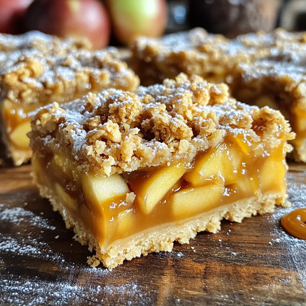 To make delicious caramel apple crumble bars, gather these ingredients: - 2 cups all-purpose flour - 1 cup rolled oats - 1/2 cup brown sugar, packed - 1/2 cup granulated sugar - 1 teaspoon cinnamon - 1/4 teaspoon salt - 3/4 cup unsalted butter, melted - 4 medium apples, peeled, cored, and diced - 1/2 cup caramel sauce (store-bought or homemade) - 1 tablespoon lemon juice - 1/2 teaspoon vanilla extract You can also add a few optional items for extra flavor. Consider using: - Chopped nuts like walnuts or pecans for crunch. - Dried fruit, like raisins or cranberries, for a sweet touch. - A pinch of nutmeg for warmth alongside cinnamon. These extras will give your bars a unique twist, making them even more enjoyable! First, set your oven to 350°F (175°C). This step is key for even baking. Next, grab a 9x9-inch baking pan. You can grease it or line it with parchment paper. Both methods help with easy removal later. In a large bowl, mix the dry crust ingredients. Combine 2 cups of all-purpose flour, 1 cup of rolled oats, 1/2 cup of brown sugar, 1/2 cup of granulated sugar, 1 teaspoon of cinnamon, and 1/4 teaspoon of salt. This blend creates a nice flavor base. Pour in 3/4 cup of melted butter. Stir until crumbly. Now, press half of this mixture firmly into the bottom of your baking pan. It should cover the bottom evenly. This forms a tasty crust for your bars. Take 4 medium apples and peel, core, and dice them. In a separate bowl, toss these apple pieces with 1 tablespoon of lemon juice and 1/2 teaspoon of vanilla extract. This step adds brightness to the apples. Spread the apple mixture evenly over the crust layer. Then, drizzle 1/2 cup of caramel sauce over the apples. Make sure to cover them well. The caramel adds sweetness and richness. Now, crumble the remaining oat mixture on top of the caramel and apples. Press it down lightly to hold it in place. This creates a nice topping. Bake your bars in the preheated oven for 30 to 35 minutes. Check for a golden top and bubbling apples. Once done, let the bars cool in the pan for at least 15 minutes. If you used parchment paper, lift them out easily. Cut into squares, and enjoy your delicious treat! To get the best texture for your crumble, use cold butter. This keeps the mixture crumbly instead of mushy. When mixing, stop when the ingredients look like coarse crumbs. Substitutes for oats and flour: If you need a swap, try almond flour for a nutty taste. You can also use coconut flour, but use less as it absorbs more moisture. For oats, you can use crushed nuts or seeds. This gives a different crunch and flavor. For a lovely presentation, dust your bars with powdered sugar. It adds a sweet touch. You can also drizzle extra caramel sauce over the top. These bars pair well with a scoop of vanilla ice cream. The warm crumble and cold ice cream create a delightful mix. Whipped cream is another great option for topping. It adds creaminess and lightness to each bite. {{image_2}} You can add nuts or dried fruit to your bars. Walnuts or pecans add a nice crunch. Dried cranberries or raisins give a sweet touch. Try mixing in a half-cup of your favorite nuts or fruits for added flavor. Using different fruit combinations can also change things up. Pears, for example, work well with apples. You can even try berries for a fresh twist. Mixing fruits can make your bars unique and fun. If you need gluten-free options, swap the all-purpose flour. Use a gluten-free flour blend instead. Oats are often gluten-free, but check the label to be sure. This way, everyone can enjoy these tasty bars. For vegan options, replace the butter with coconut oil or vegan butter. You can also use plant-based caramel sauce. There are many brands available that are dairy-free. This keeps the flavor rich without using animal products. To keep your caramel apple crumble bars fresh, store them in an airtight container. Place a layer of parchment paper between layers if you stack them. This helps avoid sticking. Keep them at room temperature for up to three days. If you live in a humid area, you may want to store them in the fridge. Just remember, cold air can make the bars a bit less soft. If you want to save some bars for later, freezing is a great option. First, let the bars cool completely. Then cut them into squares. Wrap each square tightly in plastic wrap. Place the wrapped bars in a freezer-safe bag. You can freeze them for up to three months. To thaw, take the bars out of the freezer. Leave them in the fridge overnight. For a quicker thaw, you can set them out at room temperature for about 1-2 hours. Enjoy them as a tasty treat whenever you like! Yes, you can use store-bought caramel sauce. It saves time and is easy to find. Look for a good quality sauce for the best flavor. If you have time, making your own caramel is great too. Homemade caramel can add a special touch to your bars. You can tell the bars are done when the top is golden brown. Also, check if the apples are bubbling around the edges. The smell will fill your kitchen, making it hard to wait! If you tap the top lightly, it should feel firm, not soft. The best apples for baking are Granny Smith and Honeycrisp. Granny Smith gives a tart flavor, while Honeycrisp adds sweetness. Other good options include Fuji and Braeburn. Always choose firm apples for the best texture in your bars. In this blog post, I covered the key ingredients and simple steps to make delicious apple bars. You learned how to prepare the crust, layer the filling, and bake to perfection. I also shared handy tips for texture and serving. Remember, you can customize the recipe with different fruits or dietary needs. Store your bars properly and enjoy them fresh or frozen. With these techniques, your apple bars will impress anyone who tries them. Happy baking!