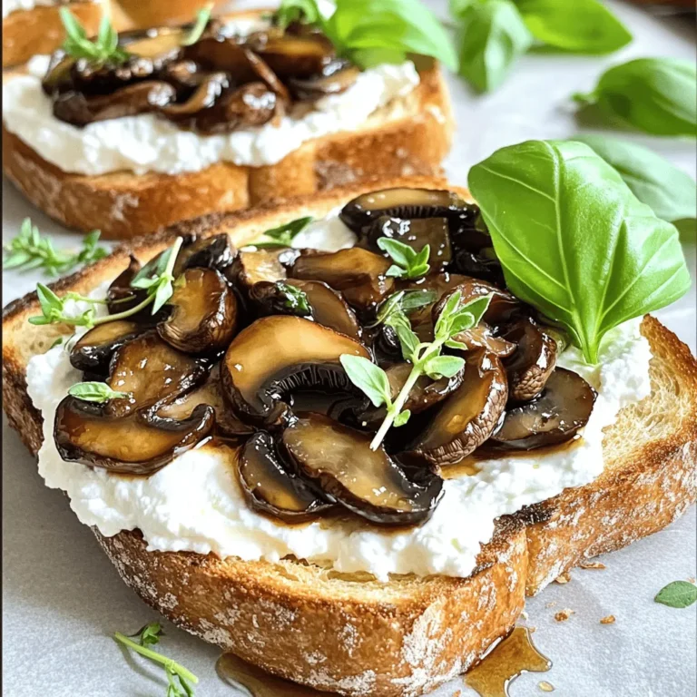 - 8 oz (225g) cremini mushrooms, sliced - 2 tablespoons balsamic vinegar - 1 tablespoon olive oil - 1 clove garlic, minced - Salt and pepper to taste - 1 teaspoon fresh thyme leaves (or ½ teaspoon dried thyme) - 1 cup ricotta cheese - 4 slices of crusty bread (such as sourdough or ciabatta) - Fresh basil leaves for garnish - Optional: A drizzle of honey for sweetness If you can't find cremini mushrooms, you can use regular button mushrooms. They work well too. For balsamic vinegar, apple cider vinegar makes a nice swap, though the flavor will change. If you want a lighter cheese, use cottage cheese instead of ricotta. It will still taste great. For bread, any crusty loaf will do. French bread or whole grain is a good choice. Garnishes can take your toast to the next level. Fresh basil adds a nice touch. You can also try arugula for peppery flavor. A drizzle of honey adds sweetness that balances the tangy mushrooms. Crushed red pepper flakes can give a kick if you like heat. Enjoy playing with these options! Start by heating the olive oil in a skillet over medium heat. Add the minced garlic. Sauté for about 30 seconds until the garlic smells great. Then, add the sliced cremini mushrooms. Season them with a bit of salt and pepper. Sprinkle in the thyme leaves, too. Cook for about 5-7 minutes. You want the mushrooms to be tender and brown. After that, pour in the balsamic vinegar. Stir it all together and let it cook for another 2-3 minutes. The vinegar should reduce a little. When done, take it off the heat and set it aside. While the mushrooms cook, it’s time to toast the bread. You can use a toaster, oven, or skillet. Toast the slices until they are golden brown and crispy. This part adds a nice crunch to your toast. Now let's put it all together. Spread a generous layer of ricotta cheese on each slice of your toasted bread. Make sure you cover it well. Next, top each slice with the balsamic mushrooms. Spread them out evenly so every bite has flavor. If you like a hint of sweetness, drizzle a little honey over the mushrooms. Finally, add fresh basil leaves on top for a pop of color and taste. To get the best flavor from your mushrooms, start with a hot skillet. Heat the olive oil first. Add the garlic and let it sizzle for a bit. Then, toss in the sliced cremini mushrooms. They need space to brown well, so don’t crowd the pan. Stir them every now and then. Cook for about 5 to 7 minutes until golden. The balsamic vinegar adds a nice touch at the end. It thickens slightly and brings out the mushroom's deep flavor. For this toast, crusty bread works best. I love sourdough or ciabatta, but feel free to explore. Look for bread with a nice crust. This helps the toast hold up against the toppings. Toasting it until golden makes it crisp and delicious. You want a sturdy base that complements the creamy ricotta and savory mushrooms. To make your toast even better, try adding fresh herbs. Basil adds a nice pop of color and taste. You can also drizzle honey for a touch of sweetness. If you want a kick, a sprinkle of chili flakes works wonders too. Play around with flavors. There’s no wrong way to enjoy your balsamic mushroom ricotta toast! {{image_2}} You can easily make a vegan version of this toast. Instead of ricotta cheese, use a plant-based ricotta. Look for cashew or almond-based options. They provide a creamy texture without dairy. For the mushrooms, ensure your balsamic vinegar contains no animal products. Most balsamic vinegars are vegan. Add a sprinkle of nutritional yeast for a cheesy flavor boost. To make this dish gluten-free, swap the bread for a gluten-free option. Many brands make great gluten-free bread. Choose one that has a nice crust and texture. Check the label to ensure it meets your dietary needs. The rest of the recipe stays the same. You’ll still enjoy those yummy balsamic mushrooms. If you want to try a different cheese, go ahead! Goat cheese adds a tangy punch. Feta cheese brings a salty bite. Cream cheese offers a smooth spread. Each cheese changes the flavor but keeps it delicious. Feel free to experiment and find your favorite! To keep your Balsamic Mushroom Ricotta Toast fresh, store leftovers in an airtight container. Place the leftover mushrooms and ricotta cheese in separate containers. This will help maintain texture and flavor. Keep them in the fridge for up to three days. Avoid stacking the toast to prevent sogginess. When you’re ready to enjoy your toast again, reheat the mushrooms in a skillet. Heat them on low until warm. For the toast, place it in a toaster or oven for a few minutes. This will crisp it back up. Do not microwave the toast, as it can make it chewy. Store cremini mushrooms in a paper bag in the fridge. This helps them breathe and stay fresh longer. Keep ricotta cheese in its original container or a sealed plastic tub. Use it within a week for the best taste. To store bread, wrap it in a cloth and place it in a bread box or a paper bag. Avoid plastic, as it can make the bread soggy. If you need a change from ricotta, try cottage cheese. It has a similar look and texture. Cream cheese is another option, but it is richer and thicker. You could also use Greek yogurt for a tangy twist. Just remember that the taste will change with each choice. To prep ahead, cook the mushrooms and store them in the fridge. You can also toast the bread lightly. When you're ready to eat, just warm the mushrooms and toast the bread again. Spread the ricotta on the toast, then top with mushrooms. This way, you keep the crunch of the bread. Yes, you can use other mushrooms! Button mushrooms work well and are easy to find. Shiitake mushrooms add a nice, rich flavor. Portobello mushrooms are great for a meaty bite. Just make sure to slice them thinly for even cooking. Each type brings its own taste to the dish. This blog post covered key ingredients for your toast, cooking methods, and extra tips. You can swap ingredients and try different flavors. Storing your leftovers properly helps keep them fresh. Feel free to mix in vegan or gluten-free options for everyone. You now have all the tools to make your perfect mushroom toast. Enjoy the process and share your tasty results!