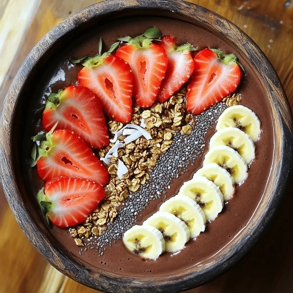 - 1 cup frozen strawberries - 1 banana, sliced and frozen - 1 cup almond milk (or any milk of your choice) - 2 tablespoons unsweetened cocoa powder - 1 tablespoon almond butter (or peanut butter) - 1 tablespoon honey or maple syrup (optional) - Toppings: Fresh strawberries, sliced banana, granola, chia seeds, and shredded coconut - If you don’t have frozen strawberries, use fresh ones. Just add ice to keep it cold. - Any milk works here. Try oat milk or coconut milk for a twist. - If you want a nut-free version, skip almond butter. Use sunflower seed butter instead. - For sweetening, agave syrup can replace honey or maple syrup. - Frozen strawberries: These berries are low in calories and packed with vitamin C. - Banana: Bananas give energy. They are full of potassium and good for digestion. - Almond milk: This milk is low in calories and has healthy fats. It’s also dairy-free. - Cocoa powder: It has antioxidants that help with heart health and mood. - Almond butter: This nut butter adds protein and healthy fats. It keeps you full longer. - Honey or maple syrup: These natural sweeteners add flavor and some vitamins. - Toppings: Fresh fruits add fiber, granola gives crunch, chia seeds are rich in omega-3s, and shredded coconut adds healthy fats. Each ingredient plays a role in making this bowl both tasty and nutritious. To start, gather your ingredients. You need: - 1 cup frozen strawberries - 1 frozen, sliced banana - 1 cup almond milk (or any milk you like) - 2 tablespoons unsweetened cocoa powder - 1 tablespoon almond butter (or peanut butter) - 1 tablespoon honey or maple syrup (optional) 1. Place the frozen strawberries, banana, almond milk, cocoa powder, and almond butter in a blender. 2. If you want it sweeter, add the honey or maple syrup. 3. Blend on high speed until everything is smooth and creamy. 4. Stop the blender and scrape the sides if needed to mix well. 5. Pour the smoothie mixture into a bowl. To get a creamy texture, here are some tips: - Use frozen fruit. It helps make the smoothie thicker. - Start blending at a low speed and then increase to high. - If the mixture is too thick, add a little more almond milk. - Stop to scrape down the sides of the blender for even mixing. Now it's time to make your bowl look great! Here are my suggestions: - Arrange fresh strawberry slices and banana slices on top. - Sprinkle granola for a nice crunch. - Add a few chia seeds for extra nutrition. - Finish with a sprinkle of shredded coconut. Grab a spoon and enjoy your tasty Chocolate Strawberry Smoothie Bowl! To get a smooth and creamy texture, start with frozen fruits. Frozen strawberries and bananas work best. They help make the smoothie thick and rich. Use almond milk or your favorite milk for creaminess. Blend on high until it’s fully mixed. Stop to scrape the sides if needed. This ensures every bit is blended well. Adding almond butter gives it a nice creaminess too. Make your smoothie bowl unique! You can swap the fruits based on what you like. Try mangoes or blueberries instead of strawberries. You can also change the nut butter. Use peanut butter for a different taste. Want more sweetness? Add a bit more honey or maple syrup. You can even mix in some spinach for added nutrition without changing the flavor. Toppings make your bowl look great and add crunch. Arrange fresh strawberries and banana slices on top. Use granola for a nice crunch. Sprinkle chia seeds for a health boost. Shredded coconut adds a tropical touch. Place each topping in sections. This makes your bowl colorful and fun to eat. Remember, how you arrange the toppings can make it more appealing! {{image_2}} You can use different types of milk in this recipe. Almond milk is great, but you can try oat milk, coconut milk, or regular cow's milk. Each milk brings its own taste and creaminess. Oat milk adds a nice sweetness. Coconut milk gives a rich, creamy texture. Cow's milk can make it extra smooth and filling. To boost protein, consider adding protein powder. Use whey, casein, or plant-based protein. You can also add Greek yogurt or cottage cheese for a creamy texture. These options help keep you full and support muscle growth. A scoop of nut butter also adds protein and good fats. While strawberries are delicious, feel free to mix in other fruits. Blueberries, raspberries, or even mango can make tasty swaps. Each fruit has its unique flavor and health benefits. For a tropical twist, try adding pineapple or banana for extra sweetness. If you have leftovers of your Chocolate Strawberry Smoothie Bowl, store them right. Use an airtight container. This keeps the bowl fresh. Place it in the fridge. Your smoothie bowl will stay good for one day. If the smoothie thickens, just add a splash of almond milk before eating. You can freeze your smoothie ingredients for later use. Freeze strawberries and bananas in small bags. This way, they are ready for the next bowl. When you want to make a smoothie, just take out what you need. This helps save time and reduces waste. Meal prep makes mornings easier. Prepare your smoothie bowl ingredients ahead of time. Portion your frozen fruits in bags. You can also mix the dry ingredients, like cocoa powder and almond butter, in a jar. This makes blending quick and easy. Grab a bag, blend, and enjoy! Yes, you can make this smoothie bowl vegan. Use almond milk or any plant-based milk. Replace honey with maple syrup. This way, you keep it tasty and vegan-friendly. To make your smoothie bowl thicker, add less almond milk. You can also use more frozen fruit. Try adding avocado for creaminess without changing the taste. Blending on low speed can help keep it thick. Great toppings include fresh strawberry slices, banana, granola, chia seeds, and shredded coconut. You can also try nuts or seeds for crunch. Chocolate chips can add an extra treat. Choose what you love! Yes, you can use fresh strawberries. However, the smoothie may be thinner and less cold. If you want a chilled bowl, freeze your fresh strawberries first. This keeps your smoothie bowl nice and icy. A smoothie bowl is best fresh. If you cover it, it can last in the fridge for about one day. After that, it may lose its flavor and texture. Enjoy it right away for the best taste! This blog post covered key ingredients, step-by-step instructions, helpful tips, and variations for smoothie bowls. Every ingredient adds unique nutrition. You can easily customize your bowl to fit your taste. Proper storage helps maintain freshness. Remember, you can adjust ingredients for special diets like vegan. With a few easy changes, you can create a perfect smoothie bowl every time. Enjoy blending and experimenting with flavors to find your best version!