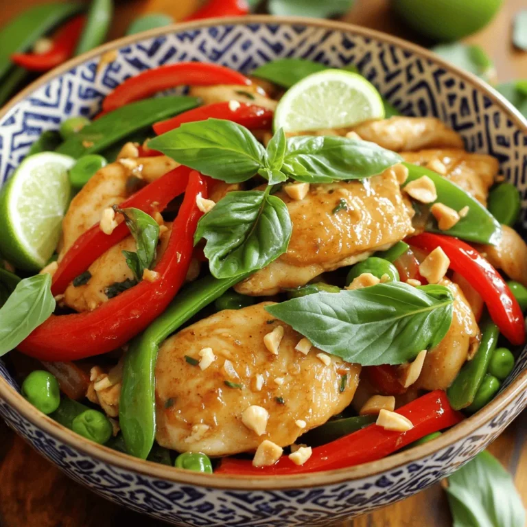 - 1 lb boneless chicken thighs, sliced into thin strips - 1 cup fresh Thai basil leaves - 2-3 Thai bird chilies, sliced The main ingredients give this dish its hearty base. Boneless chicken thighs are juicy and tender. They soak up flavors well. Fresh Thai basil leaves add a sweet, aromatic taste. They make the dish unique. Chili peppers add heat. You can adjust the number based on your spice level. - 2 tablespoons soy sauce - 1 tablespoon oyster sauce - 1 teaspoon sugar The sauces and seasoning bring the dish together. Soy sauce adds saltiness and umami. Oyster sauce gives a rich depth. Sugar balances the flavors and adds a hint of sweetness. Mixing these sauces creates a tasty glaze for the chicken. - 4 cloves garlic, minced - 1 red bell pepper, sliced - 1 cup snap peas Vegetables add color and crunch. Garlic brings a strong aroma and flavor. Red bell pepper adds sweetness and a pop of color. Snap peas provide a crisp texture. They all work together to make the dish bright and fresh. - Slicing the chicken: Start by taking 1 pound of boneless chicken thighs. Use a sharp knife to cut it into thin strips. Thin strips cook evenly and quickly. This helps keep your meal fast and tasty. - Minced garlic and chili prep: Next, take 4 cloves of garlic. Peel and mince them finely. Then, grab 2-3 Thai bird chilies. Slice them thinly, adjusting the amount based on how spicy you want it. More chilies add more heat! - Heating the oil and cooking the garlic: In a large skillet or wok, heat 2 tablespoons of vegetable oil over medium-high heat. Once the oil is hot, add the minced garlic and sliced chilies. Stir-fry for about 30 seconds until fragrant. Be careful not to burn the garlic; it can turn bitter! - Adding and browning the chicken: Now, add your sliced chicken to the skillet. Cook it for about 5-7 minutes. You want the chicken to brown nicely and be cooked all the way through. Stir it often to make sure it cooks evenly. - Incorporating vegetables and sauce mixture: Toss in the sliced red bell pepper and 1 cup of snap peas. Stir constantly for another 2-3 minutes. You want the veggies tender but still crisp. In a small bowl, mix 2 tablespoons of soy sauce, 1 tablespoon of oyster sauce, and 1 teaspoon of sugar. Pour this sauce mixture into the skillet and stir well. - Adding basil and lime juice: Finally, add 1 cup of fresh Thai basil leaves and the juice of 1 lime. Stir gently until the basil wilts. Taste and season with salt and pepper if needed. This mix of flavors will make your dish shine! To make sure your chicken stays tender, use boneless thighs. They cook quicker and stay juicy. Slice them thinly for even cooking. Start with hot oil to seal in moisture. Cook the chicken for about 5-7 minutes until it turns golden brown. To avoid overcooked vegetables, add them later in the cooking process. Stir-fry the bell pepper and snap peas for only 2-3 minutes. This keeps them crisp and colorful. For a great meal, serve your Thai Basil Chicken over jasmine rice or rice noodles. Both soak up the flavors well. You can also pair it with a fresh salad or spring rolls for a balanced meal. Garnish the dish with extra basil leaves and lime wedges. This not only looks good, but the lime adds a zesty touch. If you like some heat, adjust the number of Thai bird chilies. Start with one and add more if you want. You can substitute the chicken with shrimp or tofu for different flavors. For a veggie twist, try adding mushrooms or baby corn. If you don’t have oyster sauce, soy sauce works too. {{image_2}} You can change the meat for different tastes. Chicken is great, but try pork or shrimp. These options give new flavors and textures. For a vegetarian twist, consider tofu or tempeh. Both soak up the sauce well and add protein. Using seasonal veggies can make the dish pop. Try zucchini, broccoli, or carrots. These mix well and add color. Avoid starchy vegetables like potatoes. They don't blend nicely with the stir-fry style. To add crunch, toss in some cashews or peanuts. They will give a lovely texture. You can also use herbs like cilantro or mint. These will change the flavor and make the dish more exciting. To store leftovers, let the dish cool first. Then, place it in a clean container. I suggest using glass or plastic containers with tight lids. This keeps the food fresh and safe. You can store it in the fridge for up to three days. Yes, you can freeze Thai Basil Chicken Stir Fry. Make sure to cool it completely before freezing. Use airtight containers or freezer bags to prevent freezer burn. Label the bags with the date. The stir fry can stay good in the freezer for about three months. For reheating, you have two good options: microwave or stovetop. If you use the microwave, heat it in short bursts. Stir in between to heat evenly. On the stovetop, add a splash of water to the skillet. This helps keep the dish moist and tasty. Both methods work well to maintain the flavor and texture. Enjoy your meal! Thai Basil Chicken Stir Fry can be spicy, but you control the heat. The heat comes from Thai bird chilies. You can use 2-3 chilies for a nice kick. If you want it milder, remove the seeds. You can also use fewer chilies or swap them for sweet bell peppers. Always taste as you go. This way, you can find the heat level that works for you. You can use dried basil, but fresh is best. Fresh Thai basil has a bright, bold flavor. Dried basil lacks the same pop and aroma. If you must use dried, use about one teaspoon for every tablespoon of fresh. Add it earlier in the cooking to let the flavor develop. But remember, nothing beats fresh basil in this dish. Thai Basil Chicken Stir Fry works well with many sides. Here are some great options: - Jasmine rice: The classic choice to soak up the sauce. - Rice noodles: For a fun twist on this dish. - Steamed vegetables: Broccoli or bok choy add color and nutrients. - Cucumber salad: This adds a refreshing crunch. - Spring rolls: A great appetizer to start your meal. These dishes make a perfect spread for a Thai-inspired dinner. You now have a complete guide to making Thai Basil Chicken Stir Fry. We covered the key ingredients, step-by-step cooking instructions, helpful tips, and variations. You can adjust spice levels and use different vegetables to suit your taste. Remember to store leftovers properly and reheat with care. This dish is tasty, simple, and fun to customize. Enjoy mixing flavors and impressing your family or friends with your cooking. Dive in and make your own unique stir fry today!