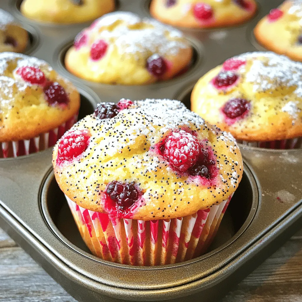 - 1 ½ cups all-purpose flour - ½ cup granulated sugar - 1 tablespoon poppy seeds - 1 teaspoon baking powder - ½ teaspoon baking soda - ½ teaspoon salt - 1 large egg - ½ cup Greek yogurt - ¼ cup vegetable oil - 1 tablespoon lemon zest - 2 tablespoons lemon juice - 1 cup fresh raspberries (or frozen, thawed) - Optional: powdered sugar for dusting You can swap some ingredients for a unique twist. If you want a gluten-free option, use a gluten-free flour mix. Instead of granulated sugar, you can use coconut sugar for a deeper flavor. If you don't have Greek yogurt, try sour cream or regular yogurt. For a dairy-free option, use almond yogurt. You can replace vegetable oil with melted coconut oil for a hint of sweetness. Always choose ripe lemons for the best zest and juice. Look for plump raspberries that are bright in color. If using frozen raspberries, let them thaw and drain excess water. Check your baking powder and baking soda for freshness; old leavening agents can affect your muffins’ rise. Buying organic ingredients can offer more flavor and nutrients, so consider it for your lemons and yogurt. First, turn on your oven to 375°F (190°C). This step makes sure your muffins bake nicely. While the oven heats, prepare your muffin tin. You can either line it with paper liners or lightly grease it with oil. This will help your muffins come out easily after baking. In a large bowl, add the dry ingredients. Combine 1 ½ cups of all-purpose flour, ½ cup of granulated sugar, 1 tablespoon of poppy seeds, 1 teaspoon of baking powder, ½ teaspoon of baking soda, and ½ teaspoon of salt. Whisk these together. Make sure there are no lumps. This mix gives your muffins a nice texture. In another bowl, crack 1 large egg. Beat it well. Then, add ½ cup of Greek yogurt, ¼ cup of vegetable oil, 1 tablespoon of lemon zest, and 2 tablespoons of lemon juice. Mix these ingredients until they are smooth and creamy. This wet mixture adds moisture and flavor to your muffins. Now, pour the wet mixture into your bowl of dry ingredients. Gently stir them together. It’s important not to overmix. A few lumps are okay. Finally, fold in 1 cup of fresh raspberries. Be gentle so you don’t break them. Next, divide the batter evenly among the muffin cups. Fill each cup about ¾ full. Bake in your preheated oven for 18-20 minutes. You’ll know they are done when a toothpick comes out clean. Once baked, let the muffins cool in the pan for about 5 minutes. Then, transfer them to a wire rack to cool completely. If you like, dust them with powdered sugar for a sweet touch. To make your muffins fluffy, use room temperature ingredients. Cold eggs or yogurt can slow down the rise. Mix the dry and wet ingredients separately first. This helps keep the batter light. When you combine them, stir gently. Overmixing can make muffins tough. You can tweak the sugar in this recipe. If you like your muffins less sweet, cut the sugar by a quarter cup. For sweeter muffins, add an extra tablespoon of sugar. Tasting the batter before baking is a fun way to check. Just remember to keep it balanced with the tartness of the lemon and raspberries. One common mistake is filling the muffin cups too much. Fill each cup about three-quarters full. This allows room for the muffins to rise. Another mistake is not checking for doneness. Use a toothpick to test. If it comes out clean, your muffins are ready. Finally, don’t skip the cooling time. Letting them sit for a bit helps them firm up and enhances the flavor. {{image_2}} You can make these muffins gluten-free. Use a gluten-free flour blend instead of all-purpose flour. Look for a blend that includes xanthan gum. This helps the muffins hold their shape. Follow the same recipe steps. The taste will still be bright and fresh. Feel free to mix in other fruits. Blueberries or strawberries work well. You can also try adding nuts for crunch. Chopped almonds or walnuts add a nice texture. For a twist, add a hint of vanilla or almond extract. This will give your muffins a unique flavor. You can make these muffins vegan too. Replace the egg with a flaxseed egg. Mix one tablespoon of ground flaxseed with three tablespoons of water. Let it sit for five minutes until it thickens. Substitute Greek yogurt with a plant-based yogurt. Use coconut or almond yogurt for a creamy texture. These changes keep the muffins tasty and moist. To keep your lemon raspberry poppy seed muffins fresh, store them in an airtight container. This helps retain moisture and keeps them soft. Place a piece of parchment paper between the muffins to prevent sticking. You can store them at room temperature for up to three days. If you want to keep them longer, consider refrigerating them. Just remember to bring them back to room temperature before enjoying. Freezing muffins is a great way to enjoy them later. First, let your muffins cool completely. Then, wrap each muffin tightly in plastic wrap. Place the wrapped muffins in a freezer-safe bag. This method keeps them fresh for up to three months. When you're ready to eat, simply take out a muffin and let it thaw at room temperature. To reheat your muffins, you can use the microwave or the oven. For the microwave, place the muffin on a plate and heat it for about 15-20 seconds. This warms it up nicely. If you prefer the oven, preheat it to 350°F (175°C). Place the muffin on a baking sheet and heat for about 5-10 minutes. This method makes the muffin warm and slightly crispy on the outside. Enjoy your delicious muffins fresh! Yes, you can use frozen raspberries. Just thaw them first and drain any excess juice. This keeps the batter from getting too wet. Frozen berries work well and save time when fresh raspberries are not in season. They also taste great in muffins. If you don’t have Greek yogurt, try sour cream or buttermilk. Both add moisture and a slight tang. Another option is using plain yogurt, but it may make the muffins a bit softer. You can also use applesauce for a dairy-free choice. To make these muffins healthier, you can use whole wheat flour instead of all-purpose flour. This adds fiber and nutrients. You can also reduce the sugar by using honey or maple syrup. Adding nuts or seeds can boost protein and healthy fats. In this article, we explored how to make delicious muffins. We covered important ingredients, preparation steps, and helpful tips. I shared ways to customize your muffins to fit your taste. Storage info was included to keep your treats fresh longer. Remember, baking should be fun and creative. With these details, you can bake tasty muffins that everyone will enjoy. Keep experimenting to find your favorite flavor combinations!