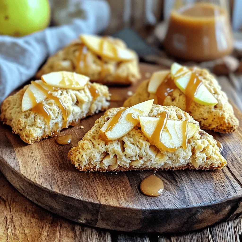 - 2 cups all-purpose flour - 1/3 cup brown sugar, packed - 1 tablespoon baking powder - 1/2 teaspoon salt - 1/2 teaspoon ground cinnamon - 1/4 cup unsalted butter, chilled and cubed - 1/2 cup heavy cream - 1 large apple, peeled and diced - 1/2 cup caramel sauce - 1 egg, beaten (for egg wash) You can swap all-purpose flour with whole wheat flour or almond flour. Both will add different flavors and textures. For caramel sauce, you may use homemade or store-bought. Homemade sauce offers a richer taste, but store-bought saves time. When picking your apple, Granny Smith works best. Its tartness balances the sweet caramel. Each scone contains about 250 calories. The breakdown is roughly 10 grams of fat, 35 grams of carbs, and 3 grams of protein. If you need gluten-free options, use gluten-free flour blends. These scones are vegetarian-friendly as well. 1. Preheat your oven to 400°F (200°C). This heat gives scones a nice rise. 2. Line a baking sheet with parchment paper. This helps prevent sticking. 3. In a large bowl, whisk together: - 2 cups all-purpose flour - 1/3 cup brown sugar, packed - 1 tablespoon baking powder - 1/2 teaspoon salt - 1/2 teaspoon ground cinnamon Make sure everything is mixed well. 1. Add the chilled, cubed butter to the flour mixture. Use your fingers or a pastry cutter to blend. You want it to look like coarse crumbs. 2. In another bowl, mix: - 1/2 cup heavy cream - 1 large apple, peeled and diced Gently fold this mix into the dry ingredients. 3. Be careful not to overmix. This keeps your scones light and fluffy. 1. Turn the dough out onto a floured surface. Shape it into a disk about 1 inch thick. 2. Cut the disk into 8 wedges, like slicing a pizza. Place the wedges on the baking sheet. 3. Brush the tops with: - 1 egg, beaten (for egg wash) This gives them a lovely golden color. 4. Bake for 15-18 minutes. Look for a light golden brown color. 5. Once baked, drizzle caramel sauce over the warm scones. Let it soak in for extra flavor. To make great scones, start with cold butter. This keeps the butter solid while mixing. When you cut it into the flour, it creates little pockets. These pockets help make your scones flaky. To achieve that perfect scone texture, blend the butter until it looks like coarse crumbs. Don’t overmix the dough once you add the wet ingredients. Just mix until combined. This helps keep your scones light and airy. Scones are best served warm. Pair them with hot tea or coffee for a delightful treat. You can also add a dollop of whipped cream or a side of apple butter. For presentation, serve your scones on a rustic wooden board. Drizzle extra caramel sauce over the top. Add small apple slices around the scones for an autumn touch. This makes for an attractive display. If your scones turn out too dry or crumbly, try adding a splash more cream. This will help bind the dough better. Make sure you’re not overbaking them, as that can also dry them out. Different ovens may cook unevenly. If you have a hot spot, rotate your baking sheet halfway through. This helps ensure that all scones bake evenly. Adjust the time if you notice they are browning too fast. {{image_2}} You can make your caramel apple scones even more exciting! One way is by adding nuts or dried fruits. Chopped walnuts or pecans bring a nice crunch. Dried cranberries or apricots add a sweet twist. Just mix them in with the apples to blend the flavors. Another fun idea is to experiment with spices beyond cinnamon. Try nutmeg or ginger for a warm kick. Cardamom can add a unique taste too. These spices change the flavor profile and make your scones stand out. Seasonal changes inspire tasty scone twists. For fall, think about adding pumpkin or maple flavors. A bit of pumpkin puree in the dough makes for a rich treat. Maple syrup can replace some sugar for a sweet touch. In summer, use fresh berries for a light and fruity snack. Blueberries or raspberries work well with apples. This gives you a fresh burst of flavor and color in each bite. For those who want healthier scones, there are great swaps. You can use gluten-free flour to make the recipe safe for everyone. Almond flour or coconut flour are tasty options. Just remember, you might need to adjust the liquid. If you want to cut down on sugar, try using less sugar or sugar alternatives. Honey or maple syrup can sweeten your scones while adding flavor. These options keep your scones delicious and a bit lighter. To keep your caramel apple scones fresh, follow these tips: - Short-term storage: Place the scones in an airtight container. They can last up to three days at room temperature. Keep them away from sunlight and heat. - Freezing scones: For longer storage, wrap each scone tightly in plastic wrap. Then, place them in a freezer-safe bag. They can last up to three months in the freezer. Let them cool completely before freezing. To enjoy your scones again, reheating them is key: - Maintain texture: Always aim to keep the scones moist. You can place a damp paper towel over them when reheating. - Oven vs. microwave: The oven is best for reheating. Preheat it to 350°F (175°C). Bake for about 10 minutes. If you use a microwave, heat for 20-30 seconds. Watch closely to prevent drying them out. Knowing how long your scones last is important: - At room temperature: Scones stay fresh for about three days. If they begin to harden, they are past their best. - Signs of spoilage: Look for any mold or off smells. If they feel very hard or dry, it's time to toss them. Enjoying them while fresh is key to their delicious taste! How do I make scones without heavy cream? You can use milk or yogurt instead. Both keep the scone moist and tasty. If you use yogurt, choose plain and whole-fat for best results. Can I make the dough ahead of time? Yes, you can! Wrap the dough in plastic wrap and keep it in the fridge. Use it within a day for the best flavor and texture. What’s the best way to serve scones? Serve them warm with extra caramel sauce. You can also add whipped cream or a scoop of ice cream for a sweet treat. How can I ensure my scones rise properly? Use cold butter and don’t overmix the dough. Make sure your baking powder is fresh too. These steps will help your scones rise nicely. Should I use a food processor for mixing? You can, but I prefer using my hands or a pastry cutter. This way, I can control the texture better. Can I use a different type of apple? Yes, you can use any apple you like! Sweet varieties like Fuji or Honeycrisp work well, too. Just remember, tart apples add a nice balance. Is it possible to make vegan caramel apple scones? Absolutely! Use coconut cream instead of heavy cream. For the caramel, choose a vegan recipe or store-bought option. Enjoy your delicious vegan treat! We covered how to make delicious caramel apple scones. You learned about the key ingredients, useful substitutions, and nutritional facts. I shared tips on achieving the perfect scone texture and serving ideas that impress. You also discovered how to store and reheat leftovers effectively. Feel confident to experiment with flavors and variations. Baking should be fun and creative. Enjoy your scone-making journey, and remember, practice improves your skills!