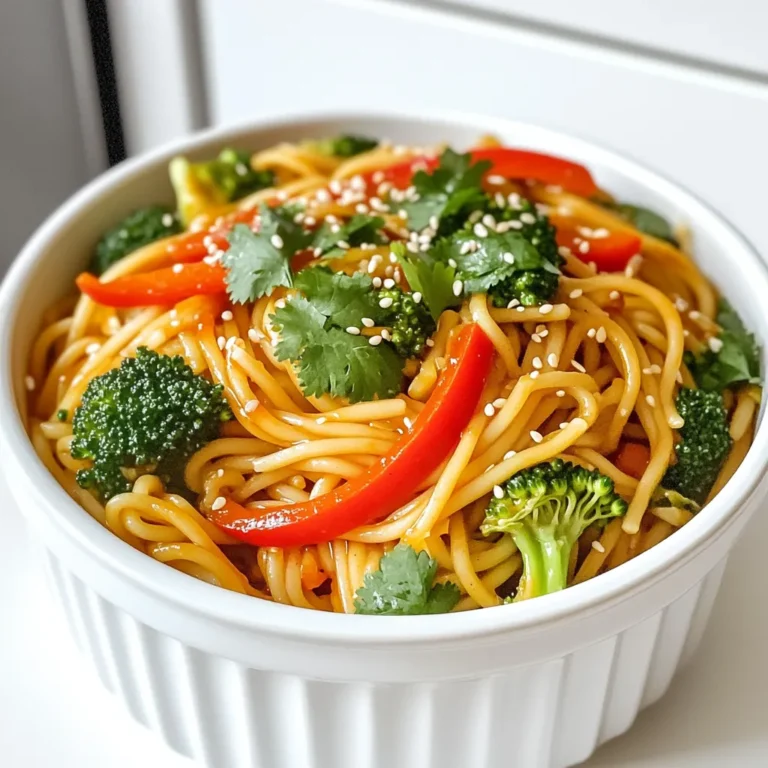 - 8 oz rice noodles - 2 tablespoons vegetable oil - 4 cloves garlic, minced - 1/4 cup sweet chili sauce - 2 tablespoons soy sauce - 1 tablespoon freshly squeezed lime juice - 1 teaspoon sugar - 1 red bell pepper, sliced - 1 cup broccoli florets - 2 green onions, sliced - Sesame seeds for garnish - Fresh cilantro for garnish The rice noodles serve as a great base. They soak up all the flavors. Vegetable oil helps to cook the garlic and veggies. Garlic adds a nice aroma and taste. Sweet chili sauce brings sweetness and a bit of heat. Soy sauce gives depth to the dish. Lime juice adds freshness. Sugar balances the flavors. The red bell pepper adds color and crunch. Broccoli florets add nutrition and texture. Green onions give a mild onion flavor. Sesame seeds and cilantro finish the dish with style. This recipe is quick and easy. You can get it ready in just 20 minutes. The ingredients are simple and you can find them in most stores. You can even swap some ingredients based on what you have. This makes it flexible for your taste. - Start by cooking 8 oz of rice noodles according to the package instructions. - Once cooked, drain the noodles and set them aside. - In a large pan or wok, heat 2 tablespoons of vegetable oil over medium heat. - Add 4 cloves of minced garlic to the pan and sauté until fragrant, about 1-2 minutes. Be careful not to burn the garlic. - Next, add 1 sliced red bell pepper and 1 cup of broccoli florets. Stir-fry these for 3-4 minutes until they are tender yet crisp. - In a small bowl, mix together 1/4 cup of sweet chili sauce, 2 tablespoons of soy sauce, 1 tablespoon of freshly squeezed lime juice, and 1 teaspoon of sugar until well combined. - Add the drained rice noodles to the pan along with the sauce mixture. Toss everything together for 2-3 minutes to coat the noodles in sauce and heat them through. - Stir in 2 sliced green onions and remove from heat. - Serve the noodles in bowls, garnished with sesame seeds and fresh cilantro. To make your Sweet Chili Garlic Noodles just right, here are some tips: - Rinse noodles to prevent sticking: After cooking the rice noodles, rinse them under cold water. This helps stop the cooking and keeps them from sticking together. - Adjust sweetness with more or less sugar: If you like it sweeter, add a bit more sugar. If you prefer a less sweet dish, cut back on the sugar. - Cooking tips for crisp vegetables: When you stir-fry the red bell pepper and broccoli, keep the heat medium-high. This helps the veggies stay crisp and colorful. Garnishing makes your dish look and taste better. Here’s how: - Adding sesame seeds and cilantro: Sprinkle sesame seeds and fresh cilantro on top before serving. They add a nice crunch and fresh flavor. - Other garnish suggestions: You can also try sliced chili peppers or lime wedges for extra zest. They make your dish pop with color and taste! {{image_2}} You can add protein for more flavor. Here are three great options: - Shrimp: Cook shrimp until pink and firm. Add them right after the garlic. This adds a nice seafood twist. - Chicken: Dice cooked chicken and toss it in for added heartiness. It pairs well with the sweet chili sauce. - Tofu: Use firm tofu for a plant-based option. Cube it and sauté until golden for a tasty crunch. Adding vegetables makes the dish colorful and healthy. Here are some tasty choices: - Snap peas: These add a nice crunch. Toss them in with the bell pepper. - Carrots: Thinly slice or julienne carrots for sweetness. They cook quickly and blend well. - Zucchini: Slice zucchini into half-moons. It soaks up the sauce and adds a fresh taste. Want some heat? You can spice up your dish with these tips: - Incorporating chili flakes: Add a pinch of chili flakes to the sauce. Adjust to your spice level. - Alternative spicy sauces: Use sriracha or chili garlic sauce. They add depth and more heat. Mix and match these options to make your Sweet Chili Garlic Noodles perfect for any taste! To keep your Sweet Chili Garlic Noodles fresh, you should store them in the fridge. Place the leftovers in an airtight container. This helps prevent the noodles from drying out. Make sure to eat them within three days for the best taste. When reheating, the best method is to use a pan. Heat a little vegetable oil over medium heat. Add the noodles and stir them gently. This helps keep the texture nice. You can also add a splash of water or broth to help steam the noodles. This keeps the flavors bright and fresh. Avoid using the microwave as it can make the noodles mushy. Enjoy your tasty leftovers! You can use other types of noodles if you don't have rice noodles. Soba noodles are a great choice. They are made from buckwheat and have a nice flavor. Egg noodles are another option. They are richer and will add a different taste to your dish. Both options work well with the sweet chili sauce. Yes, this recipe is perfect for meal prep. You can cook the noodles and veggies ahead of time. Store them in separate containers. When you are ready to eat, just heat them up. You can also mix the sauce in advance. This way, you save time during busy days. Yes, you can make this dish vegan. Use a vegan sweet chili sauce instead of the regular one. For the soy sauce, make sure it is gluten-free if needed. You can also use tofu as a protein. It soaks up the sauce well and adds a nice texture. Sweet chili garlic noodles are simple and tasty. You need rice noodles, garlic, and vibrant veggies. Cook them right, and you’ll enjoy a quick meal. Remember to adjust flavors, add proteins, and play with veggies. Garnish with sesame seeds and cilantro for extra flair. Leftovers store well, keeping their taste when reheated. With these steps and tips, you can easily make this dish your own. Enjoy experimenting with it in your kitchen!