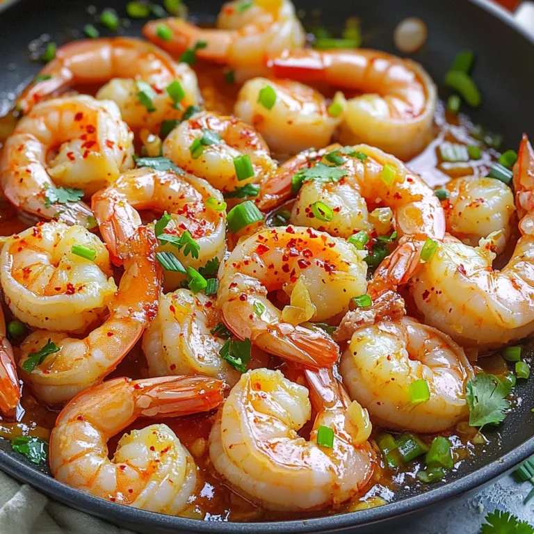 - 1 pound large shrimp, peeled and deveined - 4 cloves garlic, minced - Red chili flakes and seasoning - 2 tablespoons olive oil - 1 tablespoon lemon juice - 1 tablespoon soy sauce - Salt and pepper to taste - 2 green onions, sliced (for garnish) - Fresh cilantro (for garnish, optional) The main ingredients for this dish are simple yet flavorful. You need fresh shrimp, garlic, and red chili flakes. The shrimp should be large and peeled for the best taste and texture. Garlic adds a strong flavor, while chili flakes bring heat. Adjust the chili flakes based on your spice preference. For the additional ingredients, olive oil is key for cooking the shrimp. It adds richness and helps garlic cook without burning. Lemon juice gives brightness to the dish, while soy sauce adds umami. Don’t forget salt and pepper; they enhance all the flavors. Garnish with green onions and cilantro for a fresh touch. These ingredients make the meal colorful and appetizing. To start, pat the shrimp dry with paper towels. This step helps the shrimp cook well. If they are wet, they will steam instead of sear. Next, season the shrimp lightly with salt and pepper. This simple seasoning brings out the shrimp's natural taste. Freshness is key here. Always use fresh shrimp for the best flavor and texture. Now, heat a large skillet over medium-high heat. Add two tablespoons of olive oil to the skillet. Once the oil is hot, add the minced garlic. Sauté the garlic for about 30 seconds until it smells great but does not brown. Then, add the seasoned shrimp to the skillet. Cook the shrimp for 2-3 minutes on one side until they turn pink. Flip them over to finish cooking. Sprinkle one teaspoon of red chili flakes over the shrimp. This adds a nice kick. Next, pour in one tablespoon of lemon juice and one tablespoon of soy sauce. Stir gently to coat the shrimp evenly. Continue cooking for another 1-2 minutes. Check to see if the shrimp are fully cooked. They should be opaque and firm. Remove the skillet from heat and get ready to serve! To cook shrimp just right, start with fresh shrimp. Use large shrimp for the best bite. Pat the shrimp dry before cooking. This helps them sear well. Season with salt and pepper for added flavor. Heat your skillet to medium-high before adding oil. Olive oil works best for this dish. Cook shrimp for only 2-3 minutes on one side. They turn pink when ready. Flip them to cook the other side. If shrimp curl tightly, they are overcooked. Remove them from heat as soon as they look pink and firm. You can change the heat level by adjusting chili flakes. More flakes mean more spice! If you like milder shrimp, use less. You can also add fresh ginger for a new flavor. Fresh herbs add a nice touch too. Try basil or parsley instead of cilantro. For a tangy twist, add lime juice instead of lemon. You can also mix in some diced bell peppers. They add color and crunch. Get creative with your spices, and make this dish your own! {{image_2}} You can easily swap ingredients for different flavors. If shrimp isn't your favorite, try chicken or tofu. Both cook well and take on flavor nicely. Use the same cooking times to keep it simple. For sauces, switch out soy sauce for teriyaki or sweet chili. Each sauce adds a unique twist. Experiment with what you have at home. You don't have to stick to skillet cooking. Oven-baking is a great option for a hands-off meal. Preheat your oven to 400°F. Spread the shrimp on a baking sheet and bake for about 6-8 minutes. Check for that lovely pink color. Grilling shrimp is another fun method. It adds a smoky flavor that is hard to beat. Just make sure to skewer them first, so they don’t fall through the grill. Grill for about 2-3 minutes on each side. Both methods give you delicious shrimp with a little variety in your cooking routine. To keep your shrimp fresh, use a good storage container. I like a glass container with a tight lid. This helps to keep moisture in and air out. If you use plastic, ensure it’s BPA-free. Once cooled, place the shrimp in the container. Seal it well and store it in the fridge. You should eat the leftovers within 2 days for the best taste. For reheating, the skillet method works best. Heat a non-stick skillet over medium heat. Add a splash of olive oil to keep the shrimp moist. Place the shrimp in the pan for about 2-3 minutes. Stir gently to avoid overcooking. You want to heat them through, not cook them again. If you prefer the microwave, use a low setting. Heat for 30 seconds, check, and repeat if needed. Aim for a warm center, but not hot. Enjoy your shrimp as if they are fresh! Shrimp cooks quickly. It usually takes about 4 to 5 minutes in total. When shrimp turns pink and opaque, it is ready. Avoid cooking shrimp too long. Overcooked shrimp can become rubbery and tough. Yes, you can make this dish ahead of time. Cook the shrimp fully, then cool them down. Store them in an airtight container in the fridge. You can keep it for up to two days. When ready to eat, reheat on low heat. This keeps the shrimp tender and tasty. Many sides go great with garlic chili shrimp. Here are a few ideas: - Steamed rice: White or brown rice soaks up the sauce well. - Quinoa: A healthy option that adds protein. - Mixed veggies: Sautéed or steamed green veggies add color. - Salad: A simple green salad can balance the flavors. These sides will make your meal complete and delicious. This blog post covered how to make garlic chili shrimp in simple steps. We talked about key ingredients like shrimp, garlic, and spices. You learned how to prepare and cook shrimp perfectly without overcooking. We explored cooking methods and delicious variations to make it your own. In closing, you now have the tools to create a quick, flavorful meal. Enjoy experimenting with different flavors and sides. Your cooking will impress everyone at the table. Happy cooking!