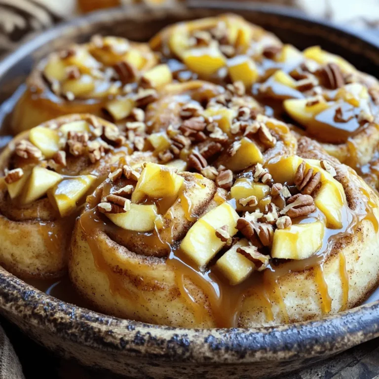 - 2 cans of refrigerated cinnamon rolls (12 rolls each) - 3 medium apples (like Granny Smith or Honeycrisp), peeled and diced - 1 cup caramel sauce (store-bought or homemade) - 1 teaspoon ground cinnamon - ½ cup chopped pecans (optional) - ¼ cup brown sugar - 2 tablespoons butter, melted - 1/4 teaspoon salt - 1/2 cup powdered sugar (for icing) - 1–2 tablespoons milk (for icing) This recipe starts with two cans of refrigerated cinnamon rolls. They save time and are easy to use. Next, I choose three medium apples. Granny Smith brings a tart taste, while Honeycrisp adds sweetness. Both work great. I love to use one cup of caramel sauce. You can buy it or make your own. The sauce adds a rich flavor. You will also need ground cinnamon, which gives warmth to the dish. Optional pecans add crunch and depth. If you choose to include them, chop them up. Brown sugar enhances the sweetness and balances the tart apples. Melted butter adds richness, while salt boosts all the flavors. Finally, for the icing, mix half a cup of powdered sugar with one to two tablespoons of milk. This will create a sweet drizzle to top your bake. Each ingredient plays a role in making this treat so delicious! 1. First, preheat your oven to 350°F (175°C). This helps the bake cook evenly. 2. Next, grease a 9x13-inch baking dish with non-stick spray or butter. This keeps the bake from sticking. 3. Now, prepare the apples. Peel and dice three medium apples. I love using Granny Smith or Honeycrisp for their balance of sweet and tart. 4. In a large bowl, mix the diced apples with one teaspoon of ground cinnamon, ¼ cup of brown sugar, and ½ cup of chopped pecans if you like. Toss well to coat the apples and set this mixture aside. 1. Open the two cans of refrigerated cinnamon rolls. Cut each roll into quarters. This makes them easy to layer. 2. Place the quartered cinnamon rolls evenly in the greased baking dish. Spread them out so they cook well. 3. Spoon one cup of caramel sauce over the cinnamon roll pieces. Make sure to cover them generously. 4. Next, add the apple mixture on top of the cinnamon rolls. Spread it out evenly for a balanced flavor. 5. Drizzle two tablespoons of melted butter over the apple and roll mixture. This adds richness and flavor. 1. Place the baking dish in your preheated oven. Bake for 25-30 minutes. 2. Keep an eye on it. The cinnamon rolls should puff up and turn golden brown. The edges should bubble with caramel. 3. To check for doneness, look for a fluffy texture and a golden color. The bake should be warm and inviting. When choosing apples, look for firm ones that are not bruised. Granny Smith offers a nice tartness. Honeycrisp adds a sweet crunch. You can mix both for great flavor. To avoid soggy cinnamon rolls, make sure you don’t overload with caramel. Pour just enough to coat the rolls. Also, bake until golden brown and fluffy. This keeps the rolls light and tasty. Serve this caramel apple cinnamon roll bake warm from the oven. It looks great in a simple baking dish. Add a sprinkle of pecans on top for a nice crunch. Pair it with vanilla ice cream. The cold ice cream melts slightly on the warm bake. This creates a creamy, delicious mix. You can also add a drizzle of extra caramel on top for a sweet finish. {{image_2}} If you want to change things up, you can switch ingredients. For nuts, pecans are great, but walnuts or almonds work too. They add a nice crunch. You can also skip nuts if you prefer. For toppings, try using chocolate chips or crushed graham crackers. They add a fun twist. If you want to change the fruit, pears or peaches can replace apples. The bake will taste different but still delicious. You can even use a mix of fruits for added flavor. If you need a gluten-free option, use gluten-free cinnamon rolls. These are easy to find at most stores. They work well in this recipe. Just check the packaging for other gluten-filled ingredients. For a vegan version, swap the butter for coconut oil or vegan butter. Use dairy-free milk in the icing too. You can also find vegan caramel sauce. With these swaps, everyone can enjoy this tasty treat! After enjoying your caramel apple cinnamon roll bake, store any leftovers properly. Place them in an airtight container. This keeps them fresh and moist. You can refrigerate the bake for up to three days. If you want to save it for longer, you can freeze it. Wrap the dish tightly in plastic wrap, then foil. It will keep well in the freezer for up to three months. To reheat your leftover bake, first, take it out of the fridge or freezer. If frozen, let it thaw in the fridge overnight. For best results, preheat your oven to 350°F (175°C). Place the bake in an oven-safe dish, cover it with foil, and heat for about 15-20 minutes. This keeps it moist and warms it evenly. If reheating from frozen, it may take a bit longer, around 30-40 minutes. Enjoy it warm for the best taste and texture! How to make caramel sauce at home? Making caramel sauce at home is simple. You need sugar, butter, and cream. Start by heating 1 cup of sugar in a saucepan. Stir it until it melts and turns golden brown. Then, add 6 tablespoons of butter and mix well. Finally, slowly pour in 1/2 cup of heavy cream. Stir until smooth. Let it cool before using. Can I use frozen cinnamon rolls instead? Yes, you can use frozen cinnamon rolls. Just thaw them first. Let them sit at room temperature for about 30 minutes. Once thawed, cut them into quarters and follow the recipe as usual. This will save you time and still taste great! What to do if the bake is too dry? If your bake turns out dry, try adding more caramel sauce. Drizzle it over the top after baking. You can also serve it with a scoop of ice cream. This adds moisture and flavor. How to fix overbaked cinnamon rolls? If the rolls are overbaked, you can soften them. Add a few drops of water to the baking dish. Cover it with foil and warm it in the oven for a few minutes. This should help bring back some moisture. This blog post covered a fun and tasty recipe using simple ingredients. We explored how to make a delicious baked dish with cinnamon rolls and apples, topped with caramel. I shared steps for prep, baking, and serving. You learned tips for perfecting your dish and even some tasty variations. In summary, this recipe is easy and sure to impress. Enjoy making it your own!