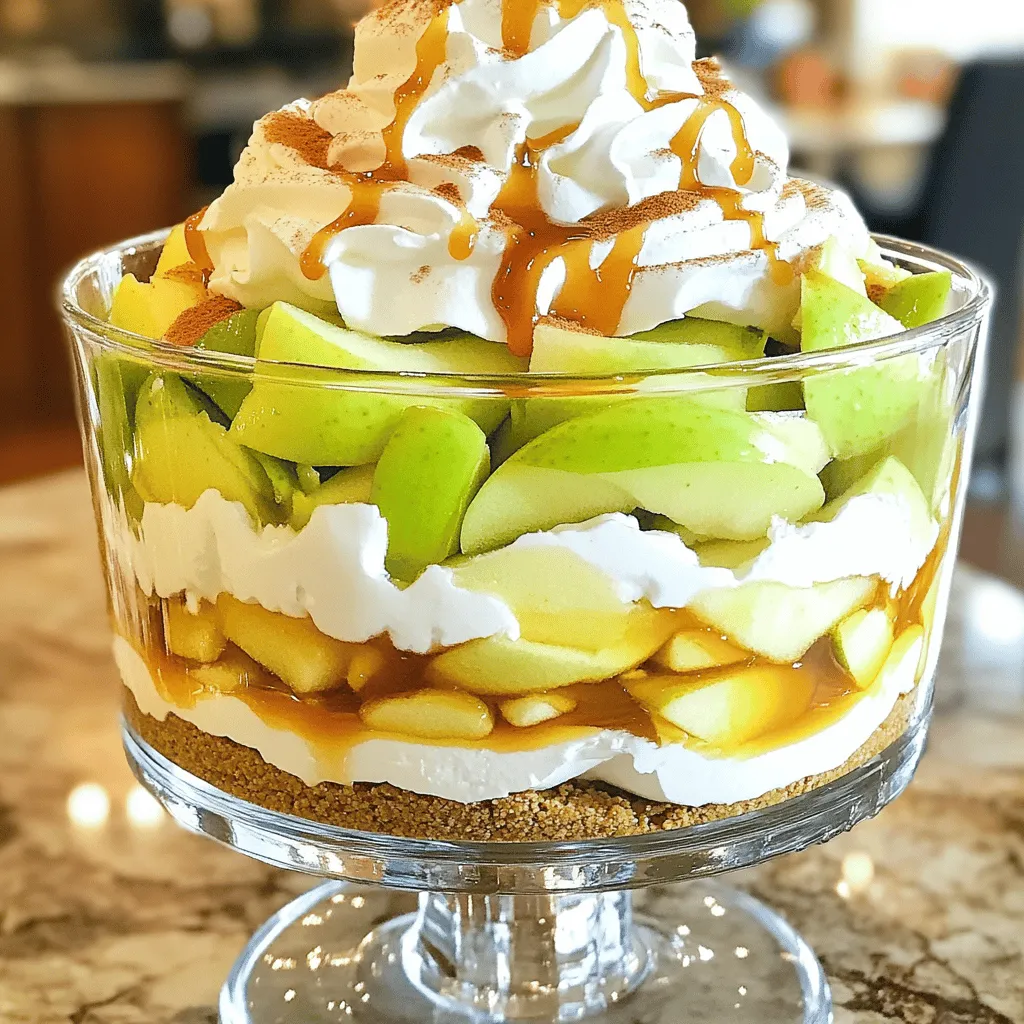 - 2 cups diced Granny Smith apples - 1 tablespoon lemon juice - 1 cup granulated sugar - 1 cup heavy cream - 8 oz cream cheese - 1 teaspoon vanilla extract - 1 teaspoon cinnamon - 2 cups graham cracker crumbs - 1/2 cup unsalted butter - 1 cup caramel sauce - Optional toppings For this Caramel Apple Cheesecake Trifle, you will need fresh Granny Smith apples. These apples add a nice tartness that balances the sweet flavors. The lemon juice helps keep the apples from browning and adds a bright taste. You also need granulated sugar to sweeten the apples and the cream cheese mix. Heavy cream is key for a light and fluffy texture. Cream cheese adds richness and creaminess to the dessert. Vanilla extract and cinnamon bring warm flavors to the mix. The graham cracker crumbs create a crunchy base, while melted butter helps hold everything together. Lastly, caramel sauce adds a sweet finish. You can use store-bought or homemade. Optional toppings like whipped cream and extra caramel give your trifle an extra touch of delight. Gather these ingredients, and you’re on your way to making this layered treat! To start, dice the apples into small pieces. I like using Granny Smith apples for their tartness. In a bowl, toss the diced apples with 1 tablespoon of lemon juice and 1/4 cup of granulated sugar. This helps to keep the apples fresh and adds a sweet touch. Let the mixture marinate for about 10-15 minutes. This will help the flavors blend well and soften the apples a bit. Next, grab a mixing bowl and add 8 oz of softened cream cheese. Beat in 3/4 cup of granulated sugar, 1 teaspoon of vanilla extract, and 1 teaspoon of cinnamon. Mix until the texture is smooth and creamy. This mixture is the heart of our cheesecake trifle. Its rich flavor balances the tart apples perfectly. Now, let’s whip the cream! In a separate bowl, pour in 1 cup of heavy cream. Using an electric mixer, whip it until soft peaks form. This should take about 2-3 minutes. Be careful not to over-whip, or it will become grainy. Gently fold the whipped cream into the cream cheese mixture. This step adds lightness and fluffiness to the dessert. For the crust, mix 2 cups of graham cracker crumbs with 1/2 cup of melted unsalted butter in a bowl. Stir until the crumbs are evenly coated in butter. This will create a delicious base layer for our trifle. The buttery flavor pairs nicely with the cheesecake. Now it’s time to assemble! In a large trifle dish or individual cups, start layering your ingredients. First, add a layer of the graham cracker crust. Next, spread a layer of the cream cheese mixture on top. After that, add a layer of the marinated apples. Drizzle some caramel sauce over the apples. Repeat these layers until you reach the top. Finish with a layer of cream cheese mixture. It is very important to chill the trifle. Cover it with plastic wrap and place it in the fridge for at least 3 hours. This chilling time allows the flavors to meld and the trifle to set properly. Just before serving, top it with whipped cream and a drizzle of caramel sauce. If you like, sprinkle some extra cinnamon on top for added flavor. Enjoy this delightful dessert! Using room temperature ingredients is key. When your cream cheese is soft, it blends better. It helps avoid lumps and creates a smooth texture. I always set my cream cheese out for about 30 minutes before mixing. This small step makes a big difference in the final product. Layering is vital for both looks and taste. Start with a layer of graham cracker crumbs. Then, add the cream cheese mix. Next, place the marinated apples on top. Repeat this until your dish is full. Make sure each layer is even. This keeps the flavors balanced and pleasing to the eye. Feel free to get creative with your trifle. You can add nuts for crunch. Chopped pecans or walnuts work well. You might also include spices like nutmeg for warmth. If you want to switch things up, try using a different fruit, like pears. This dish is easy to adapt to your taste! {{image_2}} You can mix up the fruit in this trifle. Try using ripe pears or fresh peaches in summer. In winter, consider warm spices like nutmeg with your favorite apples. This keeps your dessert fresh and fun. You can even try berries for a tangy kick. Each season offers new tastes to explore. If you need a gluten-free option, use gluten-free graham crackers. For a vegan take, swap cream cheese for a plant-based version. Use coconut cream instead of heavy cream. These swaps help everyone enjoy this trifle, no matter their diet. It’s easy to adapt, so you can share it with all your friends. You can serve this trifle in many ways. Use a big trifle dish for a stunning centerpiece. Or, try individual cups for a fun twist. Top each serving with whipped cream and extra caramel. For a pop of color, add a sprinkle of chopped nuts or a few apple slices. This makes each cup look special and inviting. To keep your trifle fresh, cover it tightly with plastic wrap. Place it in the fridge. This helps keep the flavors strong. Make sure the trifle is cool before wrapping. If using individual cups, wrap each one. This way, they stay fresh longer. Avoid leaving the trifle out at room temperature for too long. The trifle lasts about 3 to 4 days in the fridge. Over time, the layers may soften. If you want the best taste and texture, enjoy it within two days. After this time, the apples may lose their crunch. The cream may also start to separate. You can freeze the trifle, but it is not ideal. Freezing can change the texture of the cream and apples. If you choose to freeze it, layer the components separately. Freeze the cream cheese mix and apples in one container. Keep the graham cracker crumbs in another. When ready to eat, let them thaw in the fridge overnight. Then, layer and serve as fresh as possible. Yes, you can make this trifle ahead of time. I suggest preparing it a day before your event. This allows the flavors to blend nicely. Just remember to cover it tightly with plastic wrap before chilling. It will save you time and stress on the day you serve it. If you have dietary restrictions, you can use Greek yogurt or dairy-free cream cheese. Both options work well and keep the trifle creamy. Greek yogurt adds a nice tang. Dairy-free cream cheese gives a similar texture without dairy. To add more luxury to your trifle, try these ideas: - Use chocolate graham crackers for the crust. - Add crushed nuts like pecans or walnuts between layers. - Top with a rich chocolate ganache along with whipped cream. - Consider adding a layer of caramel popcorn for crunch. These tweaks will surely make your caramel apple cheesecake trifle even more delightful! This blog post showed you how to create a delicious apple trifle, step by step. You learned about the key ingredients, like Granny Smith apples and cream cheese, as well as tips for a perfect texture. We also discussed fun ways to customize and store your trifle. Now, you have all the tools to impress your friends and family. Enjoy experimenting with flavors and make this dessert your own. Happy cooking!