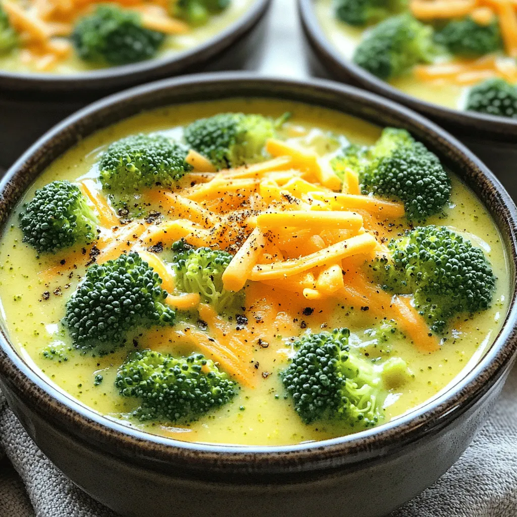- 4 cups fresh broccoli florets, chopped - 1 medium onion, diced - 2 cloves garlic, minced - 1 cup carrots, shredded - 1 cup celery, diced Fresh produce makes this soup bright and tasty. The broccoli adds green color and nutrients. Onions and garlic give it a strong base flavor. Carrots add sweetness, while celery brings crunch. Using fresh ingredients ensures your soup is full of flavor. - 4 cups vegetable broth - 1 teaspoon dried thyme - 1/2 teaspoon black pepper - 1/4 teaspoon cayenne pepper (optional) - Salt to taste - 1 tablespoon olive oil Pantry essentials are key for taste. Vegetable broth adds depth. Thyme brings an earthy aroma. Black pepper adds warmth, while cayenne gives a spicy kick. Salt enhances all the flavors. Olive oil helps blend everything smoothly. - 1 cup heavy cream - 2 cups sharp cheddar cheese, shredded Creamy components turn this soup into a delight. Heavy cream makes it rich and smooth. Sharp cheddar cheese adds a tangy flavor that you will love. Together, they create a comforting texture that makes this soup a favorite. - Add chopped vegetables to the slow cooker. - Pour in the vegetable broth and seasonings. First, gather your fresh ingredients. You’ll need 4 cups of broccoli florets, 1 diced onion, 2 minced garlic cloves, 1 cup of shredded carrots, and 1 cup of diced celery. This mix gives your soup great flavor and texture. Next, place the chopped vegetables in the slow cooker. Make sure they are evenly spread out. Now, pour in 4 cups of vegetable broth. This broth will be the soup's base. To add flavor, sprinkle in 1 teaspoon of dried thyme and 1/2 teaspoon of black pepper. If you like a bit of heat, add 1/4 teaspoon of cayenne pepper. Finish by drizzling 1 tablespoon of olive oil over the mix. Stir everything to combine. - Cover and set slow cooker (low for 4-5 hours or high for 2-3 hours). - Check vegetable tenderness before blending. Now it’s time to cook. Cover your slow cooker and set it to low for 4-5 hours or high for 2-3 hours. The longer you cook, the softer the veggies will get. After a few hours, check if the vegetables are tender. They should easily break apart when pressed with a fork. - Puree the soup to desired consistency. - Stir in cream and cheddar; heat through. Once the veggies are soft, use an immersion blender to puree the soup. Blend until you reach your favorite texture. If you like some chunks, don’t blend it too much. After blending, stir in 1 cup of heavy cream. This adds rich creaminess to the soup. Gradually mix in 2 cups of shredded sharp cheddar cheese. Keep stirring until the cheese melts and combines well. Let the soup heat for another 10-15 minutes on low. Stir occasionally to keep it smooth and warm. Now, your slow cooker broccoli cheddar soup is ready to serve! To make your soup taste just right, adjust the seasoning. Start with salt and black pepper. Add small amounts and taste as you go. You want it to be savory, but not too salty. If you like heat, try adding cayenne pepper. Just a little can give your soup a nice kick. Start with a pinch, then add more if you want. This spice can really change the dish. For a rich soup, you can keep some chunks. This adds texture and makes it feel hearty. Blend the soup until smooth, but leave a few bits of broccoli for a nice bite. You can use an immersion blender or a traditional blender. An immersion blender is easy. You can blend right in the slow cooker. A traditional blender works too, but you must transfer the soup in batches. Choose what you prefer! Presentation is key to a stunning dish. Serve your soup in warm bowls. This keeps it hot and inviting. Top with extra shredded cheddar cheese. A sprinkle of fresh cracked black pepper adds flavor and looks nice. For an added touch, add a dollop of sour cream. A few broccoli florets on top make it pretty. These small details make your soup feel special! {{image_2}} You can switch up the cheese in this soup easily. Instead of sharp cheddar, try gouda or Monterey Jack. Each cheese brings its own flavor and creaminess. If you prefer a vegan option, look for plant-based cheeses. Many brands offer great vegan cheddar. Just check the label for meltability. Want to add more to your soup? You can throw in cooked chicken or beans for extra protein. This makes the dish heartier. You can also mix in other veggies like spinach or cauliflower. Adding these gives your soup a nutrition boost and great taste. If you need a gluten-free soup, use gluten-free broth. Most vegetable broths fit this need. For a low-fat version, swap heavy cream with almond milk or low-fat milk. This keeps the soup creamy without all the fat. Adjust the cheese amount to keep the flavor strong. To keep your Slow Cooker Broccoli Cheddar Soup fresh, refrigeration is key. After serving, let it cool down. Place it in an airtight container and store it in the fridge. Enjoy it within 3 to 4 days for the best flavor. If you want to save some for later, freezing is a great option. Pour the cooled soup into freezer-safe containers. Leave some space at the top for expansion. It can last up to 3 months in the freezer. When you're ready to eat, just thaw it overnight in the fridge. When reheating, using the stove is best. Pour the soup into a pot and heat it on low. Stir it often to keep it smooth and creamy. If you choose the microwave, use a microwave-safe bowl. Heat in short bursts, stirring in between. This method helps avoid separation of ingredients. Always check the temperature before serving. The soup should be hot throughout, but not boiling. If it looks a bit thick, add a splash of broth or cream to loosen it. In the fridge, your soup stays good for 3 to 4 days. If you freeze it, the shelf life extends to about 3 months. Just remember, the longer it sits, the more the flavors may change. Always trust your senses—if it smells off or looks strange, it's best to toss it. Cooking in a slow cooker is simple. If you choose low heat, it takes about 4 to 5 hours. On high heat, the soup cooks in 2 to 3 hours. I find low heat gives the best flavor as the veggies blend well over time. Always check if the vegetables are tender before blending. Yes, you can make this soup ahead of time. Just prepare it and let it cool first. Store it in an airtight container in the fridge for up to three days. To reheat, warm it on the stove or in the microwave. This soup tastes great even after a day or two. You can use frozen broccoli if you want. Just keep in mind that frozen veggies cook faster. Reduce the cooking time by about an hour. Also, add them in the last hour of cooking. This way, they stay bright and tasty. In this post, we explored how to make a creamy Slow Cooker Broccoli Cheddar Soup. We discussed vital ingredients such as fresh veggies, seasonings, and creamy elements like heavy cream and cheddar cheese. You learned step-by-step instructions for cooking and blending, plus tips for flavor and texture. Variations allow for personal touches, and storage tips help keep leftovers fresh. Enjoy your homemade soup knowing you can customize it to fit your taste!