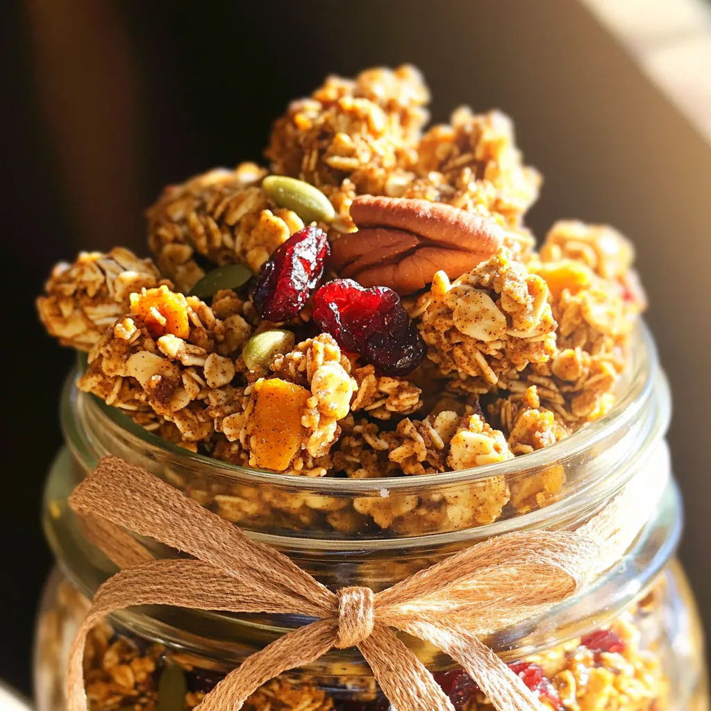 When making Pumpkin Spice Granola Clusters, you need simple, wholesome ingredients. Here’s what you will need: - 2 cups rolled oats - 1 cup pumpkin seeds - 1 cup pecans, chopped - 1/2 cup honey or maple syrup - 1/2 cup coconut oil, melted - 1 cup pumpkin puree - 1 teaspoon vanilla extract - 1 teaspoon ground cinnamon - 1/2 teaspoon ground nutmeg - 1/4 teaspoon ground ginger - 1/4 teaspoon salt - 1 cup dried cranberries or raisins (optional) These ingredients blend together to create a tasty and healthy snack. The rolled oats serve as a great base. They provide fiber and energy for your day. Pumpkin seeds add a crunch and boost your minerals. Chopped pecans give a nutty flavor that enhances each bite. You can choose honey or maple syrup for sweetness. Both options work well. Coconut oil adds healthy fats and keeps the granola clusters together. Pumpkin puree gives moisture and a rich pumpkin flavor. The vanilla extract brightens up your mix. The spices—cinnamon, nutmeg, and ginger—bring warmth and comfort. They make this snack perfect for fall. Salt balances the sweetness and enhances all the flavors. If you want a fruity twist, add dried cranberries or raisins. They add a chewy texture that contrasts nicely with the crunchy clusters. Gathering these ingredients prepares you for a delightful cooking experience. Each one plays a role in making your granola clusters both tasty and healthy. 1. First, preheat your oven to 325°F (165°C). This helps the granola cook evenly. Line a baking sheet with parchment paper. This makes cleanup easy and prevents sticking. 2. In a large mixing bowl, add 2 cups of rolled oats, 1 cup of pumpkin seeds, and 1 cup of chopped pecans. Stir these dry ingredients well. This mix gives texture and flavor to your granola. 3. In another bowl, whisk together 1/2 cup of honey or maple syrup, 1/2 cup of melted coconut oil, and 1 cup of pumpkin puree. Add 1 teaspoon of vanilla extract, 1 teaspoon of ground cinnamon, 1/2 teaspoon of ground nutmeg, 1/4 teaspoon of ground ginger, and 1/4 teaspoon of salt. Mix until everything is smooth and combined. This wet mix brings all the flavors together. 4. Pour the wet mixture into the bowl with the dry ingredients. Stir until the oats and seeds are evenly coated. This step is key for good flavor in every bite. 5. Spread the mixture evenly on the prepared baking sheet. Press down firmly to form clusters. Clusters make your snack fun to eat. 6. Place the baking sheet in the preheated oven. Bake for 20-25 minutes. The granola should turn golden brown and smell great. Stir the granola halfway through to ensure even cooking. 7. After baking, remove the sheet from the oven. Let it cool completely on the baking sheet. As it cools, it will harden into nice clusters. 8. Once cool, break the granola into clusters. If you want, mix in 1 cup of dried cranberries or raisins for extra sweetness. 9. Store your granola in an airtight container at room temperature. It stays fresh for up to two weeks. Enjoy this healthy snack anytime! To get that right crunchiness, bake your granola until golden brown. This usually takes about 20-25 minutes. Stir the mixture halfway through for even cooking. To avoid burning, keep an eye on it near the end. Ovens can heat unevenly, so check often. If you want to tweak the spice level, add more cinnamon or nutmeg. You can mix in a bit of allspice for a twist. As for sweeteners, honey and maple syrup work best. They add rich flavors and stickiness that help form clusters. For a fun serving idea, layer granola clusters in clear jars with yogurt and fresh fruit. It looks great and tastes even better! If you want to gift it, pack it in mason jars. Tie a ribbon around the jar for a nice touch. {{image_2}} You can make pumpkin spice granola clusters nut-free easily. Instead of pecans, use seeds. - Sunflower seeds are a great choice. - Use hemp seeds for a protein boost. - Flaxseeds add healthy fats and fiber. These substitutes keep the clusters crunchy and tasty. Adjust the sweetness of your granola clusters to suit your taste. - If you prefer less sweetness, cut the honey or syrup by half. - Try using agave syrup; it has a milder taste. - Coconut sugar is another good option for a unique flavor. Experimenting with sweeteners can lead to fun results. Add your favorite flavors to create a unique twist. - Mix in nutmeg or allspice for extra warmth. - Add cocoa powder for a chocolatey touch. - Dried fruits like apricots or figs provide natural sweetness. These variations keep your granola exciting and delicious. To keep your pumpkin spice granola clusters fresh, use airtight containers. Glass jars or plastic containers work well. Make sure they seal tightly. Store the containers in a cool, dark place. This keeps the granola crunchy and tasty. Pumpkin spice granola clusters last for up to two weeks. Check for signs of spoilage. If you see mold or an off smell, toss the granola. Fresh granola should smell sweet and smell like spices. Yes, you can freeze granola! To freeze, place clusters in a freezer-safe bag. Remove as much air as you can before sealing. When ready to eat, thaw in the fridge overnight. This keeps the texture intact. Enjoy your tasty snack anytime! You can serve pumpkin spice granola clusters in many fun ways. I love putting them in clear jars. It makes a beautiful gift. You can also enjoy them with yogurt and fresh fruits. This makes a tasty breakfast or snack. Yes, you can swap pumpkin seeds with sunflower seeds or chia seeds. These options still add crunch and flavor. Feel free to mix it up based on your taste. To make this recipe vegan, use maple syrup instead of honey. Coconut oil is already vegan. All the spices and pumpkin puree are vegan too. It's an easy switch to fit your diet. Pumpkin spice granola offers many health benefits. The oats provide fiber, keeping you full longer. Pumpkin seeds add protein and healthy fats. Spices like cinnamon may help with blood sugar control. It's a tasty way to snack smart. You can replace coconut oil with olive oil or a nut butter. Both options will still bind the granola well. Just remember, each oil will change the flavor a bit. Experiment to find your favorite! You now know how to make delicious pumpkin spice granola clusters. We covered the key ingredients and detailed preparation steps. I shared tips for achieving the right texture and flavor. You learned about nut-free options and how to store your clusters for maximum freshness. Remember, you can customize this recipe to fit your tastes. Enjoy experimenting with flavors and sharing your tasty treats!