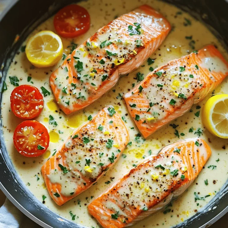 To make this dish, gather the following items: - 4 salmon fillets - 2 tablespoons olive oil - 4 tablespoons unsalted butter - 4 cloves garlic, minced - 1 cup heavy cream - 1/2 cup chicken broth (or vegetable broth) - 1 teaspoon Dijon mustard - 1 teaspoon lemon juice - Salt and pepper to taste - 1/4 cup freshly chopped parsley - 1 cup cherry tomatoes, halved - 1 teaspoon lemon zest These ingredients mix together to create a lovely meal. Each element adds a unique flavor to your dish. You can adjust the recipe to fit your taste. Here are some options: - Add capers for a briny touch. - Use spinach for extra greens. - Swap in fresh herbs like dill or basil. - Try different vegetables, like zucchini or asparagus. These extras can make your dish more exciting and colorful. If you need alternatives, here are some ideas: - Use coconut cream instead of heavy cream for a dairy-free option. - Swap chicken broth for vegetable broth to make it vegetarian. - Use garlic powder if you don't have fresh garlic. - Replace Dijon mustard with whole grain mustard for more texture. These swaps ensure you keep the dish tasty, even with changes. Start by heating 2 tablespoons of olive oil in a large skillet over medium-high heat. While the oil heats, season 4 salmon fillets with salt and pepper on both sides. When the oil is hot, carefully place the salmon in the skillet, skin-side down. Cook for about 4 to 5 minutes until the skin is crispy. Then, flip the fillets and cook for another 3 to 4 minutes. Once done, remove the salmon from the skillet and set it aside on a plate. In the same skillet, reduce the heat to medium. Add 4 tablespoons of unsalted butter and let it melt. Once melted, add 4 minced garlic cloves and sauté for about 1 minute until the garlic is fragrant. Next, stir in 1 cup of heavy cream, 1/2 cup of chicken broth (or vegetable broth), 1 teaspoon of Dijon mustard, and 1 teaspoon of lemon juice. Allow this mixture to simmer for about 2 to 3 minutes until it thickens slightly. Now, add 1 cup of halved cherry tomatoes and 1 teaspoon of lemon zest into the sauce. Stir gently to combine and let it cook for an additional 2 minutes. Return the cooked salmon fillets to the skillet. Spoon the creamy garlic sauce over each fillet. Let it simmer for another 2 to 3 minutes so the salmon warms up and absorbs the sauce's flavors. Finally, remove the skillet from heat and stir in 1/4 cup of freshly chopped parsley. For a nice presentation, serve the salmon with the creamy garlic sauce drizzled on top. You can also pair it with steamed vegetables or fluffy rice to complete your meal. Enjoy your delicious creation! To make your salmon crispy, start with a hot skillet. Heat the olive oil until it's shimmering. Then, place the salmon skin-side down. This helps the skin turn crispy and golden. Cook it for 4 to 5 minutes without moving it. This allows a nice crust to form. Next, flip the salmon and cook for another 3 to 4 minutes. This will keep the inside moist and soft. You can add fun twists to this dish. Try using fresh herbs like dill or thyme for extra flavor. A pinch of red pepper flakes brings a nice heat. For a zesty kick, add capers or olives to the creamy sauce. If you like a smoky taste, add smoked paprika. You can also swap in veggies. Spinach or asparagus work great with salmon. Presentation is key to a great meal. When serving, drizzle the creamy sauce over each salmon fillet. Sprinkle more fresh parsley on top for color. Place the cherry tomatoes around for a vibrant look. Serve with a side of fresh steamed veggies or fluffy rice. This adds color and makes the plate pop. Remember, we eat with our eyes first! {{image_2}} You can change the cream sauce to fit your taste. Instead of heavy cream, try using half-and-half for a lighter sauce. You can also swap in coconut milk for a dairy-free option. If you want a tangy twist, add some cream cheese or sour cream. For a spicy kick, mix in a dash of red pepper flakes. While I love making this dish in a skillet, you can also bake the salmon. Preheat your oven to 400°F. Place the salmon in a baking dish with the sauce poured on top. Bake for about 15-20 minutes. You can also grill the salmon. Brush the fillets with olive oil and grill for 4-5 minutes per side. The smoky flavor adds a nice touch. Seasonal veggies can brighten up this dish. In spring, add asparagus or peas for a fresh taste. In summer, mix in zucchini or bell peppers. In the fall, try butternut squash or kale. In winter, roasted Brussels sprouts work well. These additions not only enhance flavor but also make the dish colorful and fun. You can store leftover salmon in an airtight container. Make sure to let it cool first. Place it in the fridge if you plan to eat it within two days. If you won’t eat it soon, freeze it. This way, you keep the flavors fresh. To reheat, take the salmon out of the fridge. Warm it in a skillet over low heat. Add a splash of broth or cream to keep it moist. You can also microwave it for about a minute. Just be careful not to overheat, or it can dry out. If you freeze the salmon, wrap each piece tightly in plastic wrap. Then place them in a freezer bag. Label the bag with the date. The salmon can last up to three months in the freezer. When you're ready to eat, thaw it in the fridge overnight before reheating. Yes, you can use frozen salmon. Just be sure to thaw it first. I recommend doing this overnight in the fridge. If you're in a hurry, you can thaw it in cold water for about an hour. After thawing, make sure to pat the salmon dry. This helps achieve a nice sear when cooking. You can serve creamy garlic butter salmon with several tasty sides. Here are some great options: - Steamed vegetables like broccoli or asparagus - Fluffy rice or quinoa - Mashed potatoes for a comforting touch - A fresh garden salad to add crunch Each of these sides pairs well with the rich sauce and salmon flavor. To check if salmon is cooked, look for a few signs. First, the flesh should be opaque and flake easily with a fork. You can also use a meat thermometer. The internal temperature should reach 145°F (63°C). If you see a light pink color in the middle, it may need a little more time. Cook it longer, but be careful not to overcook. Enjoy your perfectly cooked salmon! This blog post covered key ingredients, step-by-step instructions, and helpful tips for making creamy garlic butter salmon. You learned how to prepare salmon, make the sauce, and serve it nicely. We explored ingredient swaps and variations to keep things fresh. Plus, I shared storage tips for leftovers and answered common questions. Remember, cooking should be fun and creative. You can try your own twists and make this dish your own. Enjoy every bite!