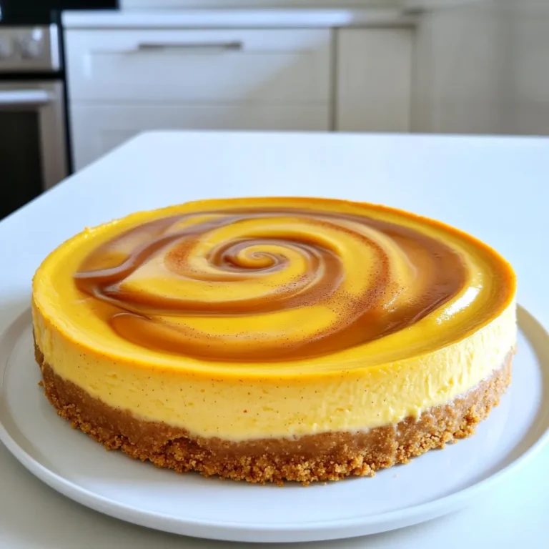 To make this tasty Pumpkin Cheesecake Caramel Swirl, you will need: - 1 ½ cups graham cracker crumbs - ½ cup unsalted butter, melted - 2 tablespoons sugar - 16 oz cream cheese, softened - 1 cup canned pumpkin puree - 1 cup sugar - 3 large eggs - 1 teaspoon vanilla extract - 1 teaspoon ground cinnamon - ½ teaspoon ground nutmeg - ½ teaspoon ground ginger - 1 cup caramel sauce (store-bought or homemade) Let’s talk about some special ingredients. The cream cheese is key. It gives the cheesecake its rich and creamy texture. Use high-quality cream cheese for the best results. The pumpkin puree adds flavor and moisture. Canned pumpkin is easy and consistent. For spices, the cinnamon, nutmeg, and ginger bring warmth and depth. They make the dessert taste like fall. You might not have all the ingredients. No problem! Here are some easy swaps: - Instead of graham cracker crumbs, use crushed cookies or nuts for the crust. - If you prefer a dairy-free option, try vegan cream cheese. - Maple syrup can replace some sugar for a different flavor. - If you don’t have caramel sauce, chocolate sauce is a fun alternative. Feel free to mix and match. Cooking is all about creativity! To start, preheat your oven to 325°F (160°C). This step is key for a perfect bake. Next, take a medium bowl and mix together: - 1 ½ cups graham cracker crumbs - ½ cup unsalted butter, melted - 2 tablespoons sugar Stir until everything blends well. You want a crumbly texture that sticks together. Now, press this mixture firmly into the bottom of a 9-inch springform pan. Make sure it's even. Bake the crust for 10 minutes, then remove it from the oven. Let it cool while you make the filling. In a large mixing bowl, beat 16 oz of softened cream cheese on medium speed. Mix until it’s smooth and creamy. Then, add 1 cup of canned pumpkin puree. Blend this well until combined. Gradually add 1 cup of sugar, mixing well after each addition. Next, add 3 large eggs, one at a time. Mix on low speed. After all the eggs are in, add: - 1 teaspoon vanilla extract - 1 teaspoon ground cinnamon - ½ teaspoon ground nutmeg - ½ teaspoon ground ginger Blend until everything is smooth. Now it's time to pour the cheesecake mixture over your cooled crust. Drizzle about half of the 1 cup of caramel sauce on top. Use a knife or skewer to swirl the caramel into the batter gently. Bake in your preheated oven for about 60 minutes. The center should be set but still slightly jiggly. After baking, turn off the oven but leave the cheesecake inside for one more hour. This helps it cool gradually. Once an hour passes, take the cheesecake out and let it cool completely at room temperature. After it cools, refrigerate it for at least 4 hours or overnight. Before serving, drizzle the remaining caramel sauce on top. You can also add whipped cream and a sprinkle of cinnamon for extra flair. To get the swirl just right, drizzle your caramel sauce in a zigzag pattern over the cheesecake batter. Use a knife or skewer to gently swirl it in. Start from the center and move outward. Be careful not to overdo it. You want visible swirls, not mixed batter. A smooth and creamy texture is key. Beat the cream cheese until creamy with no lumps. Add the pumpkin puree next, mixing until smooth. When you add eggs, mix on low speed to keep air bubbles out. This helps the cheesecake stay firm and creamy. For a lovely presentation, slice the cheesecake neatly. Drizzle extra caramel sauce over each slice. A dollop of whipped cream adds a nice touch. You can also sprinkle cinnamon on top for extra flavor. Serve with a cup of coffee or tea for a perfect treat. {{image_2}} You can make this dessert healthier with a few swaps. Use Greek yogurt instead of cream cheese. It adds creaminess and cuts fat. For the crust, try oats or almond flour instead of graham crackers. You can also replace sugar with honey or maple syrup. Consider using a sugar-free caramel sauce for less sugar. Want to boost the flavor? Add a pinch of sea salt to the caramel sauce. It brings out the sweetness. You can also mix in chocolate chips for a tasty twist. For extra spice, add a bit of cardamom or allspice. You can even switch pumpkin for sweet potato for a different taste. Serving this dessert can be fun! Slice it into squares for a casual look. Use mini glasses for individual servings that are perfect for parties. Top each one with whipped cream and a drizzle of caramel. You can even layer it with crushed cookies for added crunch. After making your Pumpkin Cheesecake Caramel Swirl, let it cool completely. Cover the cheesecake tightly with plastic wrap or aluminum foil. This keeps it fresh and prevents it from absorbing odors. Store it in the fridge for the best taste and texture. I suggest placing it on a plate to avoid any spills. If you want to save some for later, freezing works well! Slice the cheesecake into pieces. Wrap each piece in plastic wrap, then place them in a freezer-safe bag. This helps keep the flavor locked in. You can freeze it for up to three months. When you’re ready to enjoy it, let it thaw in the fridge overnight. This cheesecake will last about five days in the fridge. To keep it fresh, only cut what you plan to eat. Cover any exposed parts to prevent drying out. If you see any signs of spoilage, such as off smells or changes in texture, it’s best to discard it. Enjoy your creamy dessert delight while it’s still fresh! Yes, you can use fresh pumpkin. Just cook and mash it well. Make sure to remove all the water. Fresh pumpkin has a nice flavor. It can add a richer taste to your cheesecake. The cheesecake is done when the center is set but slightly jiggly. It will firm up as it cools. You can also check with a toothpick. If it comes out clean, your cheesecake is ready. Serve your cheesecake with whipped cream for extra creaminess. You can also add more caramel sauce on top. Fresh pecans or walnuts make a nice crunch, too. A sprinkle of cinnamon enhances the flavor. Enjoy with a cup of coffee or tea! In this guide, we explored everything about making a perfect pumpkin cheesecake with caramel swirl. We covered the key ingredients, step-by-step instructions, and how to get that perfect texture. We also shared tips to make your cheesecake shine and different ways to serve it. Lastly, we discussed how to store your creation properly. Remember, practice makes perfect, and your skills will grow. Enjoy your cheesecake adventure and impress everyone with your delicious results!
