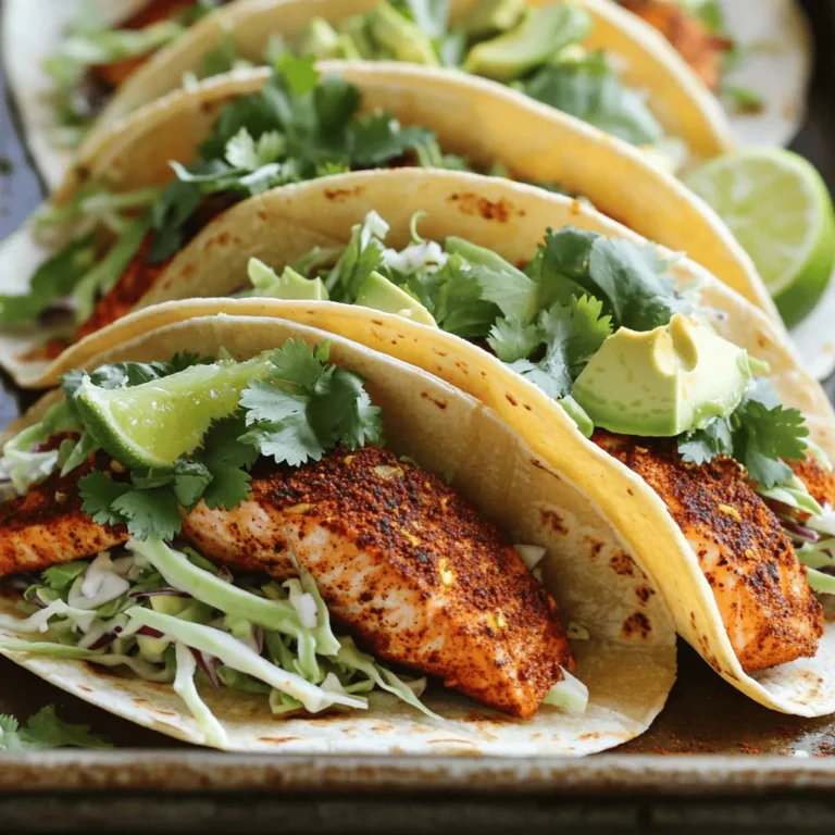 To create sheet-pan blackened salmon tacos, gather these fresh items: - 2 salmon fillets (6-8 oz each) - 1 tablespoon smoked paprika - 1 teaspoon garlic powder - 1 teaspoon onion powder - 1 teaspoon cumin - 1 teaspoon cayenne pepper (adjust for spice level) - Salt and black pepper to taste - 2 tablespoons olive oil - 8 small corn tortillas - 1 cup shredded cabbage (red or green) - 1 avocado, sliced - 1/4 cup fresh cilantro, chopped - 1 lime, cut into wedges - Optional: Crumbled feta cheese or a dollop of sour cream Fresh ingredients make a big difference in taste. Using fresh salmon ensures a flaky, tender texture. Fresh herbs, like cilantro, bring bright flavors. Fresh lime juice adds a zesty kick. The taste of your tacos improves with fresh, colorful veggies. Cabbage adds crunch, while ripe avocados give creaminess. Always choose the best ingredients for great meals. You can customize your tacos based on what you have. If you can’t find salmon, use chicken or shrimp. For spice lovers, add more cayenne pepper. Prefer a milder taste? Skip the cayenne altogether. You can swap corn tortillas for flour ones if you like. Add crumbled feta or sour cream for creaminess. Adding pickled onions or jalapeños can also boost flavor. Feel free to mix and match! Start by preheating your oven to 425°F (220°C). This ensures your salmon cooks evenly. Line a large baking sheet with parchment paper. This makes for easy clean-up and keeps the salmon from sticking. In a small bowl, mix together the smoked paprika, garlic powder, onion powder, cumin, cayenne pepper, salt, and black pepper. This spice rub gives your salmon that bold blackened flavor. Pat the salmon fillets dry with paper towels. This helps the rub stick better. Brush both sides of the salmon with olive oil. Now, sprinkle the spice mix generously over the fillets. Make sure every bit of salmon is covered. Place the seasoned salmon on your prepared baking sheet. Bake in the oven for about 12-15 minutes. You’ll know the salmon is done when it flakes easily with a fork and looks opaque. Once it's cooked, take it out and let it rest for a few minutes. This helps keep the juices inside. After resting, break the salmon into bite-sized pieces using a fork. While the salmon bakes, warm your corn tortillas. Heat them in a dry skillet over medium heat for about 30 seconds on each side. This makes them soft and pliable. Keep the tortillas warm in a clean kitchen towel until you’re ready to serve. Now it’s time to put everything together. Lay down a good amount of shredded cabbage on each tortilla. Then, add the blackened salmon pieces on top. Don’t forget to add sliced avocado and chopped cilantro for extra flavor. Squeeze fresh lime juice over everything. If you like, add crumbled feta cheese or a dollop of sour cream. Serve your tacos right away with extra lime wedges on the side. Enjoy! To make the best blackened seasoning, use fresh spices. Dried spices lose their flavor over time. A mix of smoked paprika, garlic powder, onion powder, cumin, and cayenne pepper works wonders. Adjust the cayenne to match your spice level. This seasoning gives your salmon a bold, smoky taste. When applying the rub, be generous. Make sure every bit of salmon is covered. This creates a flavorful crust that seals in moisture. Warming tortillas is key for soft, tasty tacos. Use a dry skillet over medium heat. Place the tortillas in the skillet for about 30 seconds on each side. This step makes them pliable and enhances their flavor. If you have a tortilla warmer, use it to keep them warm. Wrap them in a clean kitchen towel if you don’t have one. This keeps them hot until you’re ready to fill them. These tacos shine with fresh toppings. Shredded cabbage adds crunch and color. Sliced avocado brings creaminess, while cilantro offers a fresh bite. A squeeze of lime juice brightens the flavors. You can also add feta cheese or a dollop of sour cream for richness. Serve the tacos with extra lime wedges on the side. These small touches elevate your dish and make it even more enjoyable. Consider pairing with a light salad or chips for a complete meal. {{image_2}} You can switch the salmon for other proteins. Chicken works great here. Simply use boneless chicken thighs or breasts. Shrimp is another tasty option. Cook them in the same spice rub for a quick meal. If you prefer white fish, try cod or tilapia. These fish also soak up flavors well. For a vegetarian twist, use grilled veggies. Bell peppers and zucchini add color and taste. You can also try black beans for protein. If you're going vegan, use tofu. Press it to remove extra moisture, then coat it with the spice rub. Bake until golden. These options make your tacos hearty and healthy. Tacos can vary in style. Try lettuce wraps for a low-carb option. This swap gives a fresh crunch. For toppings, think outside the box. Add mango salsa for a sweet bite. Roasted corn adds a nice texture. You can also use pickled red onions for tanginess. Each topping brings new flavors to your meal. After enjoying your Sheet-Pan Blackened Salmon Tacos, you might have some salmon left. To store it, let the salmon cool down first. Then, place it in an airtight container. It will stay fresh in the fridge for up to three days. You can also freeze the salmon. Just wrap it tightly in plastic wrap and then place it in a freezer bag. Frozen salmon can last for about three months. When you’re ready to enjoy the leftover tacos, you can reheat them easily. If you have whole tacos, unwrap them. Heat a skillet over medium heat. Place the tacos in the skillet for about 1-2 minutes on each side. For the salmon, you can microwave it for about 30 seconds. Just be careful not to overcook it. You want it warm, not dry. Meal prep helps save time during busy weeks. You can prepare the salmon ahead of time. Bake it, then let it cool and store it in the fridge. You can also chop your veggies and keep them in separate containers. When you're ready to eat, simply warm the salmon and tortillas. Assemble your tacos quickly for a fresh meal. This method keeps flavors vibrant and saves you from cooking every day. Yes, you can use frozen salmon. Just remember to thaw it first. Place the salmon in the fridge overnight or run it under cold water. After thawing, dry the salmon with paper towels. Then, follow the same steps to season and bake it. If you don't have corn tortillas, you can use flour tortillas. Lettuce wraps also work well for a low-carb option. You can even try pita bread or whole grain tortillas. Each option adds a new taste to your tacos. The spice level in these tacos can vary. The cayenne pepper adds heat. If you want less spice, reduce the amount of cayenne. You can also add toppings like sour cream or avocado to cool it down. Enjoy the flavors at your own heat level! This blog covered essential ingredients and their importance. Fresh ingredients boost flavor and nutrition. I shared step-by-step instructions for making tasty blackened salmon tacos. You learned tips for seasoning and warming tortillas. I also discussed variations for different diets and preferences. Remember, cooking is fun and creative. Don’t hesitate to experiment. Enjoy your meals and share them with friends!