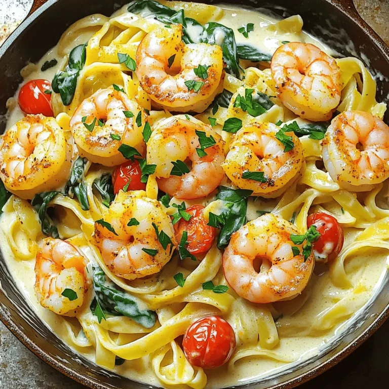 - 1 lb large shrimp, peeled and deveined - 8 oz fettuccine pasta - 2 tablespoons Cajun seasoning - 2 tablespoons olive oil - 3 cloves garlic, minced - 1 cup heavy cream - 1 cup grated Parmesan cheese - 1 cup cherry tomatoes, halved - 2 cups baby spinach - Salt and pepper to taste - Fresh parsley, chopped (for garnish) In this dish, the shrimp shines bright. You want to use large shrimp for the best bite. They soak up all the Cajun spices. The fettuccine pasta is a perfect match. It holds the creamy sauce well. Cajun seasoning gives this dish a bold kick. You control the spice level. If you prefer milder flavors, use less seasoning. Olive oil adds richness when cooking the shrimp. Garlic brings a nice aroma to the meal. The heavy cream is key for a rich sauce. It makes everything smooth and creamy. Then, we add Parmesan cheese for a cheesy finish. Tomatoes add a burst of freshness. Spinach gives a pop of color and nutrients. Always taste for salt and pepper. They balance the flavors. Finally, fresh parsley brightens the dish. It adds a lovely touch when serving. Enjoy creating this easy yet flavorful meal! - Bring salted water to a boil. - Cook fettuccine according to package instructions. This usually takes about 10 minutes. Make sure it is al dente. Reserve about 1 cup of pasta water before draining. - Toss shrimp with Cajun seasoning in a bowl. Make sure each piece is well-coated. - Sauté shrimp in olive oil over medium heat. Cook for 2-3 minutes on each side until they turn pink and opaque. Remove shrimp from the skillet and set aside. - In the same skillet, add minced garlic and sauté for about 30 seconds. The garlic should become fragrant but not brown. - Pour in heavy cream and bring to a gentle simmer. Stir in grated Parmesan cheese until melted. This will create a smooth and creamy sauce. - Add the cooked fettuccine, halved cherry tomatoes, and baby spinach to the skillet. Toss gently to combine. - Incorporate reserved pasta water a little at a time until the sauce reaches your desired thickness. Season with salt and pepper to taste. - Return the cooked shrimp to the skillet and toss everything together. Heat for an additional 2-3 minutes until warmed through. - Plate the Cajun shrimp Alfredo in bowls. Garnish with fresh chopped parsley for a touch of color and flavor. Enjoy your meal! Choosing the right shrimp When picking shrimp, look for large, fresh shrimp. Fresh shrimp should smell like the sea, not fishy. Frozen shrimp works too; just ensure it is peeled and deveined. Tips for seasoning the shrimp Evenly coat shrimp with Cajun seasoning. Use a bowl to toss them well. This step adds flavor, making each bite tasty. You can adjust the amount of seasoning to fit your taste. Adjusting sauce thickness with pasta water When your sauce is too thick, add pasta water. Start with a little and mix well. This water has starch, which helps the sauce cling to the pasta nicely. Alternative thickening methods If you want a thicker sauce, use more Parmesan cheese. You can also add a bit of cornstarch mixed with water if needed. Stir it in slowly until the sauce thickens to your liking. Adding spices for extra heat To spice things up, add red pepper flakes. Start with a pinch and taste as you go. You can also try different spices like cayenne or smoked paprika for a unique twist. Incorporating vegetables Add veggies to boost flavor and color. Cherry tomatoes and spinach work well in this dish. You can toss in bell peppers or zucchini for extra crunch. Make this dish even healthier and more vibrant! {{image_2}} You can switch shrimp for other proteins. Chicken is a great option. Cook it until it's golden brown and juicy. For a plant-based choice, try tofu. Press and cube the tofu before tossing it in Cajun seasoning. Sauté it until crispy. You can also explore different seafood. Scallops or crab work well. Just adjust the cooking time to ensure they cook perfectly. Fettuccine is classic, but other pastas can shine too. Penne or linguine are great choices. They hold sauce well. If you need gluten-free options, look for brown rice or chickpea pasta. These have great flavor and texture. Whole grain pasta adds more fiber. It helps you feel full longer. Plus, it offers a nutty taste that complements the dish. Want it milder? Use less Cajun seasoning. You can also add cream or cheese to tone down the heat. For a bolder flavor, add more seasoning. You might even mix in cayenne pepper or hot sauce for extra kick. Trying different Cajun blends can be fun. Some blends have herbs or lemon zest, giving a new twist to the dish. Experiment to find your favorite flavor. After you finish your Cajun shrimp Alfredo, let it cool first. Place it in an airtight container. This keeps it fresh. Store it in the fridge. It stays good for about 3 days. Make sure to eat it before that time for the best taste. You can reheat your leftovers in two ways: the microwave or stovetop. For the microwave, put the dish in a bowl and cover it. Heat it in short bursts, stirring often. If you use the stovetop, warm it in a skillet. Add a splash of heavy cream to keep it creamy. Stir it while heating. If you want to keep it longer, freezing is a great option. Let the dish cool completely before you freeze it. Use a freezer-safe container. It can last up to 3 months in the freezer. To thaw, move it to the fridge overnight. Reheat it as you would leftovers, adding cream to restore the texture. Yes, you can prep Cajun Shrimp Alfredo ahead. Cook the fettuccine and shrimp, then store them separately. This keeps them fresh. You can mix them with the sauce later. Store leftovers in an airtight container in the fridge for up to 3 days. Reheat gently on the stove, adding a splash of cream if needed. Cajun Shrimp Alfredo pairs well with many sides. Try garlic bread for a crunchy bite. A simple green salad with vinaigrette adds freshness. If you enjoy wine, a chilled Sauvignon Blanc complements the dish nicely. You can also serve it with roasted vegetables for added color and nutrients. Cajun Shrimp Alfredo has a mild to medium spice level. The Cajun seasoning adds warmth, not overwhelming heat. If you want more spice, add extra Cajun seasoning or red pepper flakes. For a milder dish, reduce the seasoning. Adjust to your taste for the best flavor. Yes, you can make Cajun Shrimp Alfredo gluten-free. Substitute regular fettuccine with gluten-free pasta. Many brands offer great options that cook well. Always check the package for cooking times. This way, everyone can enjoy the dish without worry. Cajun Shrimp Alfredo is a delicious mix of shrimp, fettuccine, and creamy sauce. You start with flavorful shrimp and vibrant ingredients, cooking everything in a few simple steps. Don't forget the tips for perfecting the dish and making it your own. Whether you want to spice it up or try different proteins, the options are endless. This dish stores well and reheats easily too. Enjoy making this meal for family or friends. It's sure to impress everyone at the table!