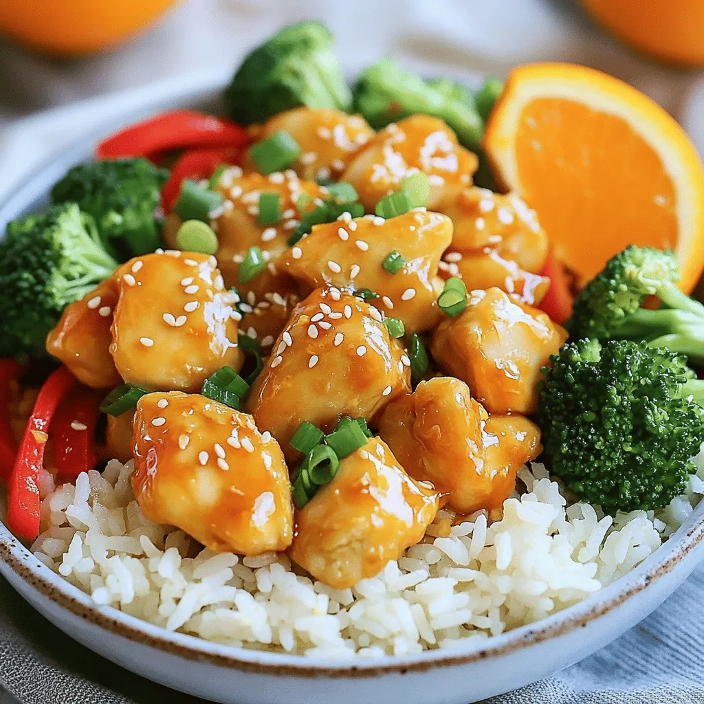 - 1 lb chicken breast, cut into bite-sized pieces - 1 cup orange juice (freshly squeezed for best flavor) - 2 tablespoons soy sauce The chicken breast is the star of this dish. It cooks quickly and stays tender. I always prefer fresh orange juice. It makes a big difference in flavor. Soy sauce brings a nice saltiness that balances the sweetness. - 1 bell pepper (red or orange), diced - 1 cup broccoli florets - 2 green onions, chopped I love adding colorful veggies. They not only look good but also add nutrition. Bell peppers give a sweet crunch. Broccoli florets add a nice bite. Green onions bring a fresh taste and a pop of color. - 1 tablespoon honey - 1 tablespoon cornstarch - ½ tablespoon grated ginger - 2 cloves garlic, minced Honey adds a touch of sweetness. It helps the sauce stick to the chicken. Cornstarch thickens the sauce nicely. Ginger and garlic bring warmth and depth to the flavor. These ingredients make the sauce rich and tasty. To start, I mix the marinade ingredients in a bowl. I use: - 1 cup orange juice - 2 tablespoons soy sauce - 1 tablespoon honey - 1 tablespoon cornstarch - ½ tablespoon grated ginger - 2 cloves garlic, minced I stir everything until it's well blended. Next, I place the chicken pieces in a zip-top bag. I pour half of the marinade over the chicken and seal the bag. I let it marinate for at least 30 minutes. For more flavor, I suggest marinating for up to 2 hours in the fridge. I heat a large skillet over medium-high heat and add a drizzle of olive oil. When the oil is hot, I add the marinated chicken. I cook the chicken until it turns golden brown and is cooked through. This takes about 5-7 minutes. Once done, I remove the chicken from the skillet and set it aside. I add a bit more olive oil to the same skillet if needed. Then, I toss in the diced bell pepper and broccoli florets. I sauté the vegetables for about 3-4 minutes. I want them just tender, not mushy. After that, I pour in the remaining marinade. I bring it to a simmer and add back the chicken. I stir everything to combine and let the sauce thicken for another 2-3 minutes. Finally, I season with salt and pepper and stir in chopped green onions before removing it from the heat. - Best practices for marinating chicken: Use a zip-top bag to coat the chicken evenly. Marinate for at least 30 minutes. For stronger flavor, marinate up to 2 hours in the fridge. - Cooking time adjustments for different stoves: Medium-high heat works well for most stoves. If your stove runs hot, reduce the heat slightly to avoid burning the chicken. - Ideal rice options to pair: Jasmine rice is perfect for this dish. Its fragrant flavor complements the orange chicken well. You can also try brown rice for added fiber. - Presentation tips for bowls: Use colorful bowls to make your dish pop. Add a wedge of orange and some extra green onions on top for color and freshness. - Alternatives for soy sauce: Use tamari for a gluten-free option. Coconut aminos is another great choice for a sweeter taste. - Using different vegetables: You can swap out broccoli for snap peas or zucchini. Bell peppers can be any color, depending on your preference. {{image_2}} You can add some heat to your orange chicken bowls by using chili sauce. Just a spoonful can really kick up the flavor. Mix it into the marinade for a spicy twist. You may also try adding other citrus flavors, like lime or lemon juice. This will give your dish a fresh and bright taste. If you need gluten-free options, choose tamari instead of soy sauce. It has a similar taste and is safe for those with gluten sensitivities. For a lower-calorie meal, swap out honey for agave syrup. You can also use less oil when cooking the chicken. These small changes can make a big difference in your dish. Preparing your orange chicken bowls in advance can save you time. You can marinate the chicken a day before. This allows the flavors to soak in and makes cooking faster. Store the marinated chicken in the fridge. For storage, use airtight containers for your meals. Keep cooked chicken and vegetables separate from the rice. This helps keep everything fresh. When you’re ready to eat, just reheat it all together for a quick and tasty meal. To keep your Orange Chicken Bowls fresh, store them properly. Place leftovers in an airtight container. This helps lock in flavor. Refrigerate the container right away. Your dish will last up to four days in the fridge. If you want to save it longer, freezing is a great option. Divide your leftovers into smaller portions. This makes it easy to reheat later. Wrap each portion tightly in plastic wrap or foil. Then, place them in a freezer-safe bag or container. Your Orange Chicken Bowls can freeze well for up to three months. When it's time to enjoy your leftovers, there are a few ways to reheat them. The best method is using a skillet. Heat it over medium heat and add a splash of water or broth. This prevents the chicken from drying out. Stir often until everything is warm. Avoid using a microwave if you can. It often makes the chicken soggy. If you must use a microwave, cover the bowl with a damp paper towel. This helps keep moisture in while reheating. Knowing when to discard your leftovers is important. In the fridge, your Orange Chicken Bowls last up to four days. If you freeze them, they can last up to three months. Always check for signs of spoilage before eating. If you see any mold or if it smells off, it's time to throw it away. Trust your senses; they are your best guide for food safety. Yes, you can use frozen chicken. Start by thawing it in the fridge overnight. If you're in a hurry, you can use the microwave's defrost function. Once thawed, cut it into bite-sized pieces. - Make sure to pat the chicken dry before marinating. This helps the marinade stick better. - Cook the chicken a bit longer. Frozen chicken takes more time to cook through, about 8-10 minutes. You have many tasty options for sides. Here are some ideas: - Jasmine rice: This is the perfect base for your orange chicken. - Steamed rice: A simple and classic choice. - Stir-fried vegetables: Broccoli, snap peas, or carrots add color and nutrition. - Salad: A light salad with a citrus vinaigrette can be refreshing. If you like heat, there are easy ways to spice it up: - Chili sauce: Add your favorite chili sauce to the marinade. Sriracha or chili garlic sauce works well. - Red pepper flakes: Stir some into the sauce while cooking. Start with a pinch and add more if needed. - Fresh chilies: Slice fresh jalapeños or Thai chilies and toss them in with the vegetables for extra kick. This blog post covered a tasty orange chicken bowl recipe. We discussed the key ingredients like chicken, orange juice, and soy sauce. I shared cooking steps to get the chicken just right and tips for perfect veggies. You learned about serving ideas, ingredient swaps, and meal prep hints. In conclusion, this dish is easy to make and fun to adjust. Whether you want spice or healthier options, you can tailor it to your taste. Enjoy making this delightful meal!
