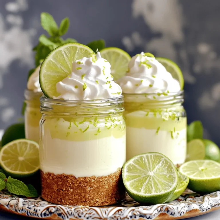 - 1 cup graham cracker crumbs - 1/4 cup unsalted butter, melted - 2 (8 oz) packages cream cheese, softened - 1 cup powdered sugar - 1/2 cup sour cream - 1/4 cup fresh lime juice (about 2-3 limes) - Zest of 2 limes - 1 teaspoon vanilla extract - Whipped cream, for topping - Lime slices, for garnish You can swap graham crackers for crushed cookies or oats. For butter, use coconut oil or margarine. If you want a dairy-free option, try vegan cream cheese. You can use maple syrup instead of powdered sugar for a different sweet taste. Greek yogurt can replace sour cream for a tangy twist. If fresh limes are not available, use bottled lime juice, but fresh juice tastes best. You can skip vanilla extract, but it adds great flavor. For toppings, use any fruit instead of lime slices. Using fresh ingredients is key to a tasty cheesecake. Fresh limes give a bright and bold flavor that bottled juice can’t match. Cream cheese should be fresh for the best texture and taste. Quality ingredients make your dessert shine. They enhance flavors and create a rich, creamy filling. Freshness also improves the look of your dessert. A beautiful, tasty treat is sure to impress your friends and family. To make the crust, gather your graham cracker crumbs and melted butter. In a medium bowl, mix the crumbs and butter. Stir until the crumbs look like wet sand. This step is key to a great base. Next, take your jars and place about 2 tablespoons of the crumb mixture into each one. Press down gently to form a nice crust. This helps keep everything together later. Now, let's move to the filling. In a large mixing bowl, add the softened cream cheese. Beat it with an electric mixer until it is smooth. This makes it easier to mix in other ingredients. Gradually add the powdered sugar while mixing. This will sweeten the filling just right. Then, mix in sour cream, fresh lime juice, lime zest, and vanilla extract. Beat it all together until it is fluffy and smooth. This should take about 2 minutes. After making the filling, it's time to assemble the jars. Spoon or pipe the cheesecake filling over the crust in each jar. Fill them about 3/4 full. This gives you a nice layer of cheesecake. Use a spatula to smooth the tops. Now, place the jars in the refrigerator. Chill them for at least 4 hours or until set. This helps the flavors blend and the filling firm up. Before serving, add a dollop of whipped cream on top and a slice of lime for a fresh touch. Enjoy your delicious no-bake key lime cheesecake jars! To get a smooth and creamy cheesecake, start with soft cream cheese. Let it sit out for about 30 minutes. Beat it well with a mixer until it’s fluffy. Add the powdered sugar slowly to avoid lumps. When you mix in the sour cream and lime juice, do it gently. This helps keep the mix nice and airy. Want to save time? Use a food processor for the graham cracker crust. It makes quick work of crushing the crackers. You can also prep the jars a day ahead. Just chill them overnight. This gives the flavors time to blend and taste even better. For this recipe, I recommend having a few key tools on hand. You need a medium bowl for the crust and a large bowl for the filling. An electric mixer is great for smooth results. Use a spatula to help layer the cheesecake into the jars. Finally, a piping bag makes filling the jars neat and easy. {{image_2}} You can easily change the flavor of your cheesecake jars. For a tropical twist, add shredded coconut to the filling. Just mix in 1/2 cup of unsweetened shredded coconut with the cream cheese. Another idea is to use lemon juice instead of lime juice for a lemon cheesecake. You can also add a touch of coconut extract for more coconut flavor. This keeps it fun and fresh! Garnishing your jars can make a big difference. Instead of lime slices, try using fresh berries. Strawberries or blueberries add a lovely color. You can also sprinkle some toasted coconut on top for crunch. For a chocolate lover, drizzle melted dark chocolate over the whipped cream. These small touches can wow your guests and make the dessert look stunning. These cheesecake jars are great for parties! You can set them on a table for a fun dessert bar. Use different jars to create a colorful display. Consider adding mini spoons for easy serving. You can even pair them with coffee or tea. This adds a nice touch to your gathering and lets everyone enjoy their own little treat. To keep your no-bake key lime cheesecake jars fresh, store them in the fridge. Use an airtight container to prevent any smells from getting in. If you stack the jars, place parchment paper between them to avoid sticking. Keep them away from strong-smelling foods, as cheesecake can absorb odors easily. These cheesecake jars can last for about 5 days in the fridge. After that, the crust might get soggy, and the filling may lose its freshness. Always check for any off smells or changes in texture before serving. If you notice anything odd, it’s best to toss them out. You can freeze these cheesecake jars, but it’s best to do this before adding the whipped cream. Wrap each jar tightly in plastic wrap and then in foil. They can last up to 3 months in the freezer. When you are ready to eat, let them thaw in the fridge overnight. Add whipped cream and lime slices just before serving for the best taste. Yes, you can make these jars a day or two ahead. Just chill them in the fridge. The flavors will deepen and taste even better. Make sure to cover the jars tightly. This keeps them fresh and tasty. If you need a swap for cream cheese, try using Greek yogurt. It gives a nice tang. Another option is mascarpone cheese. It is rich and creamy, just like cream cheese. Both choices work well in this recipe. To keep the crust crunchy, use fresh graham cracker crumbs. Mix them with melted butter well. Press them firmly into the bottom of the jars. Avoid adding the filling too soon. Let the crust chill for a bit before adding the cheesecake layer. This helps keep it firm. This blog post gave you a clear guide on making cheesecake jars. We covered essential ingredients, substitutions, and the importance of freshness. You learned how to prepare the crust, make the filling, and assemble the jars. I shared tips for the right texture and time-saving tricks. We explored flavor variations and garnishing ideas for your parties. Lastly, I provided storage tips to keep your treats fresh. Enjoy making these delicious desserts, and don’t hesitate to experiment with your flavors!