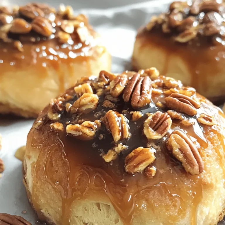 When making caramel pecan sticky buns, you need the right ingredients. Here’s what you will need: - 3 cups all-purpose flour - 1/4 cup granulated sugar - 1/2 teaspoon salt - 2 teaspoons instant yeast - 1/2 cup warm milk (110°F) - 1/4 cup unsalted butter, melted - 1 large egg - 1/2 teaspoon vanilla extract - 1/2 cup brown sugar - 1/2 cup pecans, chopped - 1/4 cup unsalted butter, softened - 1 tablespoon ground cinnamon - 1/4 cup maple syrup - Pinch of nutmeg These ingredients work together to create soft, sweet buns. Flour gives the dough structure. Sugar adds sweetness, while salt balances flavors. Yeast helps the dough rise, making it fluffy and light. Warm milk activates the yeast. Butter enriches the dough, adding flavor and moisture. The egg binds the ingredients and gives a rich texture. Vanilla extract provides a lovely aroma. Brown sugar and pecans bring the sticky element. Cinnamon warms the flavor, and maple syrup adds extra sweetness. Lastly, nutmeg gives a hint of spice, enhancing the overall taste. Gather these ingredients before you start. It makes the process smooth and fun. You’ll enjoy the journey to making these tasty treats! 1. In a large bowl, mix the dry ingredients. Combine 3 cups of flour, 1/4 cup sugar, 1/2 teaspoon salt, and 2 teaspoons instant yeast. Stir well to blend them. 2. In another bowl, mix the wet ingredients. Combine 1/2 cup warm milk, 1/4 cup melted butter, 1 large egg, and 1/2 teaspoon vanilla. Whisk until smooth. 3. Pour the wet mixture into the dry ingredients. Stir until a dough forms. 4. Knead the dough on a floured surface. Do this for about 5 to 7 minutes. The dough should feel smooth and elastic. Place it in a greased bowl. Cover with a damp cloth. Let it rise in a warm spot for 1 hour or until it doubles in size. 1. After the dough rises, punch it down. Roll it out on a floured surface. Aim for a rectangle about 1/4 inch thick. 2. Spread softened butter over the dough. Then, sprinkle 1/2 cup brown sugar, 1 tablespoon cinnamon, and 1/2 cup chopped pecans evenly across the dough. 3. Roll the dough into a log shape. Start from one edge and roll carefully. Pinch the seam to seal it. 4. Slice the log into 12 equal pieces. Place these slices in a greased baking dish. 1. To prepare the caramel topping, mix 1/4 cup melted butter, 1/4 cup maple syrup, and a pinch of nutmeg in a small pot. Heat on low until combined. 2. Pour this caramel mixture over the sliced buns in the dish. 3. Cover the dish with plastic wrap and let it rise again for 30 minutes. 4. Preheat the oven to 350°F (175°C). Bake the sticky buns for 25 to 30 minutes. They should be golden brown and bubbly. 5. When they are baked, let them cool for 5 minutes. Invert the dish onto a platter to show off the caramelized pecan topping. Enjoy the warm, sweet delight! To make great sticky buns, you need good dough. Start by kneading the dough for 5 to 7 minutes. This builds gluten and makes the dough smooth. If your dough feels too sticky, add a little flour. If it’s too dry, add a drop of water. The best rising environment is warm and humid. I like to use my oven. Turn it on for a minute, then turn it off. Place the dough in there to rise. Cover it with a damp cloth to keep it moist. Let it rise until it doubles in size. To boost flavor, add spices like nutmeg or cardamom. A pinch of these can make a big difference. You can also mix in some lemon zest for a fresh twist. For nuts, pecans are ideal. But feel free to swap them for walnuts or almonds. Each nut brings its own flavor. You can replace brown sugar with honey or agave syrup for different sweetness. When serving your sticky buns, make them look special. Drizzle extra maple syrup on top. Garnish with whole pecans for a nice touch. Arrange them on a pretty plate to impress guests. Pair these buns with warm coffee or a creamy latte. They also taste great with a glass of milk. The sweet and nutty flavors match perfectly with these drinks. {{image_2}} I love to play with flavors in my sticky buns. You can try chocolate chip caramel sticky buns. Just add chocolate chips to the filling. The sweet chocolate pairs great with the caramel. Another fun option is pumpkin spice sticky buns. Add pumpkin puree and pumpkin spice to the dough. This gives the buns a warm, cozy flavor perfect for fall. If you need gluten-free sticky buns, swap regular flour for a gluten-free blend. Make sure it has xanthan gum for the texture. You can still enjoy that soft, fluffy bite. For a vegan version, replace the egg with a flaxseed egg. Mix one tablespoon of flaxseed meal with three tablespoons of water. Use plant-based milk and coconut oil instead of butter. These swaps keep the buns tasty and light. You can serve sticky buns in various ways. Individual sticky bun cups are great for parties. Use a muffin tin to bake them in single portions. Everyone loves their own little bun! Family-style serving is another option. Place all the buns on a large platter. Drizzle them with extra maple syrup and sprinkle with pecans. It makes a beautiful and inviting display for everyone to enjoy. To keep your caramel pecan sticky buns fresh, store them in an airtight container. Place them in the fridge to maintain their flavor and texture. They will stay good for about 3 to 5 days when stored this way. Oven heating: Preheat your oven to 350°F (175°C). Place the sticky buns on a baking sheet. Heat them for about 10 to 15 minutes until warm. This method keeps the buns soft and delicious. Microwave instructions: For a quick reheat, place a bun on a microwave-safe plate. Heat it for about 15 to 20 seconds. Check to see if it is warm enough. This method is fast but may make the buns a bit chewy. To freeze your sticky buns, first let them cool completely. Wrap each bun tightly in plastic wrap. Then place them in a freezer-safe bag or container. They can last up to 2 months in the freezer. For thawing, simply move the buns from the freezer to the fridge overnight. For quicker results, you can thaw them at room temperature for a few hours. Caramel pecan sticky buns can last about 3 to 5 days in the fridge. Make sure to store them in an airtight container. This keeps them fresh and prevents them from drying out. If you want to enjoy them longer, try freezing them. Yes, you can make sticky buns ahead of time! Prepare the dough and let it rise. Then, cover it and place it in the fridge overnight. In the morning, allow the dough to come to room temperature. Then, shape, fill, and bake as usual. This method saves time and keeps your morning stress-free. If you need to substitute pecans, there are several great options. You can use walnuts, almonds, or hazelnuts. For a nut-free version, try using seeds like sunflower seeds or pumpkin seeds. Dried fruit or chocolate chips can also add a sweet twist. This blog gave you a clear path to make delicious caramel pecan sticky buns. We covered the ingredients, detailed step-by-step instructions, and shared tips to enhance flavor. Remember, you can try fun variations and make smart storage choices. Baking should be enjoyable, so don’t stress. Use these steps to create treats that everyone will love. Happy baking!